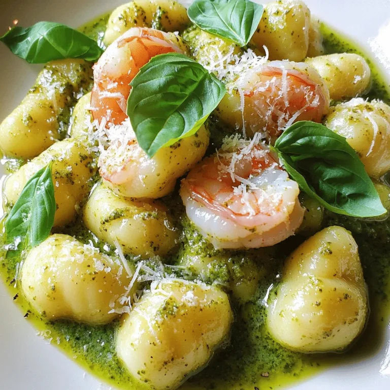 To make creamy pesto shrimp gnocchi, gather these simple items: - 1 pound of gnocchi (fresh or frozen) - 1 pound of shrimp, peeled and deveined - 1 cup heavy cream - ½ cup basil pesto (store-bought or homemade) - 2 tablespoons extra virgin olive oil - 2 cloves garlic, finely minced - Sea salt and freshly ground black pepper to taste - Grated Parmesan cheese, for serving - Fresh basil leaves, for garnish Choose shrimp that look shiny and clear. Avoid any with black spots or a strong odor. Fresh shrimp should feel firm to the touch. If you can, buy shrimp from local markets or trusted sources. Wild-caught shrimp often taste better than farmed shrimp. If you need to buy frozen shrimp, pick ones that are frozen quickly and are still firm. You can use fresh or frozen gnocchi for this recipe. Fresh gnocchi cooks faster and has a soft texture. Frozen gnocchi may need a minute longer to cook. Check the label for cooking time. Look for gnocchi made with quality ingredients. If you're feeling adventurous, you can even try making gnocchi at home using potatoes and flour. This adds a personal touch to your dish. Start by boiling a large pot of salted water. When the water is bubbling, add the gnocchi. Fresh gnocchi cooks fast, usually 2 to 4 minutes. You know they are done when they float to the top. Once cooked, drain them well. Make sure they are not sticky, or they will clump together. Next, grab a large skillet and heat olive oil over medium heat. Add minced garlic and cook it for about 30 seconds. You want it to smell nice, not burn. Now, add the shrimp to the skillet. Sprinkle sea salt and black pepper over them. Cook for 2 to 3 minutes on each side until they turn pink and opaque. After cooking, take the shrimp out and keep them warm while you move to the next step. In the same skillet, lower the heat and pour in the heavy cream. Stir in the basil pesto until it mixes well. Let the sauce simmer for 1 to 2 minutes. This step helps it thicken up a bit. Make sure to stir it occasionally so it does not stick to the pan. Now it's time to bring everything together. Add the cooked gnocchi and sautéed shrimp back into the skillet. Use a spatula to gently toss them in the creamy pesto sauce. Make sure all the gnocchi and shrimp get coated well. Heat through for another 1 to 2 minutes to blend the flavors. To keep your sauce creamy, start with heavy cream. It gives a rich base. Stir in the basil pesto slowly. This helps blend the flavors well. Let it simmer gently. Too much heat can make the sauce thin. If it gets too thick, add a splash of stock or water. This helps maintain the right consistency. Want to speed things up? Use frozen gnocchi. They cook quickly and save prep time. You can also buy pre-cooked shrimp. Just heat them up in the pan. If you have leftover pesto, use that instead of making fresh. This keeps the dish simple and quick. To prevent sticky gnocchi, follow these steps. First, boil water with plenty of salt. This adds flavor and helps the gnocchi cook evenly. Once they float, drain them right away. Don’t let them sit in the water. Toss them lightly with olive oil. This keeps them separate until you add them to the sauce. {{image_4}} You can switch up the shrimp for other proteins. Chicken works great in this dish. Just cut it into small pieces and cook it like the shrimp. Salmon is another option. You can pan-sear it until it's just cooked, then mix it with the sauce. Even tofu can be used for a plant-based choice. It will soak up the creamy sauce well. To make this dish vegetarian, skip the shrimp. Use mushrooms instead. Sauté them in olive oil until brown and tender. You can also add spinach for extra greens. It will wilt nicely in the creamy sauce. Another option is to use chickpeas. They add protein and a nice texture. You can add spices for extra flavor. A pinch of red pepper flakes gives a nice kick. Fresh herbs like parsley or thyme can brighten up the dish. You can also toss in some cherry tomatoes. They add a sweet burst and color. For a twist, try adding sun-dried tomatoes or olives for a Mediterranean flair. After enjoying your creamy pesto shrimp gnocchi, store any leftovers in an airtight container. This keeps the meal fresh and prevents it from drying out. Make sure to let it cool down before sealing. Store it in the fridge for up to three days. If you want to enjoy it later, keep it separate from the sauce to maintain texture. To reheat, place the leftovers in a skillet over low heat. Add a splash of cream or water to help revive the sauce. Stir gently to warm everything evenly. You can also microwave it in a bowl. Cover it with a damp paper towel to keep it moist. Heat in short bursts, stirring in between, until hot. Freezing creamy pesto shrimp gnocchi is not the best option. The sauce may separate and the texture of the shrimp can change. If you want to freeze it, do so without the sauce. Store the gnocchi and shrimp in a freezer-safe bag. When ready to eat, thaw in the fridge overnight. Then, cook fresh sauce to go with it. Yes, you can use homemade pesto. It adds a fresh taste. Making your own pesto is easy. Just blend basil, garlic, nuts, and olive oil. Then mix in some cheese. Use it in this dish for a personal touch. You can tell shrimp are cooked when they turn pink and opaque. Each shrimp should curl into a C shape. If they are gray or bend into an O shape, they need more time. For best results, cook shrimp for 2-3 minutes on each side. You can use half-and-half or coconut cream instead. Both options will give a creamy texture. If you want a lighter choice, use Greek yogurt mixed with a little milk. This keeps the dish rich without the extra calories. You can prepare parts of this dish ahead. Cook the gnocchi and shrimp earlier in the day. Store them separately in the fridge. Just make the sauce right before serving. This keeps everything fresh and tasty. In this article, we explored how to create a delicious shrimp and gnocchi dish. We discussed selecting fresh shrimp and the right type of gnocchi. You learned step-by-step instructions for cooking and making a creamy sauce. I shared tips for a creamy texture and how to keep gnocchi from sticking. You can also try different proteins or make it vegetarian. Remember, proper storage and reheating make leftovers enjoyable. With these insights, you can impress anyone with your cooking skills. Enjoy every bite!