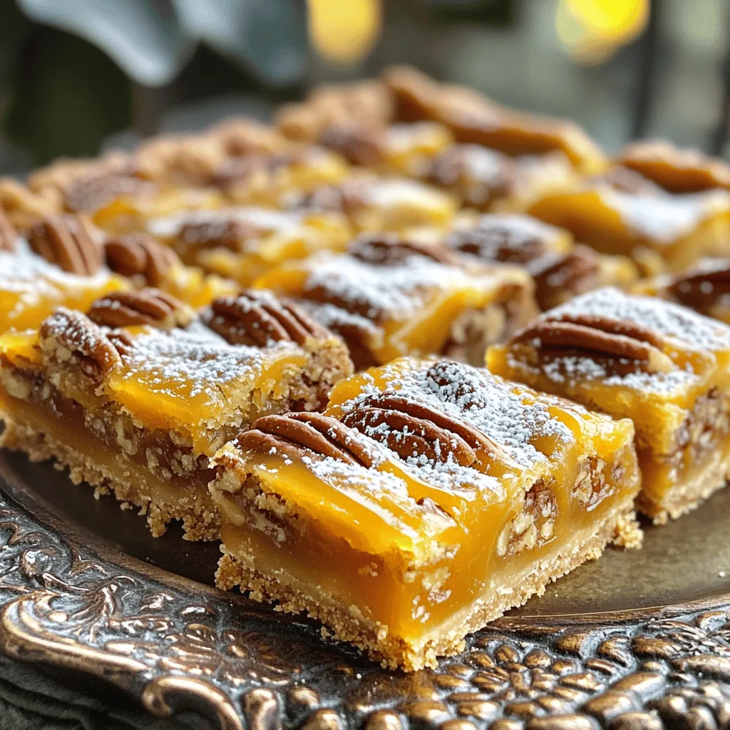 - 1 cup all-purpose flour - 1/4 teaspoon salt - 1/2 teaspoon ground cinnamon For the crust, we need all-purpose flour. This gives our bars a nice base. Salt adds flavor and balances the sweetness. Ground cinnamon brings warmth and a hint of spice. - 1/2 cup unsalted butter, softened - 1/4 cup brown sugar, packed - 1/2 cup granulated sugar - 1 cup light corn syrup - 2 large eggs, at room temperature - 1 teaspoon pure vanilla extract Next, we have our wet ingredients. Unsalted butter makes the crust rich. Brown sugar adds a deep sweetness. Granulated sugar sweetens the filling. Light corn syrup gives it that gooey texture. Eggs help bind everything together. Pure vanilla extract adds a lovely aroma. - 1/2 cup roughly chopped pecans Finally, we can’t forget the pecans. They add crunch and a nutty flavor. Roughly chop them for a great texture. This mix of ingredients creates a perfect sweet treat. Start by preheating your oven to 350°F (175°C). This step is key for even baking. While the oven heats, grab an 8x8 inch baking dish. Lightly grease it or line it with parchment paper. If you use parchment, let it hang over the edges. This makes removal easy later. In a medium mixing bowl, cream together 1/2 cup of softened unsalted butter and 1/4 cup of packed brown sugar. Use a hand mixer or a wooden spoon. Mix for about 2-3 minutes until light and fluffy. Gradually add in 1 cup of all-purpose flour and 1/4 teaspoon of salt. Blend until a soft dough forms. Press this dough evenly into the bottom of your prepared baking dish. Make sure it’s a flat layer for good baking. Now, transfer the crust to the preheated oven. Bake it for about 15 minutes, or until it turns a light golden brown. When it’s done, remove it from the oven. Let it cool for a few minutes before adding the filling. In a large mixing bowl, combine 1 cup of light corn syrup, 1/2 cup of granulated sugar, and 2 large eggs. Add 1 teaspoon of pure vanilla extract and 1/2 teaspoon of ground cinnamon. Whisk this mixture well until it’s smooth and free of lumps. Next, gently fold in 1/2 cup of roughly chopped pecans. Once mixed, carefully pour this pecan filling over the warm crust. Use a spatula to spread it out evenly. Return the dish to the oven and bake for another 25-30 minutes. Look for a set filling and a golden top. After baking, take the dish out of the oven. Let it cool in the pan for about 1 hour at room temperature. Once cooled, move the dish to the refrigerator. This helps the bars firm up. When fully cooled, lift the bars out using the parchment overhang. Cut them into squares or bars. Enjoy your sweet treat! To make the crust just right, you need even pressure when pressing the dough. Start by using your fingers or a flat-bottomed cup to press it down evenly. This helps it cook well. You want a nice, golden color. To achieve this, bake the crust for about 15 minutes. Keep an eye on it. If it starts to brown too much, take it out early. For a smooth filling, whisk the mixture well. Combine the corn syrup, sugars, eggs, and vanilla. Use a strong whisk to break up any lumps. This ensures a creamy texture. When baking, check for doneness after about 25 minutes. The filling should be set and not jiggle too much. If it looks firm, it's ready. Presentation matters! Arrange the caramel pecan pie bars on a colorful platter. An elegant touch is to dust them with powdered sugar. Just before serving, drizzle some caramel sauce on top. This adds flavor and makes it look amazing. Enjoy these bars with a scoop of vanilla ice cream for a perfect treat! {{image_4}} You can easily change the flavor of these caramel pecan pie bars. Adding chocolate chips or butterscotch chips gives a sweet twist. It’s simple—just fold in a cup of chips before pouring the filling over the crust. You can also spice things up. Incorporating spices like nutmeg or ginger adds warmth and depth. A half teaspoon of nutmeg or ginger works well in the filling. If you want to switch up the nuts, walnuts or almonds work great instead of pecans. Walnuts offer a slightly bitter taste that balances the sweetness. Almonds bring a crunchy texture and a mild flavor. You can also mix different nuts for added texture. Try a combo of pecans and walnuts for a delightful surprise. For those who need gluten-free options, use almond flour or a gluten-free flour blend for the crust. It gives a nice flavor and texture. If you're looking for vegan ideas, replace eggs with flax eggs. Mix one tablespoon of flaxseed meal with three tablespoons of water for each egg. This keeps the bars moist and delicious without any animal products. Cooling your caramel pecan pie bars is key for great texture. After baking, let them cool in the pan for about 1 hour. This helps set the filling. Next, transfer them to the refrigerator to cool completely. Refrigeration gives the bars a firmer texture, making them easier to slice. To keep your bars fresh, place them in an airtight container. This prevents them from drying out. They can last for about 5 days in the fridge. If you want to keep them longer, you can freeze them. Wrap each bar in plastic wrap and then store them in a freezer bag. They can stay good in the freezer for up to 3 months. When it's time to enjoy leftovers, the microwave works well. Heat the bars for about 10-15 seconds. This warms them up without making them too soft. If you prefer the oven, preheat it to 350°F (175°C). Place the bars in for 5-10 minutes. This will help maintain their texture. Enjoy your sweet treat! Yes, you can make these bars ahead of time. I often bake them a day before. Let them cool, then store them in the fridge. They taste great after chilling! The bars are done when the top is golden. The filling should be set but still a bit jiggly. You can also insert a toothpick. If it comes out clean, they are ready! Definitely! You can use coconut sugar instead of brown sugar. Maple syrup can replace corn syrup. For a nut-free version, try using seeds like sunflower seeds. Use a sharp knife for clean cuts. Dip the knife in hot water, then wipe it dry. This helps prevent sticking. Cut them into even squares for a nice look. Store them in an airtight container. Keep them in the fridge to maintain freshness. They last about a week. You can also freeze them for up to three months. Just let them thaw before serving! This blog post covered how to make delicious pecan pie bars. We explored each ingredient, from dry and wet components to the nuts. I shared clear steps to create the perfect bars, with tips to enhance flavor and texture. You can even modify the recipe to fit your needs. Remember to store the bars properly for the best taste. Now, gather your ingredients and enjoy baking these tasty treats!