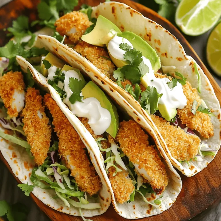 - 1 lb white fish fillets (like tilapia or cod) - 1 cup panko breadcrumbs - 8 small corn tortillas - 1 teaspoon smoked paprika - 1 teaspoon garlic powder - 1 teaspoon ground cumin - 1 teaspoon chili powder - Salt and freshly ground black pepper - 1 cup finely shredded cabbage - 1 ripe avocado, sliced - 1/2 cup sour cream or Greek yogurt - 2 tablespoons fresh lime juice - Fresh cilantro leaves Gathering the right ingredients is key to making tasty air fryer fish tacos. Start with fresh fish fillets. I prefer tilapia or cod for their mild flavor and nice texture. The panko breadcrumbs give the fish a great crunch. You will need only one cup, which is perfect for coating. For the seasoning, I mix smoked paprika, garlic powder, ground cumin, and chili powder. These spices add depth and warmth to the fish. A sprinkle of salt and black pepper finishes the mix. Next, you will need small corn tortillas. These hold everything together nicely. For toppings, I love using finely shredded cabbage for crunch, ripe avocado slices for creaminess, and a bit of sour cream or Greek yogurt for tang. Fresh lime juice brightens the whole dish. Finally, I garnish with fresh cilantro leaves for a burst of flavor. Each ingredient plays a role in making these fish tacos a crunchy and flavorful delight. Start by patting the fish fillets dry. Use paper towels to soak up moisture. This step helps the coating stick well. Next, cut the fillets into strips. Aim for 1-2 inch wide pieces. This size cooks evenly and gives a good bite. In a shallow dish, mix the panko breadcrumbs with spices. Add smoked paprika, garlic powder, ground cumin, and chili powder. Don't forget salt and pepper to taste. Drizzle extra virgin olive oil over the mix. Use a fork to combine until it looks like damp sand. Now, take a fish strip and dip it into the breadcrumb mix. Press gently to coat evenly. Shake off any extra crumbs. Repeat this for all the fish strips. You want them all coated well for that crunchy texture. Preheat your air fryer to 400°F (200°C) for about 5 minutes. This step is key for crispy fish. Once hot, place the coated fish strips in a single layer in the air fryer basket. Cook them for 8-10 minutes. Flip halfway through to ensure even cooking. The fish should be golden brown and crispy when done. While the fish cooks, warm the corn tortillas. Wrap them in a damp paper towel and microwave for 30 seconds. This makes them soft and easy to fold. You can also heat them in a skillet for about 30 seconds on each side. To assemble, take a warm tortilla and add a handful of shredded cabbage. Place a few crispy fish strips on top. Add some avocado slices next. Now, for the sauce! Mix sour cream or Greek yogurt with fresh lime juice in a small bowl. Drizzle this tangy sauce over your tacos. Finally, sprinkle fresh cilantro on top and serve with lime wedges. Enjoy every flavorful bite! To get that perfect crispy texture, start by drying the fish. Pat the fillets with paper towels. This step helps remove excess moisture. When the fish is dry, it will fry better. For coating, use panko breadcrumbs. Mix them with spices like smoked paprika, garlic powder, and chili powder. Drizzle olive oil on the mixture. It should feel like damp sand. This ensures it sticks well to the fish. You can prepare some ingredients ahead of time. Cut the fish into strips and season them. Store them in the fridge until you are ready to cook. You can also prep the toppings. Slice the avocado and shred the cabbage early. To keep the tacos fresh, warm the tortillas just before serving. This makes them soft and easy to fold. Pair your fish tacos with sides like rice, beans, or a fresh salad. A cold drink like limeade or beer goes well with them. For presentation, arrange tacos on a colorful platter. Garnish with lime wedges and cilantro. This makes your dish look bright and inviting. Enjoy your crunchy and flavorful fish tacos! {{image_4}} You can switch up the fish in these tacos. Salmon, mahi-mahi, or shrimp work great. Each fish adds its own taste and texture. Salmon offers a rich flavor, while mahi-mahi is mild and flaky. Shrimp brings a sweet and juicy bite. You can use whatever fish you love most. Just keep the cooking time in mind, as each type may vary. You can choose different tortillas for your tacos. Corn tortillas are classic and add a nice flavor. Flour tortillas are soft and can hold more filling. If you want to cut carbs, look for low-carb tortillas. They still taste good and work well with the fish. Pick the one that suits your diet and taste. Toppings make tacos fun and flavorful. Consider adding spicy slaw, which gives a nice crunch and kick. Mango salsa adds sweetness and freshness, perfect with fish. Pico de gallo is another tasty option, packed with fresh tomatoes and herbs. Mix and match toppings to find your favorite combo. Each adds a unique twist to your crunchy fish tacos. To keep your fish tacos fresh, store leftovers in an airtight container. Place the tacos in the fridge within two hours of cooking. Use parchment paper to separate layers if you stack them. This helps keep them from getting soggy. Tacos can stay fresh for up to three days. Reheat your fish tacos in the air fryer for the best results. Set the air fryer to 350°F (175°C) and heat for about 5 minutes. This method keeps the fish crispy. You can also use a skillet on medium heat. Heat each side for about 2-3 minutes. This helps to warm up the tortillas without making them tough. To freeze fish tacos, keep fish and tortillas separate. Wrap the fish strips in plastic wrap and place them in a freezer bag. For tortillas, stack them with parchment paper in between. Seal in a freezer bag as well. When ready to eat, thaw in the fridge overnight. Reheat the fish in the air fryer and warm the tortillas before serving. Yes, you can use frozen fish fillets. Thaw them first for best results. To thaw, place the fish in the fridge overnight. If you're in a hurry, run cold water over the sealed fish for about 10-15 minutes. Avoid using hot water, as it can cook the fish. Once thawed, pat the fish dry with paper towels. This will help the coating stick better. If you don't have panko, you can use regular breadcrumbs. Crushed cornflakes or tortilla chips also work. For a gluten-free option, try almond flour or crushed nuts. Each substitute will give a different texture. Just keep in mind that panko adds extra crunch. To stop the fish from sticking, oil is key. Lightly spray the air fryer basket with cooking spray. You can also brush a little oil on the fish. This helps create a non-stick surface. Make sure not to overcrowd the basket. Leave space between fish strips for even cooking. Yes, you can easily add heat! Mix some cayenne pepper into the breadcrumb mixture. You can also add sliced jalapeños as toppings. For more flavor, drizzle hot sauce over the assembled tacos. Adjust the spice level to fit your taste. Enjoy the extra kick! You learned how to make tasty fish tacos from scratch. We covered key ingredients and how to cook them perfectly. You can explore different fish and toppings to suit your taste. Remember to store leftovers well and enjoy them later. These tacos are fresh and fun to make. Try out the tips to impress friends at your next meal. Now it’s time to delight in your homemade fish tacos!