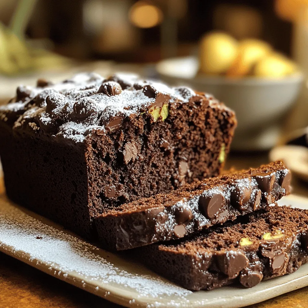- 1 ½ cups grated zucchini (approximately 1 medium zucchini) - 1 cup all-purpose flour - 1 cup whole wheat flour - ½ cup unsweetened cocoa powder - 1 teaspoon baking soda - ½ teaspoon baking powder - ½ teaspoon salt - 1 teaspoon ground cinnamon - ½ cup vegetable oil - ¾ cup brown sugar, packed - ½ cup granulated sugar - 3 large eggs, at room temperature - 1 teaspoon pure vanilla extract - 1 cup semi-sweet chocolate chips - Optional: ½ cup chopped walnuts or pecans This recipe uses simple ingredients that pack a big flavor punch. The grated zucchini adds moisture, making the bread soft and tender. The all-purpose and whole wheat flours give it a nice texture. Cocoa powder brings in that rich chocolate flavor. Baking soda and baking powder work together to help the bread rise. Salt enhances the other flavors, while ground cinnamon adds warmth and spice. Vegetable oil keeps the bread moist, while brown sugar and granulated sugar provide sweetness. Using eggs helps bind the ingredients together and adds richness. The vanilla extract brightens the flavors and makes it smell great. Semi-sweet chocolate chips melt into the batter, creating gooey pockets of chocolate. You can add nuts like walnuts or pecans for extra crunch and flavor. Adjust the amounts based on your taste. These ingredients come together to create a deliciously decadent treat! - Preheating Temperature First, set your oven to 350°F (175°C). This is the perfect heat to bake your bread. - Greasing Techniques Grease a 9x5 inch loaf pan with cooking spray or butter. You can also line it with parchment paper. This makes removal easy after baking. - Combining Zucchini, Oils, and Sugars In a medium bowl, mix grated zucchini, vegetable oil, brown sugar, granulated sugar, eggs, and vanilla extract. Use a whisk or spatula to blend until smooth. - Importance of Mixing Well Mixing well ensures a nice, even batter. This helps all flavors come together. - Whisking Techniques for Even Distribution In a larger bowl, whisk together all-purpose flour, whole wheat flour, cocoa powder, baking soda, baking powder, salt, and cinnamon. This helps the leavening agents and spices spread out evenly. - Why Accurate Measurements Matter Accurate measurements are key in baking. They affect the texture and rise of your bread. - Techniques for Folding Batter Pour the wet mixture into the dry ingredients. Gently fold them together with a spatula. This keeps the batter light and airy. - Avoiding Overmixing for Texture Be careful not to overmix. This can make your bread tough instead of soft. - Distributing Add-ins Evenly Fold in your chocolate chips and any nuts. Make sure they are spread throughout the batter for a delicious bite. - Baking Time and Temperature Tips Place your loaf pan in the oven. Bake for 50 to 60 minutes. Check with a toothpick; it should come out clean or with a few moist crumbs. - Cooling Techniques for Best Results After baking, let the bread cool in the pan for about 10 minutes. Then, move it to a wire rack to cool completely. This helps keep the bread from getting soggy. Using room temperature ingredients helps create a smooth batter. Cold eggs or oil can make the mix dense. Always take out your eggs and oil before you start. Let them sit for about 30 minutes. This small step makes a big difference. To avoid moisture issues, don’t skip squeezing the zucchini. Grate the zucchini and place it in a clean towel. Squeeze tightly to remove excess water. This helps keep the bread from becoming too soggy. Adding spices can boost the taste of your zucchini bread. Try adding a pinch of nutmeg or a dash of vanilla. Cinnamon brings warmth, but don’t overdo it. You want it to enhance, not overpower. When choosing cocoa powder, unsweetened is your best friend. It gives a rich chocolate flavor. Semi-sweet chocolate chips add sweetness without being too much. Mixing both offers balance. To serve your double chocolate zucchini bread, slice it about an inch thick. Serve it warm for the best taste. A light dusting of powdered sugar looks nice and adds a sweet touch. For extra indulgence, add a dollop of whipped cream or a scoop of vanilla ice cream on the side. This makes the dish feel special and decadent. Enjoy your creation with a hot cup of coffee or tea! {{image_4}} Substituting Ingredients for Lower Sugar You can cut down on sugar easily. Swap out half of the brown sugar for applesauce. This keeps the bread moist and tasty. You can also use coconut sugar for a lower glycemic option. Gluten-Free Options For a gluten-free twist, use almond flour or a store-bought gluten-free blend. Just make sure to add an extra egg to help with binding. This keeps the texture light and fluffy. Adding Fruits or Other Chocolates You can add fruits like mashed bananas or chopped strawberries for extra flavor. Dark chocolate chips can also replace semi-sweet chips for a richer taste. Experimenting with Spices Try adding a dash of nutmeg or cardamom. These spices can give your bread a unique twist. You’ll find that they enhance the chocolate flavor beautifully. Best Nuts to Pair with the Recipe Walnuts or pecans work great in this recipe. They add a nice crunch and flavor. You can even toast them lightly for more depth. Other Additions to Consider Consider folding in shredded coconut or a handful of dried cherries. These add different textures and surprise flavors. Feel free to get creative with what you have in your pantry! Store your double chocolate zucchini bread at room temperature for the best taste. Wrap it in plastic wrap or foil. This keeps it moist. You can also place it in an airtight container. If you want it to last longer, refrigerate it. However, this may change the texture. - How to Properly Freeze Bread Let the bread cool completely. Then, wrap it tightly in plastic wrap. After that, add a layer of foil for extra protection. This prevents freezer burn. Label the bread with the date. - Thawing Tips for Best Quality To thaw, take the bread out and leave it at room temperature. It usually takes a few hours to thaw fully. If you're in a hurry, you can use the microwave. Heat it for 10 to 15 seconds. Just be careful not to overheat. - How Long Does It Last? When stored at room temperature, the bread lasts about 3 to 4 days. If you keep it in the fridge, it may last a week. If frozen, it can remain good for up to 3 months. Always check for changes in smell or texture before eating. Yes, you can use frozen zucchini. Just thaw it out first. Squeeze out the extra water. This helps keep the bread from becoming too wet. Frozen zucchini works great in this recipe. Check the bread near the end of baking. Insert a toothpick into the center. If it comes out clean or with a few moist crumbs, the bread is done. If it has wet batter, bake it a few more minutes. Yes, you can make some swaps. Use coconut oil instead of vegetable oil. You can also use other types of flour, like almond flour. Just keep in mind that this may change the flavor and texture. I love serving this bread warm. You can dust it with powdered sugar. A scoop of vanilla ice cream on the side is a great treat. You can also add whipped cream for an extra touch. Zucchini adds moisture and nutrients. It is low in calories and high in fiber. This bread can be a healthier dessert option. The dark chocolate provides antioxidants as well. Enjoying it in moderation adds to your diet. In this post, we covered how to make delicious double chocolate zucchini bread. We discussed all the ingredients you'll need, from grated zucchini to semi-sweet chocolate chips. You learned step-by-step instructions for mixing and baking. I shared tips for the best texture and flavor. Remember, you can customize this recipe with healthier options or different flavors. Proper storage ensures your bread stays fresh. Enjoy this tasty treat that pairs well with many occasions. Now, get baking and delight in this chocolatey goodness!