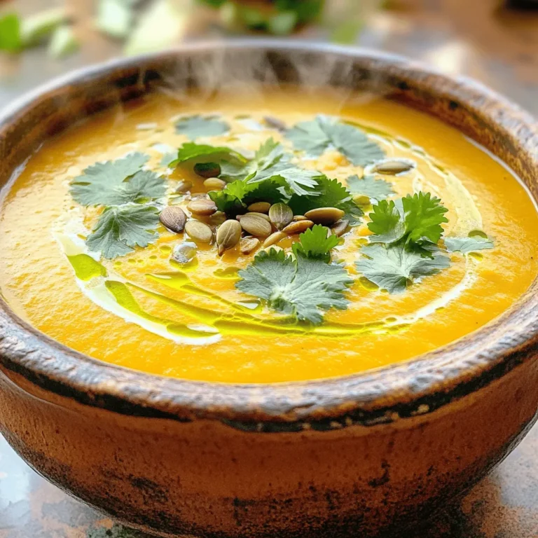 - 1 medium-sized pumpkin (approximately 3-4 pounds), peeled and diced into uniform pieces - 1 medium onion, finely chopped - 3 cloves of garlic, minced - 1 teaspoon ground ginger - 1 teaspoon ground cumin - 1 teaspoon ground coriander - 1 can (14 oz) coconut milk - 4 cups vegetable broth (preferably low-sodium) - 2 tablespoons extra virgin olive oil - Salt and pepper, to taste - Fresh cilantro leaves or toasted pumpkin seeds (for garnishing) In this recipe, pumpkin is the star. It gives the soup a creamy base and a sweet flavor. I love using a medium-sized pumpkin, as it provides just the right amount for this dish. When you peel and dice it, aim for uniform pieces. This helps in even roasting. Next, I add onion and garlic for depth. The onion adds sweetness, and the garlic gives a lovely aroma. Together, they create a great flavor foundation for the soup. Spices play a key role too. I use ground ginger, cumin, and coriander. They bring warmth and a hint of earthiness. The coconut milk makes the soup rich and creamy. It balances the flavors perfectly. Vegetable broth adds extra depth. I recommend using low-sodium broth. This way, you can control the saltiness of the soup. Olive oil helps in roasting the veggies and adds a nice richness. Finally, I season with salt and pepper. Adjust these to your taste for the perfect finish. Don't forget the garnishes! Fresh cilantro or toasted pumpkin seeds add a nice crunch and freshness to each bowl. They make the soup look beautiful too. Enjoy these simple and essential ingredients for a delightful creamy roasted pumpkin soup! - Preheat the Oven Start by preheating your oven to 400°F (200°C). A hot oven gives the pumpkin and onion a nice caramelization. - Prepare the Vegetables In a large baking tray, mix the diced pumpkin, chopped onion, and minced garlic. Drizzle olive oil over the veggies. Add salt and pepper to taste. Toss everything well until the vegetables are nicely coated. - Roast the Vegetables Place the tray in the preheated oven. Roast for 30-35 minutes. Stir halfway through for even cooking. Your pumpkin should become tender and golden. - Combine Spices and Broth Take the roasted veggies out of the oven. In a large pot, add the pumpkin, onion, and garlic. Sprinkle in ground ginger, cumin, and coriander. Stir well to mix the spices with the vegetables. - Blend the Soup Pour in the vegetable broth. Bring the mix to a boil, then lower the heat to a gentle simmer. Cook for about 10 minutes. This helps all the flavors come together. Use an immersion blender to puree the soup until smooth. You can also use a countertop blender, but remember to vent the top. - Incorporate Coconut Milk Add the coconut milk to the pot. Stir it in and let the soup heat on low for another 5 minutes. Taste the soup and adjust the salt and pepper if needed. - Serve and Garnish Serve the soup hot in bowls. Top with fresh cilantro leaves or a sprinkle of toasted pumpkin seeds. This adds a nice crunch and makes the soup look appealing. Enjoy every spoonful of this creamy delight! Roasting Time and Temperature Roasting your pumpkin at 400°F (200°C) for 30-35 minutes works well. This heat brings out the sweetness. The edges of the pumpkin and onion should brown slightly. This adds flavor and depth to the soup. Importance of Tossing Vegetables Toss your veggies well before roasting. This step helps them cook evenly. It ensures every piece gets coated with oil and seasoning. Stir halfway through the roasting time too. This keeps them from burning and promotes even cooking. Using an Immersion Blender vs. Countertop Blender An immersion blender is my favorite. It lets you blend the soup right in the pot. This saves time and cuts down on dishes. If you use a countertop blender, blend in small batches. Always vent the lid to let steam escape. This prevents spills and burns. Tasting and Seasoning Adjustments Always taste your soup before serving. You might need more salt or pepper. Feel free to add a touch of spice or sweetness if it needs it. A squeeze of lime can brighten flavors too. Adjusting flavors makes your soup unique and delightful. {{image_4}} If you want to change the coconut milk, you can use almond milk or cashew cream. Both options give a nice, creamy texture. You can also try oat milk for a milder taste. Each choice brings its own flavor, making the soup unique. You can mix in other veggies for extra taste. Carrots add sweetness. Sweet potatoes bring a lovely texture. You might also use butternut squash for a different flavor. Just make sure to roast them with the pumpkin. To kick up the flavor, add spices like nutmeg or smoked paprika. These spices add warmth and depth. Fresh herbs like thyme or sage also work well. You can stir them in right before serving for a bright flavor. Garnishes make your soup look special. You can top it with a swirl of coconut milk. Toasted pumpkin seeds add crunch. Fresh cilantro gives a nice touch of green. Each garnish adds a pop of color and taste. This soup is naturally vegan and gluten-free. It’s perfect for everyone! You can enjoy it without worry. Just check your broth to ensure it’s gluten-free. This way, everyone can savor the creamy goodness. Refrigeration Guidelines You can keep leftover creamy roasted pumpkin soup in the fridge. Place it in an airtight container. It stays fresh for about three to five days. Make sure the soup cools down before you store it. Freezing the Soup If you want to keep it longer, freezing is a great choice. Use a freezer-safe container. Leave some space at the top because the soup expands when frozen. It can last for up to three months in the freezer. When ready, thaw it in the fridge overnight before reheating. Best Methods for Reheating The best way to reheat the soup is on the stove. Pour the soup into a pot over low heat. Stir gently until it's warm. You can also use a microwave. Place the soup in a microwave-safe bowl. Heat it in 30-second bursts, stirring in between. How Long to Keep the Soup You can store the soup in the fridge for three to five days. If frozen, it lasts for about three months. After that, the soup can lose flavor and texture. Always check for signs of spoilage before eating. Yes, you can use fresh pumpkin. Fresh pumpkin adds a rich, vibrant flavor. It also gives a nice texture. Canned pumpkin is easy but may lack depth. Fresh pumpkin lets you control the taste and freshness. Advantages of Fresh vs. Canned Pumpkin: - Fresh pumpkin is more flavorful. - It offers better texture. - You can roast and caramelize it for added sweetness. - Canned pumpkin is convenient and saves time. To thicken the soup, you can add a few things. A common method is to include more roasted pumpkin. You can also blend it longer for a creamier texture. Tips for achieving a thicker consistency: - Add a potato when roasting for extra creaminess. - Use less broth than called for. - Try adding a cornstarch slurry to the simmering soup. - Blend some of the soup and leave the rest chunky. Pumpkin soup pairs well with several sides. A warm, crusty bread is a classic choice. It adds texture and makes the meal cozy. You could also serve a fresh salad for a light touch. Best Side Dish Pairings: - Crusty bread or rolls for dipping. - A simple green salad for freshness. - Grilled cheese sandwiches for a comforting bite. - Roasted vegetables for added flavor and nutrition. This article covered how to make a delicious pumpkin soup. You learned about essential ingredients, like pumpkin, spices, and coconut milk. We walked through preparation, cooking, and serving steps. Tips helped perfect your roasting and blending techniques. I also shared variations for customizing flavors and accommodating diets. Now, you can enjoy this warm, tasty soup any time. Try different garnishes and spices to make it your own. Happy cooking!