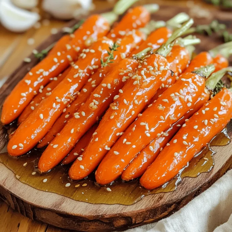 To make honey garlic roasted carrots, gather these key ingredients: - 1 pound baby carrots (or 4 regular carrots, peeled and cut into 1-inch sticks) - 3 tablespoons honey - 2 tablespoons extra virgin olive oil - 4 cloves garlic, finely minced - 1 teaspoon fresh thyme leaves (or ½ teaspoon dried thyme) - Salt and freshly ground black pepper to taste - 1 tablespoon sesame seeds (optional, for garnish) You can easily swap some ingredients if needed. Here are some ideas: - Carrots: Use other root veggies like parsnips or sweet potatoes. - Honey: Maple syrup or agave nectar work well as substitutes. - Olive oil: Any neutral oil, like canola or grapeseed oil, is fine. - Thyme: You can use rosemary or oregano for a different flavor. - Sesame seeds: Try chopped nuts for a crunchier garnish. Choosing good carrots is key for this dish. Here are my best tips: - Look for bright orange carrots. They should feel firm and crisp. - Avoid carrots with soft spots or blemishes. Freshness is important for flavor. - Baby carrots are sweet and tender. If using regular carrots, pick medium-sized ones for the best taste. - If possible, buy organic carrots. They often have better flavor and fewer chemicals. With these ingredients and tips, you're set to create a delicious dish. Enjoy the rich flavors of honey and garlic with the natural sweetness of carrots! First, gather your ingredients. You need: - 1 pound baby carrots (or 4 regular carrots, peeled and cut into 1-inch sticks) - 3 tablespoons honey - 2 tablespoons extra virgin olive oil - 4 cloves garlic, finely minced - 1 teaspoon fresh thyme leaves (or ½ teaspoon dried thyme) - Salt and freshly ground black pepper to taste - 1 tablespoon sesame seeds (optional, for garnish) Next, preheat your oven to 425°F (220°C). This high heat helps the carrots roast nicely. Line a baking sheet with parchment paper. This saves time on cleanup and helps the carrots not stick. In a large bowl, mix the honey, olive oil, minced garlic, fresh thyme, salt, and pepper. Whisk until everything blends smoothly. The honey gives a sweet touch, while garlic adds a nice kick. Add the carrots to the bowl. Toss them gently to coat each piece with the honey garlic mix. Make sure they are all well covered for the best flavor. Spread the coated carrots evenly on the baking sheet. It’s key to leave space between them. This allows hot air to circulate and roast the carrots evenly. Place the baking sheet in your preheated oven. Roast the carrots for about 25 to 30 minutes. Halfway through, stir the carrots gently. This helps them caramelize and get that lovely golden color. When the time is up, take the carrots out of the oven. Let them cool for a few minutes. If you like, sprinkle sesame seeds on top for some added crunch and flavor. For a beautiful presentation, arrange the roasted carrots on a nice platter. Drizzle any leftover honey garlic sauce from the baking sheet over them. This adds extra flavor and makes them look appealing. To finish, add fresh thyme leaves or chopped parsley for a touch of color. These carrots can be a great side dish for any meal. Enjoy your delicious honey garlic roasted carrots! To get great results, space is key. Place the carrots on the baking sheet without crowding. This helps them roast evenly. When carrots sit too close, they steam instead of roast. For best results, use a large baking sheet. If you have more carrots, use two sheets. You can boost the flavor of the carrots in simple ways. Try adding a pinch of cayenne for heat. A splash of balsamic vinegar can add depth. If you love herbs, consider rosemary or oregano. These flavors mix well with honey and garlic. Experiment to find your favorite combo. Caramelization gives carrots a sweet, rich flavor. To achieve this, roast at a high heat of 425°F (220°C). It's important to stir the carrots halfway through. This helps all sides brown nicely. If you want extra caramelization, roast a bit longer. Just keep an eye on them to avoid burning. {{image_4}} You can switch up the carrots with other veggies. Try using baby potatoes, parsnips, or Brussels sprouts. Each vegetable brings its own flavor and texture. For example, Brussels sprouts add a nice crunch and a hint of bitterness that pairs well with the sweet honey. Just cut them into similar sizes for even cooking. If you want to change the sweetness, consider using maple syrup or agave nectar. Both options work well and add their own unique flavor. Maple syrup gives a warm, rich taste. Agave nectar is milder and light. You can also use brown sugar for a caramel touch. Adjust the amount based on your taste. To spice things up, add some heat. Red pepper flakes or cayenne pepper can give your dish a kick. Start with a small amount, then taste. You can also add ground ginger for a warm zing. If you prefer a milder flavor, skip the spices or use a pinch of black pepper. To store leftover honey garlic roasted carrots, let them cool. Place them in an airtight container. Keep them in the fridge for up to four days. Using a container helps to keep the carrots fresh and prevent them from drying out. To reheat, preheat your oven to 350°F (175°C). Spread the carrots on a baking sheet. Heat them for about 10 to 15 minutes. This method keeps the carrots crunchy and tasty. You can also microwave them for 1 to 2 minutes. Use a microwave-safe dish and cover it to keep moisture in. You can freeze honey garlic roasted carrots. Allow them to cool completely. Then, place them in a freezer-safe bag or container. Remove as much air as possible to avoid freezer burn. They can last up to three months in the freezer. When ready to eat, thaw them in the fridge overnight before reheating. Yes, you can make this dish vegan. Simply replace honey with maple syrup. Maple syrup gives a sweet taste similar to honey. You can also try agave nectar as a substitute. Both options work well and keep the flavor delightful. Honey garlic roasted carrots go great with many dishes. They are tasty with grilled chicken or fish. You can serve them alongside quinoa or rice for a healthy meal. They also complement roasted meats like pork and beef. Their sweet and savory flavor adds a nice touch to any plate. To check if the carrots are done, look for a golden color. They should be soft but not mushy. You can poke them with a fork to test the texture. If they slide off easily, they are ready. Roasting takes about 25 to 30 minutes, but keep an eye on them for perfect results. This blog post showed how to make honey garlic roasted carrots. I covered the needed ingredients, important tips, and step-by-step instructions. We also explored tasty variations, how to store leftovers, and key FAQs. Remember that choosing fresh carrots and seasoning well makes a big difference. Roasting gives the carrots a sweet and savory taste that pairs well with many dishes. Enjoy making this dish and share it with friends for a delicious treat!