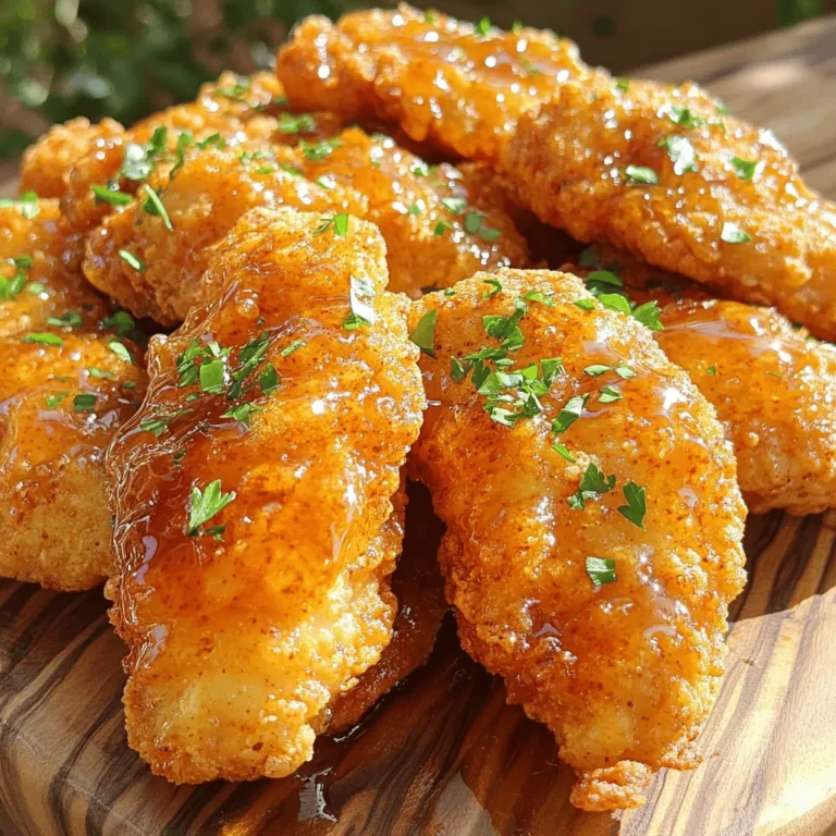 - 1 lb chicken tenderloins - 1 cup buttermilk - 1 cup all-purpose flour - 1 teaspoon garlic powder - 1 teaspoon onion powder - 1 teaspoon smoked paprika - 1 teaspoon cayenne pepper - Salt and freshly cracked black pepper to taste - Vegetable oil, for frying - ½ cup honey - 2 tablespoons your favorite hot sauce - Fresh parsley for garnish Gathering the right ingredients is key to making hot honey chicken tenders. You want fresh chicken tenderloins, buttermilk, and flour to start. Buttermilk gives the chicken a nice, tender bite. It also helps the coating stick well. Next, seasonings add flavor. Garlic powder, onion powder, and smoked paprika give that rich taste. Cayenne pepper adds heat. Adjust the amount based on how spicy you want it. Don't forget salt and black pepper; they enhance all the flavors. For frying, use vegetable oil. It should be hot for a crispy finish. The glaze is a mix of honey and hot sauce. This sweet and spicy combo makes the dish stand out. Finally, fresh parsley is for garnish. It adds color and freshness to the plate. With these ingredients, you will have a tasty treat that everyone will love! Marinate the chicken for at least 30 minutes. I prefer to soak it for up to 2 hours. The buttermilk soak is key. It makes the chicken tender and juicy. The acid in buttermilk breaks down proteins. This process adds great flavor too. In a medium bowl, mix the dry ingredients. Combine flour, garlic powder, onion powder, smoked paprika, cayenne pepper, salt, and pepper. Whisk these until they are well blended. For an even coating, use one hand for dredging. This keeps your other hand clean. Heat the oil in a large skillet. Pour enough vegetable oil to cover the bottom by half an inch. Aim for a temperature of about 350°F (175°C). Look for shimmering oil, but avoid smoking. When frying, place the coated chicken gently in the oil. Cook for 4-5 minutes on each side. The chicken should turn golden brown and reach 165°F (74°C) inside. After frying, use a paper towel-lined plate to drain excess oil. To make your chicken tenders crispy, start with the right oil temperature. Heat your vegetable oil until it shimmers, around 350°F. If your oil is too cool, the chicken will soak up oil and become soggy. If it's too hot, the outside will burn before the inside cooks. Avoid common frying mistakes by not overcrowding the pan. Give each tender space. This ensures even cooking and crispiness. Flip the tenders only once for a nice golden color. Use a thermometer to check if they reach 165°F inside. To adjust the heat, modify the cayenne pepper. If you want less spice, use half a teaspoon. For more heat, you can add a little more. Always taste your seasoned flour before coating the chicken. Choosing the right hot sauce is key. A milder sauce works well for kids. For adults, a hotter sauce can give a nice kick. Mix the honey and hot sauce together, tasting as you go. For the best sides, think about coleslaw or fries. Both add a nice crunch next to the tender chicken. You could also serve with a fresh salad for balance. To present your tenders for guests, line the platter with lettuce leaves. This adds color and keeps the tenders from getting soggy. Drizzle the spicy honey glaze over them right before serving. Add a small bowl of hot sauce on the side for those who like it spicy! {{image_4}} You can switch up the flour for a gluten-free version. Try almond flour or chickpea flour. They work well and add great flavor. For a unique taste, mix in different spices. Try adding Italian herbs or curry powder for a twist. To bake instead of fry, preheat your oven to 425°F (220°C). Line a baking sheet with parchment paper. After coating the chicken, place them on the sheet. Lightly spray them with oil. Bake for 20-25 minutes, flipping halfway. This gives you a crispy finish without all the oil. If you want a lighter dish, swap honey for agave or maple syrup. Both give a sweet touch but with less sugar. You can also cut down on oil. Use just enough to coat the chicken lightly. This way, you still get flavor without too much fat. To keep your hot honey chicken tenders fresh, store them in an airtight container. This helps maintain their flavor and moisture. You can put them in the fridge right after they cool down. They should last for about three to four days in the fridge. When it comes to reheating, I prefer using an oven. It helps restore the crispiness. Preheat your oven to 375°F (190°C). Place the chicken tenders on a baking sheet lined with parchment paper. Heat for about 10-15 minutes or until they are hot and crispy. If you use a microwave, you may lose some crunch. To keep them crispy, use the microwave only for a short time and cover them with a paper towel. If you want to save some tenders for later, freezing is a great choice. First, let them cool completely. Then, place them in a single layer on a baking sheet. Freeze them until solid, then transfer to a freezer bag. This way, they won’t stick together. For quick meals, thaw them overnight in the fridge or use the microwave's defrost setting. Enjoy your tasty tenders anytime! The best chicken for this recipe is chicken tenderloins. They are juicy and cook quickly. If you can't find tenderloins, you can cut chicken breasts into strips. This way, you still get tender, tasty bites. Yes, you can make hot honey chicken tenders in advance. You can marinate the chicken and coat it ahead of time. Just wait to fry them until you're ready to eat. This keeps them fresh and crispy. I love serving hot honey chicken tenders with coleslaw, fries, or a fresh salad. You can also pair them with dipping sauces like ranch or extra hot sauce. These sides balance the sweetness and spice of the tenders. To make the glaze less spicy, simply reduce the hot sauce. Start with one tablespoon and taste it. You can always add more if you want extra heat. Mixing in more honey can also tone down the spice. Yes, you can use chicken breasts instead of tenders. Cut them into strips to match the size of tenders. Just keep an eye on the cooking time. Chicken breasts may take a bit longer to cook through. For the full recipe, check out the detailed instructions and ingredients in the earlier sections. You'll find everything you need to make these delicious hot honey chicken tenders! This blog post covered a delicious recipe for hot honey chicken tenders. You learned about the essential ingredients, from chicken tenderloins to seasoning tips. I also shared key steps for marinating, coating, and frying. With these methods, you'll create crispy, flavorful chicken that impresses anyone. Explore variations to suit your taste, whether frying or baking. Storing leftovers is easy, and reheating is simple too. Enjoy your tasty creation and share it with friends!