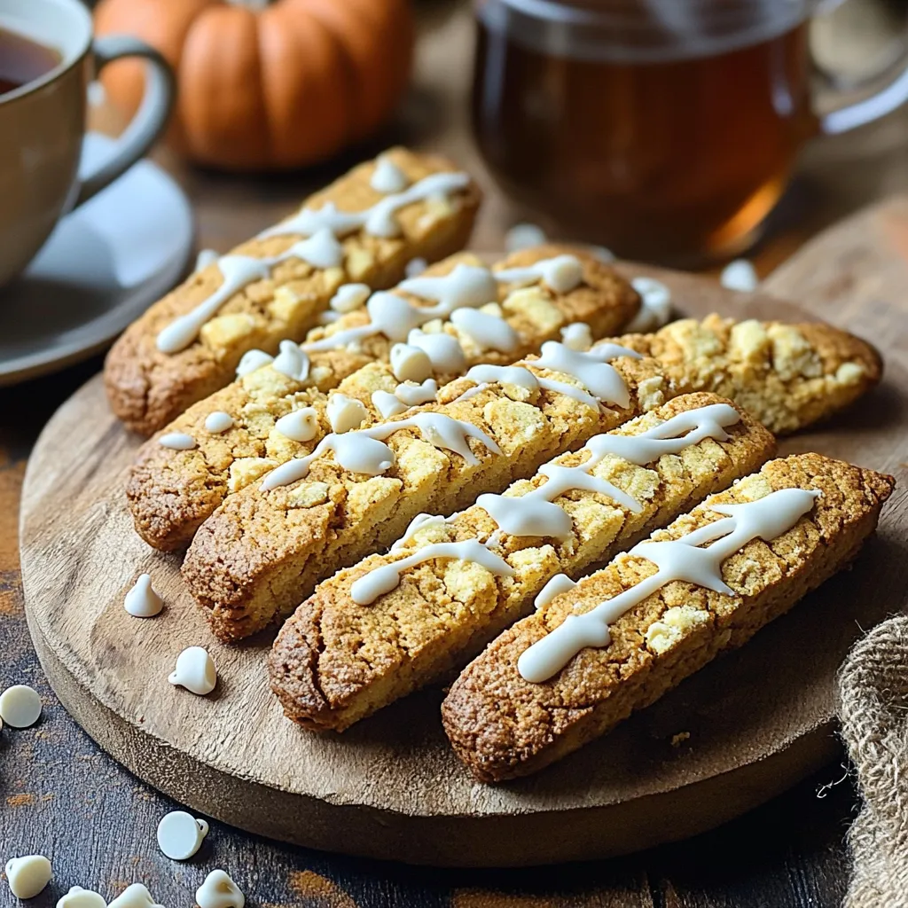 - 2 cups all-purpose flour - 1 teaspoon baking powder - 1 teaspoon ground cinnamon - 1/2 teaspoon ground nutmeg - 1/2 teaspoon ground ginger - 1/4 teaspoon ground cloves - 1/2 teaspoon salt - 1/2 cup unsalted butter - 3/4 cup packed brown sugar - 2 large eggs - 1 teaspoon vanilla extract - 1/2 cup canned pumpkin puree - 1 cup white chocolate chips - 1/2 cup chopped pecans or walnuts (optional) Gathering the right ingredients is key for great pumpkin spice biscotti. Each item plays a part in the flavor and texture. Start with the flour, which forms the base. The baking powder helps the biscotti rise. Spices like cinnamon, nutmeg, ginger, and cloves create that cozy pumpkin spice flavor. Salt balances the sweetness of the brown sugar. The unsalted butter adds richness and softness. Eggs help bind everything together. Vanilla extract enhances the flavors. The pumpkin puree adds moisture and a lovely pumpkin taste. White chocolate chips give you a sweet finish. If you want a nutty crunch, add pecans or walnuts. Make sure all your ingredients are fresh for the best result. This mix of flavors will make your kitchen smell amazing while baking. Start by setting your oven to 350°F (175°C). This helps it heat up properly. Next, grab a baking sheet and line it with parchment paper. This step stops the biscotti from sticking. In a medium bowl, mix two cups of flour, one teaspoon of baking powder, and spices. Add one teaspoon of ground cinnamon, half a teaspoon of nutmeg, half a teaspoon of ginger, and a quarter teaspoon of cloves. Finally, add half a teaspoon of salt. Whisk these well and set them aside. Now, take a large mixing bowl. Cream half a cup of softened butter and three-quarters of a cup of brown sugar. Use an electric mixer on medium speed for about two to three minutes. You want this mixture to be light and fluffy. Add two large eggs to the butter and sugar mix. Add them one at a time, mixing well after each. Next, pour in one teaspoon of vanilla extract and half a cup of canned pumpkin puree. Mix until everything is just combined. Gradually add your dry mix to the wet mixture. Use low speed on your mixer to combine them. Be careful not to overmix. This keeps the texture just right for your biscotti. Transfer the dough onto your lined baking sheet. Shape it into a log about 12 inches long and 4 inches wide. Flatten the top slightly. Place the baking sheet in your preheated oven and bake for 25 to 30 minutes. The log should be golden brown and firm to the touch. After baking, let the log cool on the sheet for about 10 minutes. Use a serrated knife to slice it diagonally into half-inch thick pieces. Place the slices cut-side down back on the baking sheet. Bake these for another 10 to 15 minutes. The edges should be crisp and the biscotti golden. Let them cool completely on a wire rack before you enjoy them. To get the right texture, follow a few simple steps. First, do not overmix the dough. Mix the wet and dry ingredients until just combined. This keeps your biscotti light and crunchy. Second, shape your log evenly. A uniform log ensures even baking. Lastly, slice the biscotti when the log is warm, not hot. This helps you get clean edges. For smooth melted white chocolate, use low heat. You can melt it in a microwave or on a stovetop with a double boiler. If using a microwave, heat in short bursts. Stir after each burst to prevent burning. If using a double boiler, keep the water at a gentle simmer. Stir the chocolate until it is fully smooth. Presentation makes a big difference. Place the biscotti in a nice jar for a warm look. A rustic wooden board also works well. You may drizzle melted white chocolate over the biscotti for a sweet touch. Serve them alongside a warm drink like coffee or spiced tea. This adds to the cozy experience. Biscotti pairs well with many drinks. Try them with rich coffee for a perfect match. Herbal teas, like chamomile, can also complement their flavors. Hot chocolate is a fun option too. The sweetness of the chocolate enhances the spices in the biscotti. Enjoy experimenting with different pairings! {{image_4}} You can switch up the nuts in your biscotti. Pecans and walnuts are great, but you can try almonds or hazelnuts too. Each nut brings a different taste and crunch. Just chop them roughly and mix them in with the white chocolate chips. If you prefer dark chocolate, go for it! Dark chocolate adds a rich and bold flavor. Use the same amount as the white chocolate chips. The bitterness of dark chocolate pairs well with the sweet pumpkin spice. You’ll get a new twist on this classic treat. Feel free to get creative with flavors! Add a splash of maple syrup for extra sweetness. You can also mix in dried fruits like cranberries or cherries. If you want a spicy kick, try adding a pinch of cayenne pepper or chili powder. Each change can make your biscotti unique and fun! To keep your pumpkin spice biscotti fresh, store them in an airtight container. This will help retain their crisp texture. Place parchment paper between layers if stacking. Keep the container in a cool, dry place. Avoid storing them in the fridge; this can make them soggy. You can freeze biscotti for longer storage. First, let them cool completely. Then, wrap each piece in plastic wrap. Place the wrapped biscotti in a freezer-safe bag. Squeeze out as much air as possible. They can last up to three months in the freezer. To enjoy, thaw at room temperature or bake briefly at 350°F to crisp them up again. When stored properly, these biscotti last about two weeks at room temperature. If frozen, they remain fresh for three months. After that, their taste and texture may decline. Always check for any signs of spoilage before eating. This way, you can enjoy every bite of your pumpkin spice biscotti. Yes, you can use fresh pumpkin. Just cook and puree the pumpkin until smooth. Make sure it has the same consistency as canned pumpkin. Fresh pumpkin adds a nice flavor and is fun to use. If your biscotti is too hard, it may have baked too long. Try to bake it for less time next time. You can also dip the biscotti in coffee or tea to soften them up a bit. This adds flavor too! To soften biscotti the next day, place them in a sealed container with a slice of bread. The moisture from the bread helps soften the biscotti. Let them sit for a few hours, and they should be better. Yes, you can make gluten-free biscotti! Use a gluten-free flour blend instead of all-purpose flour. Ensure that all other ingredients are also gluten-free. They will taste just as good with a little testing. To melt white chocolate, use a double boiler or the microwave. If using the microwave, heat in short bursts of 30 seconds. Stir in between until smooth. Be careful not to overheat it, as it can burn easily. In this blog post, we covered how to make delicious pumpkin biscotti. We explored the key ingredients, step-by-step baking instructions, and some helpful tips. Remember the perfect biscotti needs the right mixing and baking methods. Feel free to get creative with nuts or chocolate types. Proper storage will keep your treats fresh. Enjoy each bite of your unique biscotti! Now, gather your ingredients and start baking your way to a tasty treat.