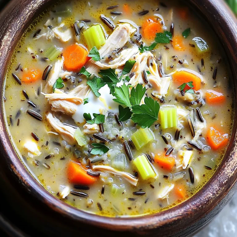 To make Slow Cooker Chicken Wild Rice Soup, you need these ingredients: - 1 pound boneless, skinless chicken breasts - 1 cup wild rice, thoroughly rinsed - 4 cups low-sodium chicken broth - 1 cup carrots, diced into small pieces - 1 cup celery, diced - 1 medium onion, finely chopped - 3 cloves garlic, minced - 1 teaspoon dried thyme - 1 teaspoon dried rosemary - 1 bay leaf - 1 cup heavy cream (or substitute with coconut milk for a dairy-free alternative) - Salt and freshly cracked black pepper to taste - Fresh parsley, chopped (for garnish) You can easily swap some ingredients based on your needs and taste. Here are a few ideas: - Chicken: Use rotisserie chicken for a quicker option. - Rice: Substitute wild rice with brown rice, but adjust the cooking time. - Cream: For a lighter soup, use low-fat milk instead of heavy cream. - Vegetables: Add mushrooms or spinach for extra flavor and nutrients. - Broth: Use vegetable broth for a vegetarian option. Make sure you have these tools ready to cook this delicious soup: - Slow cooker - Cutting board - Chef's knife - Measuring cups and spoons - Mixing spoon - Tongs (for shredding chicken) - Ladle (for serving) Having these tools will help make the cooking process smooth and enjoyable. Start by gathering your vegetables. You need diced carrots, diced celery, chopped onion, and minced garlic. Place them in the slow cooker. Mix them well at the bottom. This base adds flavor and texture to your soup. Next, take your boneless chicken breasts. Lay them on top of the vegetable mix. Then, sprinkle the rinsed wild rice evenly over the chicken. This rice will soak up all the good flavors as it cooks. Now, pour the low-sodium chicken broth over everything in the pot. Add the dried thyme, rosemary, and bay leaf. Don’t forget to sprinkle in salt and freshly cracked black pepper. Gently stir the mix, but keep the chicken mostly intact. Cover the slow cooker with its lid. Set it to low for 6 to 7 hours or high for 3 to 4 hours. The soup is done when the chicken is cooked through and the rice is tender. After cooking, carefully pull out the chicken breasts using tongs. Shred the chicken into bite-sized pieces with two forks. Return the shredded chicken back to the soup mix. Finally, stir in the heavy cream or coconut milk. Let it cook on low for another 15 to 20 minutes. This warms the cream and blends all the flavors nicely. Before serving, taste the soup and adjust the salt and pepper if needed. Spoon the soup into bowls and garnish with freshly chopped parsley. This adds a nice touch of color and flavor. Enjoy your cozy meal! To enhance the taste of your soup, use fresh herbs. Fresh thyme and rosemary can make a big difference. You can also add a splash of lemon juice before serving. This adds brightness to the soup. If you want a richer flavor, try using homemade chicken broth instead of store-bought. If your soup is too thick, add more chicken broth or water. Start with half a cup and stir well. If it's too thin, let it cook longer without the lid. This will help it thicken up. You can also mash some of the wild rice to help with the texture. One common mistake is overcooking the chicken. Always check it at the lower end of the cooking time. Another mistake is not rinsing the rice. Rinsing removes excess starch and helps the rice cook better. Finally, don’t skip the cream or coconut milk. It makes the soup creamy and rich. {{image_4}} For a dairy-free version, swap heavy cream for coconut milk. Coconut milk adds a creamy texture and a hint of sweetness. It blends well with the other flavors. You still get that comforting feel without dairy. Just make sure to use full-fat coconut milk for a richer taste. You can boost the nutrition by adding more veggies. Try adding diced potatoes, sweet potatoes, or peas. Spinach or kale works well too. These add color and flavor. Just chop them small and add them with the carrots and celery. Increase the cooking time if needed to ensure they cook through. If you want to change up the protein, use turkey or tofu. Turkey is a great option, especially after the holidays. Just make sure to use boneless pieces. For a plant-based option, try cubed firm tofu. It absorbs the flavors well and adds protein. Cook it the same way you would chicken. To keep your chicken wild rice soup fresh, store it in an airtight container. Make sure it cools down first. Place it in the fridge if you plan to eat it within three to four days. If you want to keep it longer, freezing is a great option. When you are ready to enjoy your soup again, reheat it on the stove. Pour the soup into a pot and stir it over low heat. This way, it warms evenly without burning. You can also use a microwave. Heat it in short bursts, stirring in between to ensure even warmth. If you freeze the soup, use freezer-safe containers. Leave some space at the top for the soup to expand. It can stay fresh for up to three months in the freezer. When you want to eat it, thaw it overnight in the fridge before reheating. Yes, you can use brown rice. It cooks differently. Brown rice takes longer to cook. Cook it for about 1 to 2 hours longer than wild rice. Adjust your cooking time if you choose this swap. To add spice, include red pepper flakes or hot sauce. You can also add fresh jalapeños. Start with a small amount and taste as you go. This way, you control the heat level. This soup pairs well with crusty bread or a light salad. You can also try a fresh green salad. A warm baguette complements the soup nicely. Yes, you can make it a day ahead. Store it in the fridge once it cools. Reheat when ready to serve. This soup often tastes even better the next day! The soup is done when the chicken is fully cooked. The wild rice should be tender. Check the chicken with a meat thermometer; it should reach 165°F. If it is cooked through, you are good to go! This article covers all you need for a homemade Chicken Wild Rice Soup. We discussed the ingredients, substitutions, and tools. I shared step-by-step cooking instructions and tips to elevate your dish. We explored variations like dairy-free and added veggies for flavor. Storing and reheating leftovers was also addressed, keeping your meal fresh. Now, you have the tools to make a hearty soup anytime. Enjoy cooking and experimenting with your own twist!