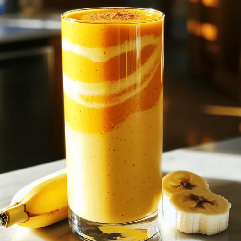 - 1 ripe banana - 1 cup canned pumpkin puree - 1 cup unsweetened almond milk - 1 scoop vanilla protein powder - 1/2 teaspoon pumpkin pie spice - 1 tablespoon maple syrup - 1 tablespoon chia seeds (optional) - Ice cubes You need just a few simple ingredients for the Protein Pumpkin Pie Smoothie. Each one adds flavor and nutrition. The ripe banana is key for natural sweetness and creaminess. Canned pumpkin puree gives that classic pumpkin flavor, plus it packs in lots of vitamins. Use unsweetened almond milk to keep it light and dairy-free. Vanilla protein powder boosts the protein content. This makes the smoothie filling and great for muscle health. Pumpkin pie spice adds warmth and a hint of spice that makes this drink special. Maple syrup is my go-to sweetener. You can swap it for honey if you prefer. Lastly, chia seeds are optional but great for extra nutrients. Add some ice cubes to make your smoothie cold and refreshing. With these ingredients, you can whip up a tasty, healthy drink in no time! - First, slice one ripe banana and add it to your blender. - Next, add one cup of canned pumpkin puree. Make sure it's not pie filling! - Pour in one cup of unsweetened almond milk. This adds creaminess. - Add one scoop of your favorite vanilla protein powder. This boosts protein. - Sprinkle in half a teaspoon of pumpkin pie spice for flavor. - Optional: Add one tablespoon of chia seeds for extra nutrition. - Blend everything on high until it’s smooth. If it’s too thick, add ice cubes. - After blending, taste your smoothie. Adjust the sweetness to your liking. - Pour the smoothie into a glass or bowl to serve. - For a lovely finish, sprinkle extra pumpkin pie spice on top. - Use ripe bananas for natural sweetness. They add a lovely flavor and creaminess. - Adjust almond milk for desired consistency. More milk makes it thinner, less makes it thicker. - Blend longer for creamier texture. This helps to break down all the ingredients well. - High protein content from protein powder. This helps you feel full and energized. - Fiber from pumpkin and chia seeds. Fiber aids digestion and keeps your tummy happy. - Healthy fats if using nut butter. Nut butter adds creaminess and boosts nutrition. {{image_4}} You can make this smoothie even more fun by swapping ingredients. Try these swaps: - Use coconut or oat milk instead of almond milk. Both will add unique flavors. - Experiment with different protein flavors. Chocolate or unflavored options can change the taste. Want to add more taste and nutrition? Here are some great ideas: - Include a scoop of nut butter. This adds creaminess and healthy fats. - Toss in spinach or kale for added greens. They blend well and boost nutrients. To store any leftover protein pumpkin pie smoothie, place it in an airtight container. This will keep it fresh. It tastes best when you drink it right away, but it can last for about 1-2 days in the fridge. If you notice separation, just give it a good shake before drinking. If you want to save some smoothie for later, freezing is a great choice. Pour the leftover smoothie into ice cube trays. Once frozen, you can pop out the cubes and store them in a bag. When you're ready for a quick smoothie, blend the frozen cubes with some almond milk. This makes a tasty and easy treat! Yes, you can easily make this smoothie vegan. To do this, swap the protein powder for a plant-based option. There are many great vegan protein powders made from pea, rice, or hemp. For sweetening, use maple syrup or agave nectar instead of honey. Both options keep the smoothie tasty and plant-based. To boost the protein in your smoothie, try these options: - Add a second scoop of protein powder. - Mix in Greek yogurt for creaminess. - Toss in a tablespoon of nut butter for extra protein and flavor. These options enhance the protein without changing the taste much. This smoothie can work as a meal replacement. It has protein from the powder and healthy carbs from the banana and pumpkin. It has around 300-400 calories, depending on your choices. Make sure to pair it with some fiber or healthy fats if you need a more balanced meal. Yes, you can use fresh pumpkin! For this, cook the pumpkin first. Cut it in half and remove the seeds. Roast it in the oven or steam it until soft. Then, scoop out the flesh and blend it until smooth. This fresh pumpkin adds a lovely, rich flavor to the smoothie. This blog post shared a simple, tasty pumpkin smoothie recipe. You learned the key ingredients and easy steps for making it. I highlighted tips for perfecting your blend, along with variations to suit your taste. Plus, I covered storage options for leftovers and answered common questions. Enjoy creating your own smoothie, and don't hesitate to experiment. The right mix can boost your nutrition and delight your taste buds. Remember, making healthy choices can be fun and delicious!