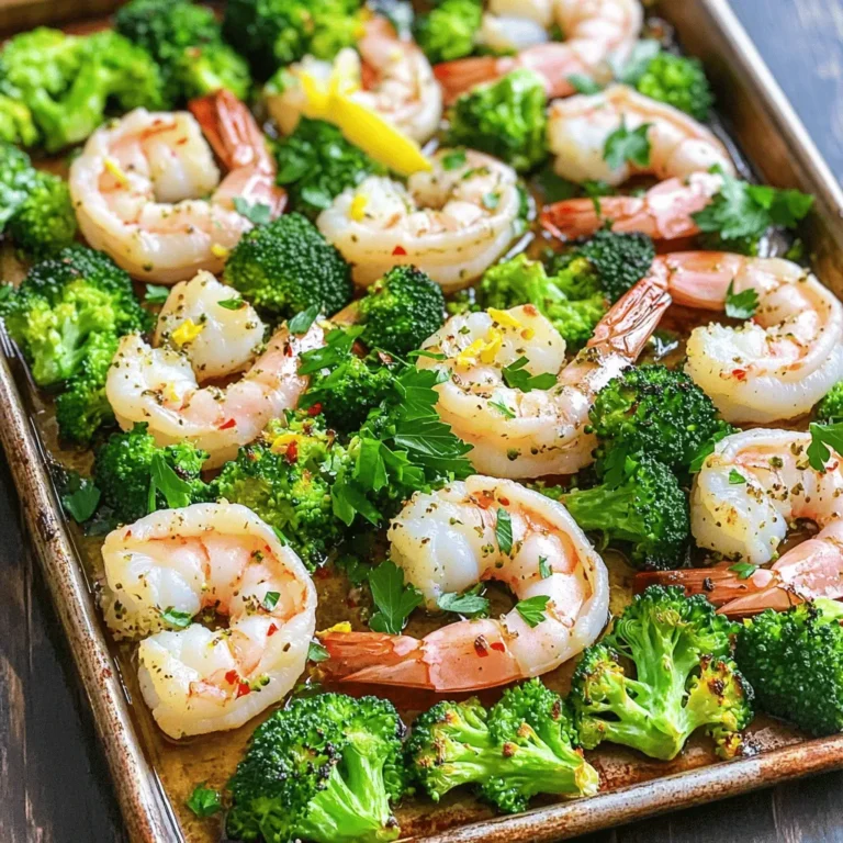 - 1 pound large shrimp, peeled and deveined - 4 cups fresh broccoli florets - 4 cloves of garlic, finely minced - 3 tablespoons extra virgin olive oil - 1 tablespoon freshly squeezed lemon juice - 1 teaspoon dried oregano - 1 teaspoon dried thyme - 1/2 teaspoon red pepper flakes (optional) - Zest of 1 lemon - Fresh parsley, roughly chopped - Salt and freshly cracked black pepper, to taste Each ingredient plays a key role in this dish. The shrimp offer a sweet, tender bite. The broccoli adds a nice crunch and bright green color. Garlic brings a strong flavor that pairs well with both. Olive oil helps everything cook evenly and adds richness. The lemon juice adds brightness, while oregano and thyme give an earthy taste. Red pepper flakes can bring heat if you like a spicy kick. The lemon zest and parsley finish the dish with fresh flavors. Salt and pepper season everything perfectly. This balance of flavors makes each bite delightful! - Preheat the oven to 425°F (220°C). This step is key for even cooking. - In a large bowl, mix the shrimp with minced garlic, olive oil, lemon juice, oregano, thyme, red pepper flakes, salt, and pepper. Make sure all the shrimp are coated well. Let them sit for a few minutes to soak up the flavors. - Take a large baking sheet. Spread the marinated shrimp in one area, leaving room for the broccoli. - Add the fresh broccoli florets to the same bowl. Drizzle more olive oil and sprinkle extra salt and pepper. Toss gently to coat the broccoli. Place the broccoli on the sheet pan next to the shrimp. Keep everything in a single layer for best results. - Put the sheet pan in the oven. Bake for 12-15 minutes. Keep an eye on the shrimp. They should turn pink and opaque. The broccoli should be tender and have crispy edges. - Once cooked, take the pan out and sprinkle lemon zest over both the shrimp and broccoli. This adds a fresh touch. Enjoy your meal! Marinating shrimp is key for great flavor. Start with fresh shrimp for the best taste. Use garlic, olive oil, and lemon juice to create a simple mix. - Best practices for marinating shrimp: Always marinate in the fridge. This keeps the shrimp safe and flavorful. Avoid long marinating times; 15-30 minutes is enough. - Time considerations for maximum flavor: The longer you marinate, the more flavor shrimp will absorb. But don’t go over 30 minutes to prevent a mushy texture. Baking shrimp and broccoli together saves time and effort. - Importance of single-layer arrangement: Spread shrimp and broccoli in one single layer on the sheet pan. This helps them cook evenly and get crispy. - Adjusting baking time based on shrimp size: Larger shrimp may need a few extra minutes. Keep an eye on them, so they stay juicy. Plating makes a big difference in how food looks and tastes. - Plating ideas: Use a large platter for family-style serving. For a fancy touch, plate individual portions with a sprinkle of parsley on top. - Pairing dishes or sides: Serve with rice or a fresh salad. A crisp white wine pairs well, adding brightness to your meal. {{image_4}} You can easily change up this dish with different veggies. Try adding bell peppers, carrots, or snap peas. They add color and flavor. Each veggie cooks well with shrimp and broccoli. If you want more protein, swap shrimp for chicken or fish. Chicken breasts or salmon fillets work great. Just adjust the cooking time depending on the protein you choose. Adding new herbs and spices can boost the flavor. Fresh basil or parsley can brighten your dish. You might also try dill or cilantro for a fresh twist. To spice things up, you can use different peppers. Use jalapeños for more heat or sweet bell peppers for a mild flavor. Adjust the red pepper flakes to match your taste. You can make this dish vegetarian by using tofu or tempeh. Both soak up flavors well. Just cut them into small pieces and marinate like the shrimp. For a hearty base, add quinoa or brown rice. They provide great texture and make the dish filling. Always adjust cooking time to ensure everything cooks evenly. To store leftovers, let the dish cool. Place it in a shallow container. Use a container with a tight lid to keep it fresh. This helps maintain flavor and texture. I recommend using glass or BPA-free plastic containers. These materials are safe and easy to clean. To freeze the dish, first, let it cool completely. Divide it into single-serving portions. Use freezer-safe bags or containers. Squeeze out as much air as possible to avoid freezer burn. When you’re ready to eat, thaw it in the fridge overnight. You can also use the microwave for quick thawing. Reheat in the oven at 350°F (175°C) until hot. This keeps the shrimp juicy and the broccoli tender. In the fridge, the dish lasts for 3 to 4 days. In the freezer, it can stay good for up to 3 months. Always check for any signs of spoilage before eating. If it smells off or has changed color, it’s best to toss it. Proper storage is key to enjoying your Garlic Herb Shrimp Broccoli Sheet Pan at its best! This dish takes about 25 minutes to make. You spend 10 minutes prepping the shrimp and broccoli. Then, you cook everything in the oven for 12-15 minutes. It’s quick and easy, perfect for busy days. Yes, you can use frozen shrimp. Just be sure to thaw them first. Place the shrimp in cold water for about 15-20 minutes. Drain and pat them dry before marinating. This way, the shrimp absorbs all the tasty flavors. This dish pairs well with rice or quinoa. You can also serve it with a fresh salad. For drinks, try a light white wine or sparkling water with lemon. These sides will complement the shrimp and broccoli nicely. Yes, this recipe is great for meal prep. You can make it ahead and store it in the fridge for up to three days. Use airtight containers to keep it fresh. Just reheat in the oven or microwave before serving. This blog post covered all you need to make Garlic Herb Shrimp with Broccoli. We discussed key ingredients, like shrimp and broccoli, and shared easy steps to create a delicious dish. I offered tips for marinating and baking, plus ideas for serving. Remember that variations exist, allowing for your personal touch. Enjoy this recipe for its flavor and ease. Make it your own by trying new ingredients or spices. Get cooking and share this meal with family and friends!