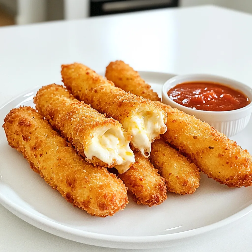 To make crispy air fryer mozzarella sticks, you need these simple items: - 12 mozzarella string cheese sticks - 1 cup all-purpose flour - 2 large eggs - 1 cup panko breadcrumbs - 1 teaspoon garlic powder - 1 teaspoon Italian seasoning - ½ teaspoon salt - ½ teaspoon freshly ground black pepper - Cooking spray - Marinara sauce (for dipping) Gather all the ingredients before you start. This way, you will have everything ready to go. Using panko breadcrumbs gives the sticks a nice crunch. The garlic powder and Italian seasoning add great flavor. Don't forget the marinara sauce; it makes a perfect dip! - Cut mozzarella sticks in half. - Freeze for 30 minutes. Start by cutting each mozzarella stick in half. This makes them easier to eat. After cutting, place the halves in the freezer. Freezing them for 30 minutes helps keep the cheese from melting too fast while cooking. This simple step is key for a perfect texture. - Organizing shallow bowls for flour, eggs, and breadcrumbs. - Mixing spices with panko. Next, set up your breading station. Use three shallow bowls. Fill the first bowl with all-purpose flour. Crack the eggs into the second bowl and beat them well. In the third bowl, mix panko breadcrumbs with garlic powder, Italian seasoning, salt, and black pepper. This mix adds great flavor to your sticks. - Step-by-step breading process. - Ensuring an even coat of the breadcrumb mixture. Now it’s time to coat the cheese sticks. Take the frozen sticks out of the freezer. First, roll each stick in flour, covering it completely. Next, dip the floured stick into the egg wash. Let any extra egg drip off. Finally, roll it in the spiced breadcrumbs. Press gently to make sure they stick well. Repeat this for all the sticks. - Recommended temperature and duration. Preheat your air fryer to 390°F (200°C). This should take about 5 minutes. Preheating helps the sticks cook evenly and get that nice, crispy texture. - Air frying times and techniques for crispy results. - Notes on batch cooking. Lightly spray the breaded sticks with cooking spray. This step is important for a crispier finish. Place the sticks in a single layer in the air fryer basket. Make sure not to overcrowd them. Depending on your air fryer, you might need to cook in batches. Air fry for about 6-8 minutes, or until they are golden brown and crispy. - Best practices for serving with marinara dipping sauce. Once cooked, carefully take the mozzarella sticks out. Let them cool for a minute before serving. Pair them with warm marinara sauce for dipping. This classic combo enhances the flavor and makes your snack even better. To get that perfect crunch, use cooking spray. It helps the coating crisp up. Spray the sticks right before cooking. Set your air fryer to 390°F (200°C). This heat works best to brown the sticks. Pick the right mozzarella. String cheese works great because it melts well. Cut each stick in half for easier handling. Freeze them for at least 30 minutes. This keeps them from melting too fast while cooking. Don’t overcrowd the air fryer. If you pack too many sticks in, they won’t cook evenly. Cook in batches if needed. Also, make sure to coat each stick well. A thin layer won’t give you that nice crunch. {{image_4}} You can boost the taste of your mozzarella sticks with simple changes. Try adding spices or herbs to the breadcrumbs. You could use paprika for a smoky flavor or dried oregano for a classic Italian touch. Experiment with different types of cheese too. Cheddar or pepper jack can add a fun twist. Mixing cheeses gives you a chance to create your own unique flavor. If you need gluten-free options, use almond flour or a gluten-free breading mix. These choices work well and still taste great. For a plant-based version, opt for vegan cheese. Many brands offer mozzarella-style vegan cheese that melts nicely. This way, everyone can enjoy these tasty snacks, no matter their dietary needs. While marinara sauce is a classic dip, don’t stop there! Ranch dressing or spicy sriracha can add a new flavor kick. You could also pair your mozzarella sticks with a fresh salad for a complete meal. Serve them with a side of roasted veggies or some crispy potato wedges for a fun snack platter. To keep your mozzarella sticks fresh, place them in an airtight container. Make sure they cool down first. This helps keep their texture and flavor. In the fridge, they can last for about 3 to 4 days. If you want them to last longer, consider freezing them. The air fryer is your best friend for reheating. Set it to 350°F (175°C) for best results. Place the sticks in a single layer. Heat them for about 4 to 5 minutes. This keeps them crispy. Avoid using the microwave, as it can make them soggy. You can freeze the sticks before or after cooking. If freezing before cooking, place them on a baking sheet first. Freeze them for 2 hours, then transfer to a bag. If they are cooked, let them cool, then store in an airtight container. To thaw, leave them in the fridge overnight. Reheat in the air fryer as mentioned above. You can skip the flour by using just the egg and breadcrumbs. Start by dipping the cheese sticks directly into the egg wash. Then, roll them in the breadcrumbs. This method works well, but the texture may differ slightly. Yes, you can use regular breadcrumbs. However, panko gives a crunchier texture. If you use regular breadcrumbs, your sticks may not be as crispy. For best results, consider mixing in some spices for extra flavor. Marinara sauce is the classic choice for dipping. It’s tangy and complements the cheesy flavor well. You can also try ranch dressing, garlic sauce, or even spicy sriracha for a fun twist. Cooking mozzarella sticks takes about 6-8 minutes at 390°F (200°C). Check them after 6 minutes. They should be golden brown and crispy when ready. If they need more time, add a minute or two. Yes, you can reheat them in an air fryer. Set the temperature to about 350°F (175°C) and heat for 3-5 minutes. This will keep them crispy and warm, just like fresh! Making air fryer mozzarella sticks is simple and fun. We covered all the essential steps, from gathering ingredients to cooking tips. Remember, freezing the cheese helps keep it from leaking during frying. Use the right amount of cooking spray for a crispy texture. Don’t forget to try different dips and cheese for variety. Air fryer mozzarella sticks make a tasty snack or appetizer. Enjoy your crispy, cheesy creation in just a short time. Now, go share your delicious results!