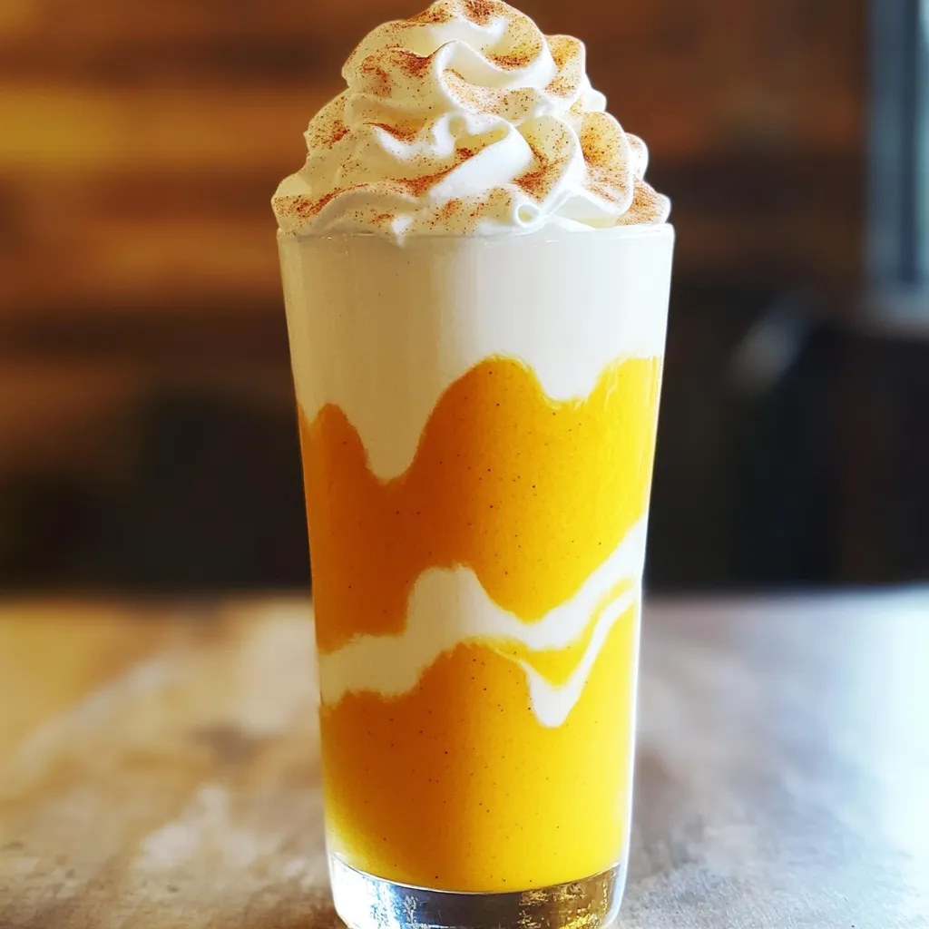 - 1 cup unsweetened almond milk - 1 ripe banana - 1/2 cup canned pumpkin puree - 1 scoop vanilla protein powder - 1 tablespoon maple syrup - 1 teaspoon pumpkin spice blend - 1/2 teaspoon pure vanilla extract - 1/2 cup ice cubes - Optional toppings: whipped coconut cream, ground cinnamon The ingredients for this shake make it rich and tasty. Each part works together to create a creamy drink. Unsweetened almond milk is a great base. It adds flavor without extra sugar. Ripe banana adds natural sweetness and creaminess. It helps the shake blend well. Canned pumpkin puree brings that fall flavor. It also adds fiber and nutrients. Vanilla protein powder boosts the protein content. This helps keep you full longer. Maple syrup sweetens the shake. You can adjust the amount to your taste. Pumpkin spice blend gives the drink its signature flavor. It usually has cinnamon, nutmeg, and ginger. Pure vanilla extract enhances the overall taste. A little goes a long way. Ice cubes make the shake cold and refreshing. They help create the right texture. For a fun twist, you can add whipped coconut cream on top. A sprinkle of ground cinnamon gives it a nice finish. These ingredients come together to create a delicious pumpkin spice latte protein shake. Each one plays a key role in making this drink both energizing and satisfying. 1. Gather your ingredients. You need: - 1 cup unsweetened almond milk - 1 ripe banana - 1/2 cup canned pumpkin puree - 1 scoop vanilla protein powder - 1 tablespoon maple syrup - 1 teaspoon pumpkin spice blend - 1/2 teaspoon pure vanilla extract - 1/2 cup ice cubes - Optional: whipped coconut cream and ground cinnamon for garnish 2. Place all the ingredients into a blender. Start with almond milk, then add banana, pumpkin puree, protein powder, maple syrup, pumpkin spice, vanilla extract, and ice cubes. 3. Blend on high speed. Keep blending until the mixture is smooth and creamy. If needed, stop to scrape down the blender's sides. This ensures everything mixes well. 4. Taste the shake. If it’s not sweet enough, add more maple syrup. Blend again to mix. 5. Pour into a glass. Choose a tall glass or a mason jar to show off its beautiful orange color. 6. Add toppings. If you like, top it with whipped coconut cream. 7. Garnish with cinnamon. A light sprinkle of ground cinnamon adds a lovely touch. Enjoy this tasty shake as a quick breakfast or energizing snack! - Calorie count per serving: This shake has about 300 calories. It's filling and tasty. - Protein content from protein powder: One scoop gives you around 20 grams of protein. This helps build and repair muscles. - Health benefits of pumpkin and spices: Pumpkin is rich in fiber and vitamins A and C. Spices like cinnamon may help with blood sugar. - Dietary considerations: This shake is vegan and gluten-free, making it suitable for many diets. Enjoy every sip knowing it nourishes your body while satisfying your taste buds! {{image_4}} - Adjusting sweetness to personal preference: Start with one tablespoon of maple syrup. After blending, taste your shake. If you want it sweeter, add more syrup a little at a time. Blend again until it mixes well. This way, you control the sweetness just how you like it. - Best practices for ingredient substitutions: If you don't have almond milk, use any milk you prefer. Oat milk or soy milk works great too. You can swap the banana for a half avocado for a creamier texture. If you want a dairy-free option, make sure your protein powder is plant-based. - Troubleshooting common blending issues: If your shake is too thick, add a splash more almond milk. This helps it blend smoothly. If it’s too runny, add more ice or a bit of banana. Always scrape down the sides of the blender to mix everything well. This ensures you get a smooth, creamy shake every time. You can make your Pumpkin Spice Latte Protein Shake even more exciting with a few changes. - Adding espresso or coffee for an extra boost If you love coffee, try adding a shot of espresso. This gives your shake a stronger flavor and an extra energy kick. The rich taste of coffee blends well with the spices and pumpkin. Plus, the caffeine will help wake you up! - Swapping almond milk for other milk alternatives Almond milk is great, but you can use other types too. Try oat milk for a creamier texture, or coconut milk for a tropical twist. Each choice adds its own flavor and richness. Choose what you like best! - Vegan or lower-calorie variations For a vegan option, make sure your protein powder is plant-based. You can also reduce the maple syrup for fewer calories. If you're watching your sugar, try using a low-calorie sweetener. This way, you still enjoy a tasty shake without the extra calories. These variations help you create a shake that fits your taste and needs! Enjoy experimenting! Can I use fresh pumpkin instead of canned? Yes, you can use fresh pumpkin. Just cook it until soft, then puree it. Canned pumpkin is faster, but fresh adds a nice touch. How can I store leftovers? You can store leftovers in a sealed container in the fridge. It stays good for up to two days. Just shake or stir before drinking, as it may separate. Is this shake suitable for meal replacement? Yes, it can replace a meal. It has protein, healthy carbs, and some fat. This shake keeps you full and satisfied. Can I make this ahead of time? You can make it ahead. Just blend, pour, and store it in the fridge. It’s best to drink it within two days. What can I add for extra flavor or nutrition? You can add espresso for a coffee kick or some spinach for greens. Nut butter adds creaminess and protein too. This Pumpkin Spice Latte Protein Shake recipe is easy and fun. You learned what to include and how to blend it smoothly. The shake is both tasty and healthy, fitting various diets. Remember to adjust the sweetness to your liking for a perfect drink. You can even try different variations to customize your shake. Enjoy your delicious treat anytime!