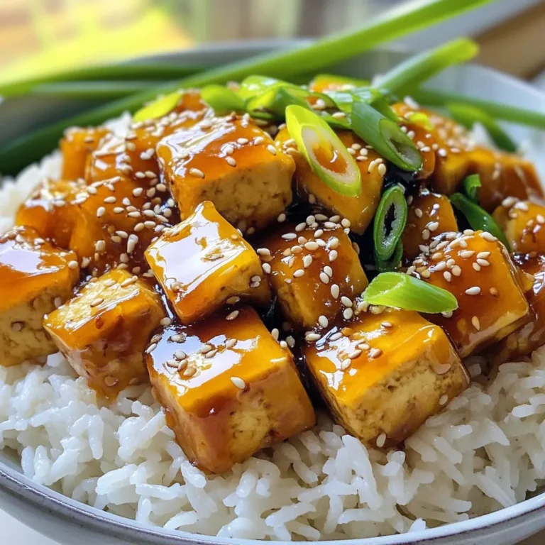- 14 oz firm tofu, pressed and cubed - 1 cup orange juice (freshly squeezed preferred) - 1/4 cup low-sodium soy sauce - 1 tablespoon rice vinegar - 2 tablespoons honey or maple syrup - 1 teaspoon fresh ginger, grated - 2 cloves garlic, minced - 2 tablespoons sesame oil - 1 tablespoon sesame seeds (for garnish) - 2 green onions, thinly sliced (for garnish) - Cooked jasmine rice (for serving) For this tasty orange glazed teriyaki tofu, you need fresh ingredients. Using firm tofu gives the dish a great texture. Pressing the tofu helps remove moisture. This step makes the tofu crispy when cooked. Fresh orange juice adds a bright flavor. Low-sodium soy sauce gives it depth without too much salt. The rice vinegar adds tang, which balances the sweetness from honey or maple syrup. Ginger and garlic bring warmth and aroma to the dish. For garnishing, sesame oil adds richness. Sesame seeds give a nice crunch and nutty flavor. Green onions add a fresh bite on top. Serve the tofu over fluffy jasmine rice for a satisfying meal. Each ingredient plays a role in creating a delicious experience. To start, press the tofu for at least 15 minutes. This step helps remove moisture. Moisture can make your tofu soggy. After pressing, cut the tofu into bite-sized cubes. This size helps it cook evenly. Next, let’s make the marinade. In a medium bowl, whisk together these ingredients: - 1 cup orange juice - 1/4 cup low-sodium soy sauce - 1 tablespoon rice vinegar - 2 tablespoons honey or maple syrup - 1 teaspoon fresh ginger, grated - 2 cloves garlic, minced Mix well to blend the flavors. This marinade gives the tofu a sweet and tangy taste. Now, heat 2 tablespoons of sesame oil in a large skillet over medium-high heat. Once hot, add the marinated tofu, reserving the marinade. Cook for about 5-7 minutes. You want the tofu to be golden brown and crispy. Flip the tofu to ensure even cooking. While the tofu cooks, take the reserved marinade and pour it into a small saucepan. Bring it to a gentle simmer. Slowly add a cornstarch slurry made from 1 tablespoon of cornstarch mixed with 2 tablespoons of water. Stir it continuously for about 2 minutes. This helps thicken the sauce. After the tofu is crispy, pour the thickened glaze over it in the skillet. Gently toss the tofu to coat each piece. Allow it to cook for another minute to heat through. To serve, place the orange glazed teriyaki tofu over cooked jasmine rice. Garnish with sesame seeds and thinly sliced green onions. This adds color and flavor to your dish. Enjoy your delicious meal! To get crispy golden-brown tofu, start by pressing it. This removes excess water. I recommend pressing the tofu for at least 15 minutes. This time helps the tofu soak up flavor better. Once pressed, cube the tofu evenly. This ensures it cooks well. Marination is key. Let the tofu sit in the marinade for at least 30 minutes. This time allows the tofu to absorb the delicious orange flavor. If you have more time, marinating longer will deepen the taste. You can boost the flavor with spices or citrus zest. A pinch of red pepper flakes adds a nice kick! Also, consider adding lemon or lime zest for extra brightness. Zest brings a fresh taste that complements the orange glaze. Adjusting sweetness levels is easy. If you prefer a sweeter glaze, add more honey or maple syrup. On the other hand, if you like it less sweet, decrease the amount. Taste as you go to find your perfect balance. Choosing the right skillet makes a big difference. A non-stick skillet works well for cooking tofu. It helps prevent sticking and allows for easy flipping. For flipping the tofu, use a spatula with a wide edge. This helps you lift the tofu gently. A set of tongs can also be handy for turning the pieces. Make sure to be gentle so you don't break the tofu. {{image_4}} For those who want to make this dish vegan, you can swap honey for maple syrup. Maple syrup adds a nice sweetness without any animal products. For gluten-free options, look for tamari instead of regular soy sauce. Tamari tastes just like soy sauce but is safe for gluten-free diets. You can change up the flavor by using different fruit juices in the glaze. Pineapple juice or mango juice works well too. Each juice brings its own twist. You might also want to add more veggies. Bell peppers, broccoli, or snap peas can add color and crunch to your dish. While jasmine rice is a classic choice, you can pair this tofu with quinoa or brown rice for a nutty taste. Even cauliflower rice is a great low-carb option. For garnishes, try adding crushed peanuts or cilantro for a fresh kick. A wedge of lime can also brighten the dish and add zing. Store your leftover orange glazed teriyaki tofu in an airtight container. This keeps it fresh and tasty. Make sure it cools to room temperature before sealing. For best flavor, eat the leftovers within three days. Reheat the tofu in a pan on low heat. This method helps maintain its crispiness. Yes, you can freeze orange glazed teriyaki tofu! To do this, first cool it completely. Then, place the tofu in a freezer-safe container. It stays good in the freezer for up to three months. When you're ready to eat, take it out and let it thaw overnight in the fridge. Reheat the tofu in a skillet to restore its texture. When stored properly, orange glazed teriyaki tofu lasts about three to four days in the fridge. If you see any signs of spoilage, like off smells or mold, throw it away. Trust your senses! Keeping an eye on your food helps ensure you're eating safely. To press tofu, wrap it in a clean kitchen towel. Place a heavy object on top, like a cast-iron skillet. Let it sit for at least 15 minutes. This helps remove excess moisture. Less moisture leads to better texture when cooking. For best results, press it longer if you have time. Yes, you can use different types of tofu. Firm or extra-firm tofu works best for this recipe. They hold their shape and get crispy. Silken tofu is not ideal for frying. It is too soft and will break apart easily. If you prefer a softer texture, try using silken tofu in soups or smoothies. You can use other juice options like pineapple or mango juice. These juices add a sweet and fruity flavor. Lemon or lime juice gives a tart taste but is not as sweet. If you want to keep it citrusy, choose grapefruit juice. Each juice will change the flavor, so pick one you enjoy. The glaze is not spicy. It has sweet and tangy notes from the orange juice. If you like heat, add a pinch of red pepper flakes or some sriracha. This will give the dish a nice kick. Adjust the amount based on your spice preference. Enjoy experimenting with flavors! This blog post discussed making Orange Glazed Teriyaki Tofu. We covered essential ingredients, including firm tofu, orange juice, and soy sauce. You learned how to prepare tofu, create a marinade, and cook it to perfection. Tips provided help achieve the ideal texture and flavor. We also explored variations and storage options. In closing, this dish is not only tasty but also flexible. Try different juices and veggies to suit your taste. Enjoy cooking and feel free to experiment!