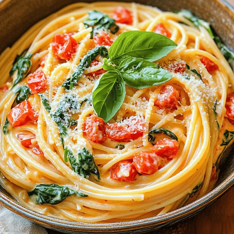 To make this dish, you will need: - 8 oz pasta (fusilli or penne) - 1 tablespoon olive oil - 3 cloves garlic, minced - 1 can (14 oz) diced tomatoes with their juices - 2 cups vegetable broth - 1 cup heavy cream or coconut cream for a dairy-free alternative - 2 cups fresh spinach, roughly chopped - 1 teaspoon dried oregano - 1 teaspoon red pepper flakes (optional) - Salt and freshly ground black pepper to taste - ½ cup grated Parmesan cheese (or nutritional yeast for a vegan option) - Fresh basil leaves for garnishing These ingredients come together to create a rich and creamy pasta dish that is both comforting and satisfying. The tomatoes and spinach add color and nutrition, while the pasta serves as the perfect base. If you want a creamy sauce, heavy cream is a great choice. You can replace it with coconut cream for a dairy-free option. This keeps the dish rich while making it suitable for anyone avoiding dairy. For a cheesy flavor without dairy, nutritional yeast works wonders. It adds a savory depth that enhances the overall taste. While fusilli and penne are fantastic choices for this recipe, you can use any pasta you love. Spaghetti or rotini also work well. Choose a pasta shape that holds sauce well. This helps each bite be full of flavor. Just remember to adjust the cooking time based on the type of pasta you select. Start by heating one tablespoon of olive oil in a large pot over medium heat. Once the oil is hot, add three cloves of minced garlic. Cook the garlic for one to two minutes. You want it to smell great but not turn brown. This step builds the flavor. Next, add one can of diced tomatoes with their juices and two cups of vegetable broth to the pot. Stir it well and bring this mix to a gentle simmer. Now, introduce eight ounces of your chosen pasta and one teaspoon of dried oregano. Cover the pot and let it cook for about ten to twelve minutes. Stir it every now and then. When the pasta is al dente, it’s ready for the next step. Lower the heat and slowly pour in one cup of heavy cream or coconut cream. Stir this mixture continuously. You want the sauce to become rich and creamy. Once that's done, add two cups of chopped fresh spinach. If you love heat, sprinkle in one teaspoon of red pepper flakes. Season with salt and fresh black pepper to taste. Cook this for another two to three minutes. This lets the spinach wilt and blend into the dish. Finally, stir in half a cup of grated Parmesan cheese or nutritional yeast for a vegan option. Adjust the seasoning to get the flavors just right. Let the dish rest for a couple of minutes before serving. To boost the flavor of your creamy tomato spinach pasta, try a few easy tips. First, use fresh garlic instead of jarred. Fresh garlic gives a bright taste. You can add a splash of lemon juice for a zesty kick. This brightens the dish and lifts the flavors. If you like heat, increase the red pepper flakes. You can also mix in fresh herbs like parsley or thyme for a fresh touch. Finally, top with a drizzle of high-quality olive oil before serving. It adds richness and depth. One common mistake is overcooking the pasta. Check it at the lower end of the cooking time. You want it al dente, firm but cooked. Another mistake is not seasoning enough. Taste as you cook and add salt and pepper gradually. Also, avoid using low-quality canned tomatoes. They can make your dish taste bland. Always opt for good quality, whole canned tomatoes. Lastly, don’t skip resting the dish after cooking. Letting it sit allows the sauce to thicken and flavors to settle. When serving your pasta, presentation matters. Use shallow bowls for a modern look. Start with a generous scoop of pasta in each bowl. Add a sprinkle of extra Parmesan on top for a nice finish. Then, place a few fresh basil leaves on the pasta. This adds color and freshness. For an extra touch, drizzle with a bit of olive oil. It enhances the look and taste. Consider serving with a side of crusty bread for dipping. This creates a beautiful and inviting meal. {{image_4}} To make this creamy tomato spinach pasta vegan, swap the heavy cream for coconut cream. It gives a rich texture without dairy. Use nutritional yeast instead of Parmesan for flavor. This keeps the dish vegan and adds a cheesy taste. You can boost the protein by adding chicken, shrimp, or tofu. If using chicken, cook it first, then set aside before starting the pasta. For shrimp, add them during the last few minutes of cooking. Tofu should be cubed and sautéed until golden. Add it just before you mix in the spinach. Feel free to add seasonal veggies for extra flavor and nutrition. In spring, try fresh asparagus or peas. Summer calls for zucchini or bell peppers. In autumn, consider mushrooms or squash. Winter is perfect for kale or broccoli. Each season offers new tastes to explore. To store leftovers, let the pasta cool to room temperature. Then, place it in an airtight container. This will keep it fresh for up to three days in the fridge. Make sure to seal the container well to avoid unwanted odors. When you're ready to enjoy the pasta again, reheat it on the stove. Add a splash of water or broth to prevent sticking. Heat it over medium-low heat, stirring occasionally. This ensures that the pasta warms evenly without drying out. If you want to freeze the pasta, do it while it's fresh. Place the cooled pasta in a freezer-safe container. It can last up to three months in the freezer. To reheat, thaw it in the fridge overnight. Then, warm it on the stove with a little liquid, just like before. Yes, you can use many types of pasta for this dish. Fusilli and penne work best, but you can try spaghetti, farfalle, or any pasta you love. Just keep in mind that cooking times may vary. Check the package for the right cooking time. This way, you will get the perfect texture. If you want more heat, add red pepper flakes. You can also add fresh chopped chili peppers. Another option is to use a spicy marinara sauce instead of diced tomatoes. Start with a small amount, taste, and add more if needed. This way, you can control the spice level to fit your taste. If you want a lighter option, use coconut cream. It's creamy and adds a nice flavor. You can also use cashew cream for a rich taste. Another choice is to use a mix of milk and a little cornstarch. This will help thicken your sauce without the heaviness of cream. This blog post covered how to make creamy tomato spinach pasta with various options. I shared essential ingredients, including dairy and dairy-free choices. You learned about cooking pasta and creating the sauce step-by-step. I gave tips to boost flavor, avoid mistakes, and present your dish nicely. Finally, I highlighted fun variations, storage methods, and answered common questions. Enjoy making this dish your own. Cooking should be fun and full of flavor!