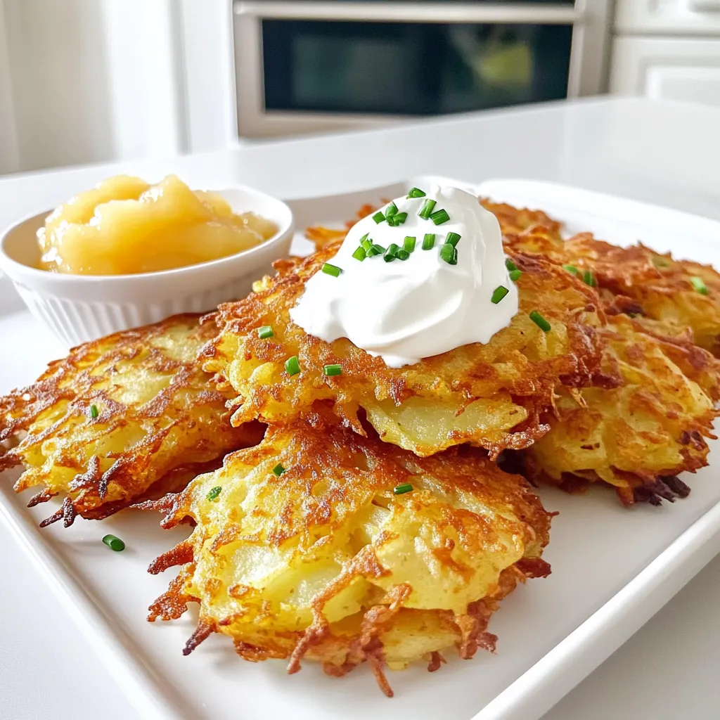 - 4 large russet potatoes - 1 medium onion - 2 large eggs - 1/4 cup all-purpose flour - 1 teaspoon baking powder - 1 teaspoon salt - 1/2 teaspoon black pepper - Cooking spray or olive oil Why choose russet potatoes? I love using russet potatoes because they have a high starch content. This quality helps the latkes get that crispy texture we all crave. Their dry, fluffy flesh is perfect for frying, and they hold their shape well. Plus, they’re easy to find in most grocery stores! Role of eggs and flour in binding Eggs and flour work together to bind the latke mix. Eggs add moisture and richness, while flour helps hold everything together. This combination creates a sturdy patty that won’t fall apart when you fry it. The baking powder gives it a little lift, adding to the crispiness. This balance is key for perfect latkes! Start by rinsing the grated potatoes and onions under cold water. This step is key. It removes the extra starch. Less starch means crispier latkes. Once rinsed, let them drain in a colander. After draining, use a clean kitchen towel to squeeze out as much moisture as you can. Dry potatoes are essential for crispy latkes. In a large bowl, combine the dried potatoes and onions. Make sure they mix well. In a separate bowl, whisk together the eggs, flour, baking powder, salt, and pepper. Mix until smooth. Pour this egg mixture over the grated vegetables. Now, stir it all together. Every piece needs to be covered well. This ensures a nice texture in every bite. Preheat your air fryer to 375°F (190°C). This step helps the latkes cook evenly. Lightly spray the air fryer basket with cooking spray or drizzle olive oil. This will stop the latkes from sticking. Now, take small spoonfuls of the latke mixture. Place them in the air fryer basket. Flatten each spoonful to make even patties. Leave enough space between them. This will help them cook well. Mist the tops with cooking spray or oil. Cook the latkes for about 12-15 minutes. Flip them halfway through for even browning. Look for a golden brown color and a crispy outside. When done, take them out and keep warm on a plate while you cook the rest. To get crispy latkes, you must remove moisture. Rinsing the grated potatoes and onions helps. This step gets rid of extra starch. After rinsing, drain them well. Use a clean kitchen towel to squeeze out more moisture. When misting with oil, I prefer using cooking spray. It coats the latkes evenly. Drizzling oil can make them greasy. A light mist helps them crisp up better. Timing is key when flipping latkes. Flip them halfway through cooking, around 6-8 minutes in. The right time helps them cook evenly. Look for a golden brown color. This means they are getting crispy. If they seem too soft, give them a few more minutes. Serve latkes hot for the best taste. I love topping them with sour cream and fresh chives. This adds color and flavor. You can also serve applesauce on the side. The sweet flavor pairs well with the crispy latkes. {{image_4}} You can make your latkes gluten-free. Just swap all-purpose flour for a gluten-free blend. This change keeps the texture light and crispy. If you want to add a kick, try spices like paprika or garlic powder. These spices boost flavor without much effort. Toppings can change everything! You can try sour cream and fresh chives for a classic taste. Or, mix it up with applesauce for a sweet twist. Another fun idea is to serve latkes with avocado and salsa for a fresh feel. Pair with a simple salad or roasted veggies for a balanced meal. Air frying gives you crispy latkes with less oil. This method keeps the dish healthy and delicious. You can also deep fry them for a golden-brown crust. If you prefer, bake latkes in the oven at 400°F (200°C) for about 20-25 minutes. This method is easy if you want to make a large batch at once. Just make sure to flip them halfway for even cooking. To store leftover latkes, let them cool first. Place them in an airtight container. I suggest using glass or BPA-free plastic containers. This keeps them fresh and prevents odors from other foods. To reheat latkes without losing crispiness, use an oven. Preheat it to 375°F (190°C). Place the latkes on a baking sheet. Heat them for about 10 minutes until crispy. If using a microwave, place a paper towel under the latkes. This helps absorb moisture, but they won’t be as crispy. To freeze air fryer latkes, let them cool completely. Arrange them in a single layer on a baking sheet. Freeze them for about an hour, then transfer to a freezer bag. This prevents them from sticking together. For thawing, place them in the fridge overnight. Reheat in the oven for the best texture. Yes, you can prepare the latke mixture ahead of time. Store it in the fridge for up to 24 hours. Keep the mixture in an airtight container. This helps preserve freshness and flavor. Be sure to stir it before cooking. If it looks watery, you may need to drain some liquid. If you need an egg substitute, use applesauce or mashed banana. Each can replace one egg in the recipe. You can also use flaxseed meal mixed with water. For this, mix one tablespoon of flaxseed with three tablespoons of water. Let it sit for a few minutes until it thickens. Cooked latkes can last in the fridge for about three to five days. Store them in an airtight container. For longer storage, freeze them. When frozen, they last up to three months. Reheat them in the air fryer for best results. This keeps them crispy and delicious. This blog post covered essential steps to make delicious latkes. We discussed the main ingredients, their benefits, and how to prepare them for air frying. You learned helpful tips for achieving crispy latkes and creative variations to try. Remember, proper storage and reheating keep your latkes tasty. Explore your own twists on these recipes. Cooking is about having fun in the kitchen. Enjoy making and sharing your latkes with family and friends!