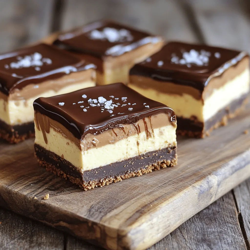 To make these No Bake Chocolate Peanut Butter Cheesecake Bars, gather these simple ingredients: - 1 ½ cups graham cracker crumbs - ½ cup unsweetened cocoa powder - ⅓ cup granulated sugar - ½ cup unsalted butter, melted - 1 (8 oz) package cream cheese, softened - ½ cup creamy peanut butter - 1 cup powdered sugar - 1 teaspoon pure vanilla extract - 1 cup heavy whipping cream - 1 cup chocolate chips (for topping) - Sea salt (for garnish) Each ingredient plays a key role in building flavor. The graham cracker crumbs give a nice base. Cocoa powder adds rich chocolate notes. Granulated sugar sweetens the crust. Unsalted butter helps bind it all together. For the filling, cream cheese creates a smooth texture. Creamy peanut butter offers a delightful flavor. Powdered sugar sweetens the filling while vanilla extract rounds out the taste. Heavy whipping cream makes the filling light and fluffy. Finally, chocolate chips melt beautifully on top, and sea salt enhances the sweet and salty balance. Each bite delivers a perfect mix of chocolate and peanut butter. - Combine graham cracker crumbs, cocoa powder, and granulated sugar. - Mix in melted butter until texture resembles damp sand. To start, take a medium bowl. Pour in 1 ½ cups of graham cracker crumbs. Add ½ cup of cocoa powder and ⅓ cup of granulated sugar. Stir these together until they blend. Now, pour in ½ cup of melted unsalted butter. Mix well until it feels like damp sand. This mixture will be the base of your cheesecake bars. - Line an 8x8 inch baking dish with parchment paper. - Press crust mixture firmly into the bottom and chill. Next, grab an 8x8 inch baking dish. Line it with parchment paper, leaving some overhang. This helps later when you remove the bars. Take your crust mixture and press it firmly into the bottom. Make sure it’s even. Place the dish in the fridge for about 15 minutes. This helps it set. - Beat cream cheese until creamy and smooth. - Mix in creamy peanut butter. - Gradually sift in powdered sugar and vanilla extract. Now, let’s make the filling. In a large bowl, beat 1 package of softened cream cheese using a hand mixer. Keep mixing until it’s creamy and smooth. Then, add ½ cup of creamy peanut butter. Blend until they mix well. Slowly sift in 1 cup of powdered sugar and 1 teaspoon of pure vanilla extract. Keep mixing until it’s fluffy and smooth. - Whip heavy cream until stiff peaks form. - Fold whipped cream into the cheesecake mixture. In another bowl, take 1 cup of heavy whipping cream. Use a hand mixer to whip it until stiff peaks form. This means it will hold its shape. Now, gently fold the whipped cream into your cheesecake filling. Do this carefully to keep the air in the whipped cream. - Pour cheesecake filling over the set crust and smooth out. Once the crust is chilled, it’s time for the filling. Pour the creamy cheesecake mixture over the crust. Use a spatula to spread it evenly. Make sure it looks nice and smooth on top. - Heat chocolate chips in intervals until melted. - Drizzle and spread over cheesecake layer. For the topping, take 1 cup of chocolate chips. Place them in a microwave-safe bowl. Heat them in 15-second intervals, stirring in between. Keep doing this until the chocolate melts and looks glossy. Carefully drizzle the melted chocolate over the cheesecake layer. Use a spatula to spread it well. - Cover and refrigerate for 4 hours, preferably overnight. - Slice and sprinkle with sea salt before serving. Finally, cover your baking dish with plastic wrap or foil. Put it in the fridge for at least 4 hours, but overnight is best. When ready, lift the bars out using the parchment overhang. Cut them into 16 square bars. Before serving, sprinkle a pinch of sea salt on top for extra flavor. Enjoy your delicious treat! To get the best texture, chill the crust well. Chilling helps it set and hold its shape. When you press the crust into the pan, make sure it is compact. This step is key to avoid a crumbly base. Next, let's talk about folding whipped cream. When you whip the cream, it should form stiff peaks. This means it stands tall and doesn't droop. Gently fold the whipped cream into the cheesecake mix. Use a spatula and be careful not to stir too hard. You want to keep that airy fluffiness. For presentation, arrange the bars on a nice plate. You can use a wooden cutting board for a rustic look. Drizzle extra melted chocolate over the bars for style. Sprinkle crushed peanuts or graham cracker crumbs on top for texture. Pair these bars with coffee or dessert wine. A rich coffee balances the sweetness. A sweet dessert wine can enhance the flavors too. Both options make your dessert stand out. One common mistake is overmixing the cheesecake filling. If you mix it too much, the filling can become too soft. This makes it hard to set properly. Mix just until everything is smooth and fluffy. Another mistake is not allowing enough chilling time. Chill the bars for at least four hours. If you can, chill them overnight. This helps the flavors blend and the bars to firm up. {{image_4}} You can switch up the peanut butter for a fun twist. Using chunky peanut butter adds a nice texture. The bits of peanuts give each bite a delightful crunch. If you prefer other nut butters, try almond or cashew butter. These options bring different flavors while keeping the same creamy feel. The type of chocolate you use can change the taste. Dark chocolate adds a rich flavor that many love. Milk chocolate is sweeter and creamy, so choose what you like best. You can also add cocoa powder to the filling. This gives the cheesecake a deeper chocolate taste, making each bite even more satisfying. If you need gluten-free bars, use gluten-free graham crackers. They work just as well and keep the crust tasty. For a vegan version, replace dairy ingredients with plant-based ones. Use dairy-free cream cheese and coconut cream for whipping. These swaps let everyone enjoy this treat without missing out! To keep your No Bake Chocolate Peanut Butter Cheesecake Bars fresh, store them in the fridge. Use an airtight container for leftovers. This helps to prevent them from absorbing other smells in the fridge. If you want to freeze them, wrap each bar in plastic wrap, then place them in a freezer-safe bag. This keeps them safe from freezer burn. These bars can last up to five days in the fridge. Always check for any signs of spoilage. If they smell off or have a change in texture, it’s best to throw them out. You want to enjoy your dessert at its best! You can use other cookies for the crust. Try using digestive biscuits, vanilla wafers, or even Oreo cookies. Just crush them into fine crumbs. Mix them with cocoa powder and melted butter. This will give you a tasty base for your cheesecake bars. Yes, you can! This recipe is perfect for making ahead. Prepare the bars a day before you want to serve them. Just cover the dish tightly with plastic wrap. Chill overnight for the best taste and texture. Absolutely! You can use sugar substitutes like stevia or erythritol. These options keep the sweetness without the extra sugar. You may also reduce the amount of powdered sugar in the filling. Just taste as you go to ensure it’s sweet enough for your liking. Yes, you can use regular cream cheese. It will make the cheesecake richer and creamier. The flavor will be fuller, but it may add more fat. If you prefer a lighter version, stick with low-fat cream cheese. If your cheesecake is too runny, it often means it didn’t set properly. Make sure to whip the cream until stiff peaks form. Also, ensure you chill the bars for enough time. If it’s runny after chilling, you can try adding a bit more cream cheese or whipped cream to thicken it up during the mixing stage. This recipe offers a delicious peanut butter chocolate cheesecake experience. You learned the key ingredients, simple steps, and helpful tips. Remember to chill your crust and filling for the best texture. Feel free to experiment with variations like different nut butters or chocolate types. Store leftovers properly to keep the cheesecake fresh. Enjoy this treat with friends or family, and share your creations! Happy baking!