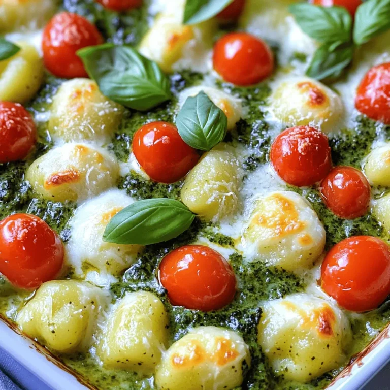 - 1 lb (450g) potato gnocchi - 1 cup fresh basil pesto - 1 cup heavy cream - 1 cup cherry tomatoes, halved - 1 cup fresh spinach leaves - 1 cup mozzarella cheese, shredded - 1/2 cup grated Parmesan cheese - 2 tablespoons olive oil - 2 cloves garlic, minced - Salt and pepper, to taste - Fresh basil leaves for garnish These ingredients make the Creamy Pesto Gnocchi Bake truly special. The potato gnocchi serves as a soft and pillowy base. Fresh basil pesto brings vibrant flavor and a lovely green hue. Heavy cream adds richness, creating a creamy texture that envelops the gnocchi. I love adding cherry tomatoes because they burst with sweetness when cooked. Fresh spinach not only adds color but provides nutrients too. The mozzarella and Parmesan cheeses melt beautifully, giving a cheesy, gooey topping that is hard to resist. Don't forget the olive oil and garlic! They enhance the dish's aroma and flavor. Finally, season with salt and pepper to make each bite pop. Fresh basil leaves on top add a lovely touch, both in taste and presentation. With these ingredients ready, you are set for a delightful cooking adventure! Set your oven temperature to 400°F (200°C). This step is key for a crispy top. Boil a large pot of salted water. Add your gnocchi and cook until they float, about 2-3 minutes. Once they float, they are ready! Drain the gnocchi and set them aside for later. In a large skillet, heat 2 tablespoons of olive oil over medium heat. Add 2 cloves of minced garlic and cook for about 1 minute. You want it fragrant, not browned. Next, toss in 1 cup of halved cherry tomatoes and 1 cup of fresh spinach leaves. Cook for about 3-4 minutes until the spinach wilts and the tomatoes soften. In a mixing bowl, combine 1 cup of fresh basil pesto with 1 cup of heavy cream. Stir until smooth and creamy. This sauce will add rich flavor to your dish. Gently add the drained gnocchi into the skillet with the cooked veggies. Pour the creamy pesto sauce over everything. Stir carefully to coat the gnocchi well. Season with salt and pepper to your taste. Transfer the gnocchi mixture into a greased baking dish. Spread it out evenly. Top with 1 cup of shredded mozzarella cheese and 1/2 cup of grated Parmesan cheese. Place the dish in the preheated oven. Bake for 20-25 minutes, until the cheese is bubbling and golden brown. Once done, let it cool for a few minutes before serving. Enjoy your creamy, flavorful bake! To get that perfect cheese melt and browning, keep an eye on the oven. Bake your gnocchi for 20 to 25 minutes. You want the cheese to bubble and turn golden brown. If you like a crispier top, broil it for a few minutes after baking. Just watch closely to avoid burning. If you run out of ingredients, don’t worry! You can swap the heavy cream for half-and-half or a dairy-free cream. For the pesto, try sun-dried tomato pesto or even a homemade spinach pesto. If you need a cheese swap, use gouda or feta instead of mozzarella. Each change brings a new twist to the dish. This creamy pesto gnocchi bake pairs well with a simple side salad or garlic bread. A light white wine, like Pinot Grigio, complements the flavors nicely. For a fun twist, try adding some crusty bread to soak up that creamy sauce. Enjoy your meal with friends for a delightful evening! {{image_4}} You can easily add more veggies to this dish. Try using bell peppers, zucchini, or mushrooms. Broccoli also works well. Just chop them into small pieces. Sauté them with garlic before adding to the gnocchi. This adds texture and flavor. It also makes the dish more colorful. Mixing in different vegetables boosts nutrients too. Want to make this dish heartier? Add some protein! Cooked chicken, shrimp, or sausage are great options. Simply sauté them until cooked, and then mix them in with the gnocchi. You can use rotisserie chicken for ease. Shrimp cooks quickly and adds a nice touch. Sausage brings a savory flavor that pairs well with pesto. If you need a gluten-free meal, don't worry! You can swap regular gnocchi for gluten-free gnocchi. Look for brands made from rice or corn. These options still taste great in the bake. You can also use spiralized veggies like zucchini as a base. This keeps the dish light and healthy. Enjoy your creamy pesto gnocchi bake without worry! To keep your creamy pesto gnocchi bake fresh, store it in an airtight container. Let it cool to room temperature first. This helps prevent condensation from forming, which can make your dish soggy. It will last up to three days in the fridge. When ready to enjoy again, simply pull it out and get ready to reheat. If you want to save some for later, freezing is a great option. First, let the dish cool completely. Then, slice it into portions and wrap each piece tightly in plastic wrap. Place the wrapped pieces in a freezer-safe bag or container. Label the bag with the date. The gnocchi bake can stay in the freezer for up to three months. When you crave it, just thaw it in the fridge overnight before reheating. To reheat your gnocchi bake, preheat your oven to 350°F (175°C). Place the dish in an oven-safe container if it’s not already. Cover it with foil to keep it moist. Bake for about 20-25 minutes or until it’s hot throughout. You can also use a microwave, but be careful not to overcook it. Heat in short bursts, stirring in between, until warm. Enjoy your creamy pesto gnocchi bake just like the first time! Yes, you can prepare this dish ahead of time. Cook the gnocchi and sauté the veggies. Mix everything in a baking dish but do not bake it yet. Cover the dish and place it in the fridge. When you're ready, just pop it into the oven. This saves time and makes dinner easy. If you don’t have gnocchi, you can use other pasta types. Small pasta shapes like fusilli or penne work well. You can also try using grains like quinoa or farro. These options still give you a tasty dish. You can keep the Creamy Pesto Gnocchi Bake in the fridge for about 3-5 days. Make sure it is in an airtight container. If it smells off or looks strange, it’s best to throw it away. Always prioritize safety when it comes to food. Using store-bought pesto is a great option. It saves time and still tastes good. However, some brands can be too salty or lack that fresh flavor. If you can, taste it before adding it to your dish. You can always add some extra herbs or nuts if needed. This blog post covered a simple and tasty recipe for Creamy Pesto Gnocchi Bake. You learned about the key ingredients, the step-by-step cooking process, and useful tips to enhance your dish. Remember, cooking can be fun and easy. Don't hesitate to adjust the recipe with your favorite veggies or proteins. Storing leftovers properly will keep your meal fresh for later. Enjoy creating this delicious dish with loved ones—it’s sure to impress!
