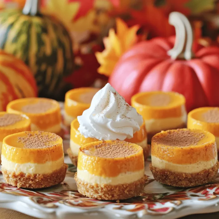 - 1 cup graham cracker crumbs - 2 tablespoons granulated sugar - 4 tablespoons unsalted butter, melted - 8 oz cream cheese, softened to room temperature - 1/2 cup canned pumpkin puree - 1/4 cup granulated sugar - 1 teaspoon pure vanilla extract - 1 teaspoon pumpkin pie spice - 1/4 teaspoon salt - 1/2 cup whipped cream (for topping) - Ground cinnamon (for dusting) You can swap graham cracker crumbs with crushed cookies for a twist. Try using gluten-free cookies for a gluten-free option. Cream cheese can be replaced with dairy-free cream cheese for a vegan version. If you want less sugar, cut down on the added sugar. You can also add a bit of maple syrup for a hint of sweetness. Top each cheesecake bite with a dollop of whipped cream. A sprinkle of ground cinnamon adds a lovely touch. You can also use chocolate shavings or caramel drizzle for extra flavor. For a festive look, add some crushed nuts or edible flowers on top. Consider using seasonal decorations around the platter for a fun display. First, grab a medium-sized bowl. In this bowl, mix 1 cup of graham cracker crumbs with 2 tablespoons of sugar. Next, pour in 4 tablespoons of melted butter. Stir this mixture well. You want it to look like wet sand. Now, line a mini muffin tin with paper liners or grease it lightly. Use a tablespoon to scoop the crust mix into each muffin cup. Press down firmly. Make sure each cup is packed tightly. This will hold the cheesecake filling well. In a large bowl, beat 8 oz of softened cream cheese with an electric mixer. Mix on medium speed until it is smooth and creamy. Add 1/2 cup of canned pumpkin puree, 1/4 cup of sugar, 1 teaspoon of vanilla extract, 1 teaspoon of pumpkin pie spice, and 1/4 teaspoon of salt. Keep mixing until everything is blended well and creamy. You should not see any lumps in the filling. Now, it’s time to fill the muffin cups. Spoon the pumpkin cheesecake mixture over the crusts. Fill each cup about 3/4 full. This gives them room to rise a bit as they set. Carefully transfer the muffin tin to the refrigerator. Let the cheesecake bites chill for at least 4 hours. This step is key for a great texture. When they are set, gently remove them from the tin. Top each bite with a dollop of whipped cream. Dust a little ground cinnamon on top to add flavor. Enjoy your tasty treats! When making pumpkin spice cheesecake bites, avoid over-mixing the filling. This can add air, making the bites too fluffy. Instead, mix until smooth and creamy. Another mistake is not chilling them long enough. These bites need at least four hours to set properly. Skipping this step can ruin the texture and taste. Lastly, be sure to pack the crust firmly. A loose crust will crumble when you serve them. To achieve a creamy texture, start with room temperature cream cheese. Cold cream cheese can lead to lumps. Also, mix gently when adding the canned pumpkin and sugar. This will help keep the filling smooth. After filling the muffin cups, make sure to leave some space at the top. This allows the filling to expand as it sets. Chilling them well is key. A longer chill time leads to a firmer bite. You can boost the flavor of your cheesecake bites with a few extras. Consider adding a pinch of nutmeg for warmth. A splash of maple syrup can add sweetness and depth. You might also try folding in mini chocolate chips for a fun twist. If you love nuts, crushed walnuts or pecans can add crunch. Finally, a drizzle of caramel on top before serving will elevate your treats even more. {{image_4}} To make gluten-free pumpkin spice cheesecake bites, swap graham crackers for gluten-free crumbs. You can use almond flour or gluten-free cookie crumbs. This change keeps the tasty crust while making it safe for those with gluten issues. Just make sure the other ingredients, like sugar and pumpkin puree, are also gluten-free. Everyone can enjoy these bites! You can easily make these cheesecake bites vegan. Replace cream cheese with a plant-based cream cheese. Use maple syrup or coconut sugar instead of granulated sugar. For the crust, use vegan butter or coconut oil. This way, you keep all the yumminess while making it plant-based. Your vegan friends will love these treats! While mini muffin tins are fun, you can try other serving styles. Use mini jars for a cute and trendy look. Layer the crust and filling in the jar for a delightful presentation. You can also make larger sizes in a cake pan. Just adjust the chilling time and slice them into squares. These serving ideas add a fun twist to your gatherings! To keep your pumpkin spice cheesecake bites fresh, store them in an airtight container. Place a piece of wax paper between layers to avoid sticking. This method helps keep the bites intact and tasty. Always refrigerate them if you have leftovers. You can safely enjoy these bites for up to five days in the fridge. After that, they may lose their creamy texture and flavor. If they look or smell off, it’s best to toss them. Want to save some for later? You can freeze these cheesecake bites! First, let them cool completely. Then, place them in a single layer on a baking sheet. Once frozen, transfer them to a freezer-safe container or bag. They can last for up to three months in the freezer. When you're ready to eat, just thaw them overnight in the fridge. Enjoy a taste of fall anytime! Serve pumpkin spice cheesecake bites chilled for the best taste. Top each bite with whipped cream. A sprinkle of ground cinnamon adds a lovely touch. Place them on a fun platter for a nice look. This makes them perfect for parties or family gatherings. Yes, you can use fresh pumpkin. Just cook it until soft, then mash or puree it. Make sure it is smooth and thick. Canned pumpkin is often easier and saves time, but fresh gives a great flavor too. You can make these cheesecake bites a day or two ahead. Just follow the recipe and chill them. They stay fresh in the fridge. This is great for busy days or when hosting a party. Yes, you can easily double the recipe. Just use a larger muffin tin or two tins. Make sure to adjust the chilling time if you make more. This way, everyone can enjoy these tasty treats! This blog post covered everything you need for making delicious pumpkin spice cheesecake bites. We discussed essential ingredients, toppings, and step-by-step instructions. I shared tips to avoid common mistakes and enhance flavor. We explored tasty variations and how to store leftovers properly. Remember, experimenting makes your recipes unique. Enjoy crafting your cheesecake bites, and don’t hesitate to try different flavors. Happy baking!
