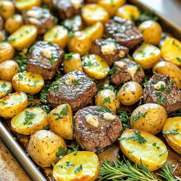 - 1 lb sirloin steak, cut into 1-inch cubes - 1 lb baby potatoes, halved - 4 tablespoons unsalted butter The main ingredients are key for flavor. Sirloin steak offers tenderness and rich taste. Baby potatoes add a creamy texture when cooked. Unsalted butter forms the base for the garlic butter sauce. - 1 teaspoon fresh rosemary, finely chopped - 1 teaspoon fresh thyme leaves - ½ teaspoon smoked paprika Herbs and seasonings elevate this dish. Fresh rosemary brings a pine-like aroma. Fresh thyme adds a subtle earthiness. Smoked paprika gives a warm, smoky flavor that rounds out the taste. - 4 cloves garlic, minced - 2 tablespoons extra virgin olive oil - Salt and black pepper to taste - Fresh parsley, chopped for garnish Garlic forms the heart of the garlic butter. Extra virgin olive oil helps season the potatoes. Salt and black pepper enhance all flavors. Fresh parsley adds color and freshness when served. Preheating your oven is key to great cooking. It ensures the heat is even. This helps your steak and potatoes cook properly. Set your oven to 425°F (220°C) and let it warm up. A hot oven makes sure your food roasts well and gets a nice brown color. Making the garlic butter is simple but important. In a small pan, melt four tablespoons of unsalted butter over medium heat. Once it's melted, add four minced garlic cloves, one teaspoon of chopped rosemary, and one teaspoon of thyme leaves. Stir in half a teaspoon of smoked paprika, salt, and black pepper. Cook for about one to two minutes. This step fills your kitchen with a wonderful aroma. Next, we will prep the potatoes. Take one pound of halved baby potatoes and place them in a large bowl. Drizzle two tablespoons of extra virgin olive oil over them. Add salt and black pepper to taste. Toss everything together. Make sure each potato is coated well. This adds flavor and helps them roast nicely. Now, it’s time to roast. Spread the seasoned potatoes on a parchment-lined baking sheet. Make sure they have enough space. This helps them cook evenly. Place the sheet in the preheated oven and roast for 15 minutes. Stir the potatoes halfway through. This keeps them from sticking and helps them brown. While the potatoes roast, season your steak. Take one pound of sirloin steak, cut into one-inch cubes. Sprinkle salt and black pepper all over the cubes. After 15 minutes, take the baking sheet out of the oven. Scatter the steak cubes over the potatoes. Drizzle the garlic butter mixture over both the steak and potatoes. This adds rich flavor. After roasting for another 10 to 12 minutes, check your food. The steak should be cooked to your liking, while the potatoes should be golden and tender. Remove the baking sheet from the oven and let it rest for a few minutes. Before serving, sprinkle fresh chopped parsley on top. This adds a colorful touch and fresh flavor. To get the best steak, know your doneness preferences. Here are some helpful tips: - Rare: Cook to 125°F (52°C). The center stays red and cool. - Medium Rare: Aim for 135°F (57°C). The center is warm and pink. - Medium: Target 145°F (63°C). The steak is mostly pink, with a bit of red. - Medium Well: Cook to 150°F (66°C). It has a slight hint of pink. - Well Done: Go for 160°F (71°C) or higher. The steak is fully cooked with no pink. Use a meat thermometer for accuracy. Check the steak as it cooks. This method helps you get the doneness you want. Want to boost the flavor? Try adding these extra seasonings: - Crushed red pepper flakes: Adds heat and spice. - Lemon zest: Brings a fresh and bright flavor. - Cumin: Adds a warm, earthy tone. - Bay leaves: Infuse a subtle herbal taste. You can mix these seasonings into the garlic butter. This will give the dish an extra kick. Experiment with flavors to find your favorite mix. Ovens can vary in temperature. Here are some adjustments to keep in mind: - Convection ovens: Lower the temperature by 25°F (14°C). This helps the food cook evenly. - Older ovens: Use an oven thermometer. These may not heat accurately. - High altitude: Increase cooking time slightly. This can change how food cooks. Keep an eye on your dish. If the potatoes look golden and the steak is sizzling, you're on the right track. Adjust times based on your oven's performance for the best results. {{image_4}} You can switch up the protein in this dish. Instead of sirloin steak, try flank steak or ribeye. Both cuts give great flavor. For a lighter option, use chicken breast or thighs. Pork tenderloin also works well. If you prefer plant-based proteins, consider marinated tofu or tempeh. Each choice brings new tastes to the dish. Feel free to add more veggies to your sheet pan. Carrots and bell peppers add color and sweetness. Zucchini or asparagus can give a fresh crunch. Broccoli florets are also a great addition for their nutrition. Just make sure to cut them to similar sizes for even cooking. Mixing in different veggies makes the meal more vibrant and tasty. Experiment with different herbs and spices to change the flavor. Try using oregano or basil for a Mediterranean twist. Cumin or chili powder can add a nice kick. For a citrusy hint, use lemon zest or a splash of lime juice. Don’t be afraid to mix and match seasonings. Each swap can give you a whole new dish! Store leftovers in an airtight container. This keeps them fresh. Place the container in the fridge after they cool. Use the leftovers within three days for the best taste. If you have more than you can eat, consider freezing some. To reheat, use the oven or a skillet. Preheat your oven to 350°F (175°C). Place the steak and potatoes on a baking sheet. Cover with foil to prevent drying out. Heat for about 15 minutes or until warm. In a skillet, add a little olive oil. Heat over medium heat and add the leftovers. Stir until everything is warm. You can freeze this dish, but it’s best to freeze the steak and potatoes separately. Allow them to cool completely. Wrap them tightly in plastic wrap, then foil. This keeps out air and moisture. They can last for up to three months in the freezer. To thaw, place in the fridge overnight. Then, reheat as mentioned above. Yes, you can use other cuts of steak. Cuts like ribeye or flank steak work well. They have great flavor and tenderness. Just make sure to cut them into cubes like the sirloin. Each cut gives a unique taste and texture. This dish takes about 40 minutes total. You will spend 10 minutes prepping and 30 minutes cooking. First, the potatoes roast for 15 minutes. Then, you add the steak and roast for another 10-12 minutes. Easy and quick! This dish pairs well with fresh veggies or a light salad. You might try steamed green beans or a simple arugula salad. These sides add color and balance to your meal. They also enhance the flavors of the steak and potatoes. Absolutely! You can prep the potatoes and garlic butter in advance. Store them in the fridge until you are ready to cook. Just remember to season the steak right before roasting. This keeps the meat flavorful and juicy. This article covered making a tasty sheet pan garlic butter steak and potatoes. We explored the ingredients, from sirloin steak to fresh herbs. I shared step-by-step instructions, helpful tips, and flavorful variations. Remember, cooking is fun, so play with flavors and try new things. Keep these tips in mind for perfect results. Enjoy your delicious meal and share it with others. Cooking doesn’t have to be hard when you have the right guidance! Keep experimenting and enjoy every bite.