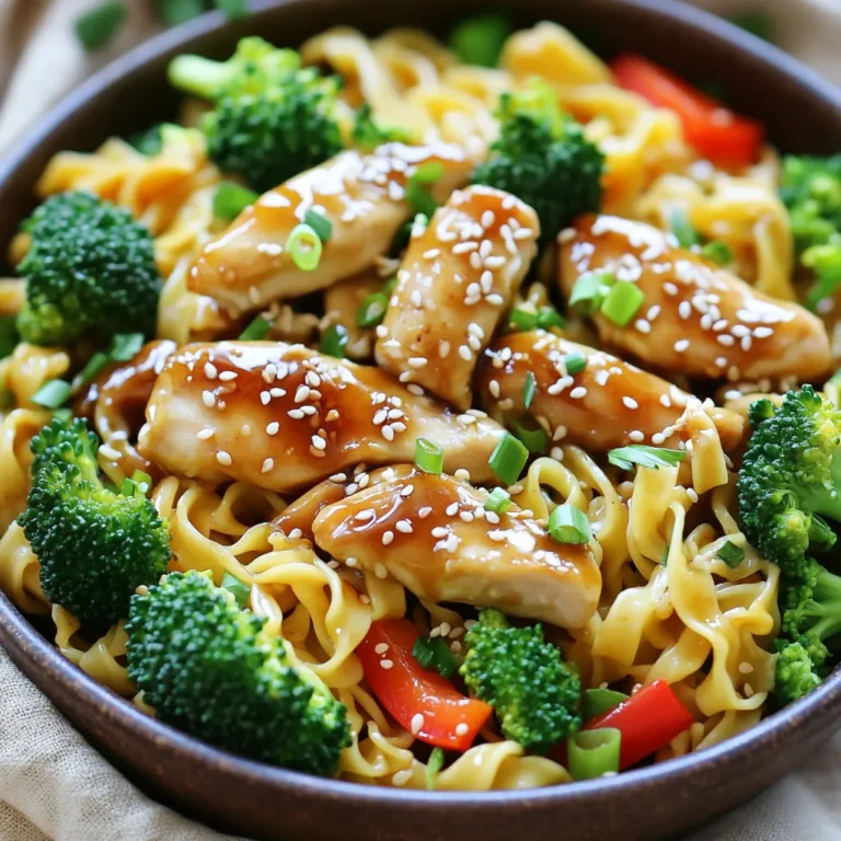 To make Minute Honey Garlic Chicken Noodles, gather these key items: - 2 boneless, skinless chicken breasts, sliced thinly - 2 tablespoons honey - 3 tablespoons soy sauce - 3 cloves garlic, minced - 1 tablespoon olive oil - 200g egg noodles - 1 cup broccoli florets - 1 red bell pepper, thinly sliced - 2 green onions, chopped - Sesame seeds for garnish - Salt and pepper to taste You will need a few tools to make this dish: - Large pot for boiling noodles - Skillet or wok for cooking chicken - Mixing bowls for sauces and seasonings - Whisk for blending sauces - Cooking spoon for stirring If you need substitutes, here are some ideas: - Chicken: Use tofu or shrimp for a different protein. - Honey: Maple syrup works well for sweetness. - Soy sauce: Tamari is a gluten-free option. - Noodles: Rice noodles or zucchini noodles can replace egg noodles. - Vegetables: Feel free to use any veggies you have on hand. To start, grab a large pot and fill it with water. Set it on the stove over high heat. When the water boils, add a good amount of salt. This helps the noodles taste better. Now, toss in 200 grams of egg noodles. Cook them until they are al dente, which usually takes a few minutes. In the last two minutes, add one cup of broccoli florets. They will turn bright green and tender. After that, drain the noodles and broccoli. Set them aside for later. Next, let’s make the honey garlic sauce. In a small bowl, mix together two tablespoons of honey, three tablespoons of soy sauce, and three minced garlic cloves. Use a whisk to blend these ingredients. This sauce adds a sweet and savory touch to your dish. Now it’s time to cook the chicken. Take two boneless, skinless chicken breasts and slice them thinly. In a bowl, season the chicken with salt and pepper. Heat a large skillet or wok over medium-high heat. Add one tablespoon of olive oil to the skillet. When the oil shimmers, place the chicken slices in the pan. Sauté them for about five minutes. Flip them often until they turn golden brown and are fully cooked. Now you have perfectly cooked noodles, bright broccoli, a tasty sauce, and golden chicken ready for the next steps. To get the best noodles, use a large pot for boiling. Add plenty of salt to the water. This adds flavor. Cook the egg noodles until they are al dente. This means they should be firm, not mushy. Stir in the broccoli during the last two minutes. This keeps the broccoli bright and fresh. Drain everything well before mixing. The honey garlic sauce is simple but tasty. You can add a pinch of red pepper flakes for some heat. A splash of rice vinegar adds a nice tang. If you want a deeper flavor, try adding a bit of ginger. Fresh ginger can really brighten the dish. Don’t be shy about tasting the sauce as you go. Adjust it to your liking! If you have leftovers, let them cool down first. Store them in an airtight container. This keeps them fresh. You can keep them in the fridge for up to three days. For longer storage, freeze portions in a freezer-safe bag. When ready to eat, thaw and reheat on the stove. Add a splash of water or broth to keep them moist. {{image_4}} You can easily make this dish gluten-free. Just swap regular soy sauce for tamari. Tamari is a great option that has the same taste. It works well with the honey and garlic flavors. You can also use gluten-free noodles. Look for rice noodles or other gluten-free brands. They cook quickly and hold up well in this dish. Adding vegetables boosts the nutrition of this meal. You can toss in more fresh veggies like carrots, snap peas, or bell peppers. They add color and crunch. Try using mushrooms for a savory taste. You can even add leafy greens like spinach or kale. Just stir them in during the last few minutes of cooking. This way, they stay bright and fresh. If you want to change the protein, you have options. Tofu is a great choice for a plant-based meal. Use firm tofu and cook it the same way as chicken. Shrimp is another quick option that cooks fast. You can also use beef or pork, thinly sliced. Each protein will bring a different flavor to the dish. Adjust the cooking time as needed to keep everything tender and juicy. To keep your Minute Honey Garlic Chicken Noodles fresh, place them in an airtight container. Make sure to cool them down first. Store the container in the fridge. They will last for up to three days. When you're ready to enjoy leftovers, reheat them on the stove. Add a splash of water or broth to keep them moist. Heat on medium until warm, stirring often. You can also use the microwave. Cover the dish and heat for about two minutes, stirring halfway through. If you want to save some for later, freezing is an option. Place the noodles and chicken in a freezer-safe container. Make sure to leave some space for expansion. They will stay good for up to three months. To reheat, let them thaw in the fridge overnight, then follow the reheating instructions above. You can store Minute Honey Garlic Chicken Noodles in the fridge for up to three days. Ensure you place them in an airtight container. This keeps the flavors fresh and prevents odors from mixing. Before serving, check for any signs of spoilage. Yes, you can prepare Minute Honey Garlic Chicken Noodles in advance. Cook the chicken and sauce ahead of time, then store them separately from the noodles and veggies. When you are ready to eat, just reheat and combine everything. This saves time on busy weeknights. You can serve Minute Honey Garlic Chicken Noodles with a side of steamed vegetables. A light salad also pairs well. If you want something heartier, consider garlic bread or fried rice. These options enhance your meal and add variety. In this blog post, we explored how to make Minute Honey Garlic Chicken Noodles. We covered the ingredients, tools, and step-by-step instructions. I shared tips for cooking noodles and making a tasty garlic sauce. You also learned about flavor boosts and storage options. This dish is easy to make and fun to customize. Try different protein sources or veggies to fit your taste. Enjoy your cooking journey with the tasty noodles!