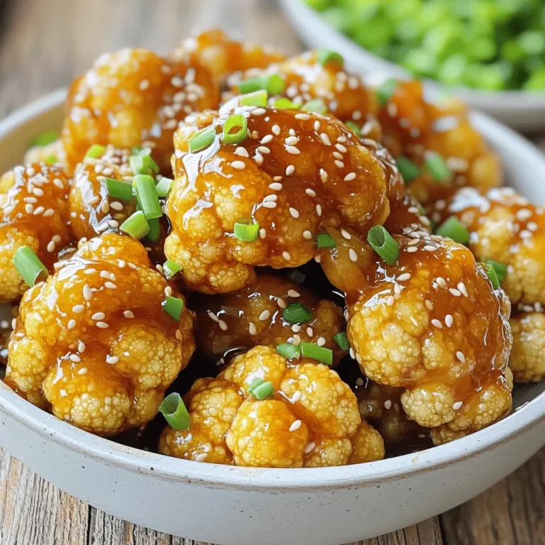 - Cauliflower florets - Honey - Soy sauce (low sodium preferred) - Extra virgin olive oil - Garlic and ginger - Sesame oil - Seasoning (salt and pepper) - Garnishes (sesame seeds and green onions) Gather your ingredients before you start cooking. Here’s what you need: 1. Cauliflower florets: Use one head of cauliflower, cut into bite-sized pieces. This helps them cook evenly. 2. Honey: This adds a sweet touch. I recommend three tablespoons for the right balance. 3. Soy sauce: Choose low sodium soy sauce. Two tablespoons will bring umami flavors. 4. Extra virgin olive oil: Use two tablespoons. It adds richness and helps with crisping. 5. Garlic and ginger: Three cloves of garlic, minced, and one teaspoon of freshly grated ginger give a nice kick. 6. Sesame oil: Just one teaspoon. It adds depth and a nutty flavor. 7. Seasoning: Add salt and pepper to taste. This enhances all the flavors. 8. Garnishes: Finish with one tablespoon of sesame seeds and two tablespoons of chopped green onions for a colorful touch. Make sure all your ingredients are ready. This helps you move quickly and keep the cooking fun! - Rinse and cut the cauliflower into florets. - Pat them dry to keep them crispy. First, you need to rinse the cauliflower under cold water. This helps remove dirt. After rinsing, cut the cauliflower into small florets. Make sure the pieces are similar in size. This helps them cook evenly. Then, use a kitchen towel to gently pat the florets dry. Removing moisture is key for that perfect crispiness. - Combine ingredients in a bowl. - Whisk until honey is dissolved. Next, let's make the marinade. In a large bowl, mix the honey, soy sauce, olive oil, minced garlic, and grated ginger. Don’t forget the sesame oil, salt, and pepper. Use a whisk to blend everything together. Whisk until the honey fully dissolves and you have a smooth mixture. - Toss florets in the marinade. - Let sit for 10-15 minutes. Now it's time to coat the cauliflower. Add the dry florets to the bowl with the marinade. Toss them gently until every piece is covered. This is where the magic happens! Let the coated cauliflower sit for about 10 to 15 minutes. This helps the flavors soak in. - Preheat air fryer. - Cook cauliflower in batches. - Shake halfway for even cooking. Preheat your air fryer to 375°F (190°C). Let it heat for about 5 minutes. Once hot, place the marinated cauliflower in the air fryer basket. Make sure to arrange them in a single layer. If you have a lot, cook in batches. Cook for 12 to 15 minutes and shake the basket halfway. This ensures even cooking and a crisp finish. - Drizzle more honey. - Add garnishes. After cooking, carefully take the cauliflower out of the air fryer. For a sweet finish, drizzle some more honey over the hot florets. Then, sprinkle sesame seeds and chopped green onions on top. This not only adds flavor but also makes it look great. Enjoy your tasty snack! To get a crispy texture, drying the florets is key. Moisture can make them soggy. After washing the cauliflower, I pat it dry with a towel. This small step helps the florets crisp up well in the air fryer. Cooking in batches is also important. If you crowd the air fryer, the cauliflower will steam instead of fry. I recommend filling the basket with just a single layer of florets. This way, each piece cooks evenly and becomes crispy. For better flavor, marinate the cauliflower for at least 10-15 minutes. This allows the honey and soy sauce to soak in deeply. You can adjust the marinade to suit your taste. If you like it sweeter, add more honey. For a saltier kick, increase the soy sauce a bit. This dish goes well with many sides. Try pairing it with a fresh salad or some rice. It also makes a great snack on its own. For dipping sauces, I suggest a spicy sriracha mayo or a tangy yogurt dip. These add a nice contrast to the sweet and savory flavors of the cauliflower. {{image_4}} You can change the recipe to suit your taste. Use maple syrup instead of honey for a different sweet note. The flavor will be rich, and it works well in this dish. If you're low on olive oil, try another oil like avocado oil. It has a high smoke point and adds a nice flavor. Want more heat? Add red pepper flakes to the marinade. Start with a pinch and adjust to your taste. You can also try other herbs and spices. Garlic powder or smoked paprika can add a nice twist. Experiment with what you have at home for fun flavors. If you're vegan, swapping honey for agave syrup is an easy fix. Agave gives a similar sweetness without any animal products. This makes the dish suitable for all diets while keeping it tasty. Enjoy your honey garlic cauliflower without worry! To keep your leftovers fresh, use an airtight container. Glass or plastic containers work well. Make sure the cauliflower is cool before sealing. Store in the refrigerator for up to three days. This way, you can enjoy your tasty snack later! The best way to reheat honey garlic cauliflower is in the air fryer. Preheat the air fryer to 350°F (175°C). Place the cauliflower in the basket for about 5-7 minutes. This helps keep it crispy. You can also use a microwave, but it may get a bit soggy. If using the microwave, heat in short bursts and check often. Yes, you can freeze honey garlic cauliflower! Place the cooled florets in a single layer on a baking sheet. Freeze for 1-2 hours until solid. Then, transfer them to a freezer-safe bag. They can last up to three months in the freezer. When ready to eat, thaw in the fridge overnight and reheat as mentioned above. You should cook cauliflower in the air fryer for 12 to 15 minutes. This time allows the cauliflower to become tender while developing a nice crisp on the edges. Remember to shake the basket halfway through to ensure even cooking. Yes, you can use frozen cauliflower. However, it is best to thaw it first. Drain any excess water to help achieve that crispy texture after cooking. Cooking time may vary, so check for tenderness. To add spice, you can mix in red pepper flakes with the marinade. You can also use spicy soy sauce or add sriracha for a kick. Adjust the amount based on your heat preference. Cauliflower is low in calories and high in fiber. It contains vitamins C and K, which help boost your immune system. Cauliflower is also a good source of antioxidants, which help fight free radicals in your body. Yes, you can prepare the cauliflower and marinate it ahead of time. Store it in the fridge for up to 24 hours before cooking. Just remember to shake off excess marinade before placing it in the air fryer. This blog post covered a simple and tasty air fryer cauliflower recipe. We explored each step from the ingredients to cooking tips. You learned how to achieve crispy texture and enhance flavors with easy swaps. Remember, you can customize this dish to fit your taste. Whether you want a spicy kick or a vegan option, it’s all up to you. Try it out, and enjoy your flavorful, healthy cauliflower!