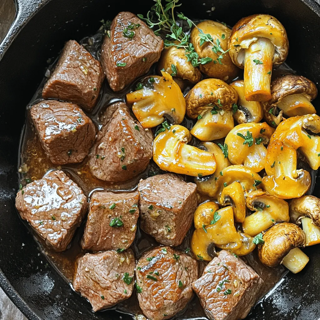 - 1 pound flank steak, cut into evenly sized bite-sized cubes - 8 ounces baby bella mushrooms, halved for optimal cooking - 4 tablespoons unsalted butter, softened for easier melting - 4 cloves garlic, minced finely for maximum flavor - 1 tablespoon fresh thyme leaves (or 1 teaspoon dried thyme if fresh is unavailable) - Salt and freshly cracked pepper to taste - Olive oil, for drizzling - Fresh parsley, chopped for garnish When I make Garlic Butter Steak Bites with Mushrooms, I keep it simple yet rich in flavor. The flank steak is my favorite. It cooks quickly and stays juicy. I cut it into small cubes for easy eating. The baby bella mushrooms add a nice texture and earthiness to the dish. I use unsalted butter because I can control the saltiness. It melts beautifully and merges with garlic, creating a rich sauce. I also add garlic for a punch of flavor. Fresh thyme brings a lovely herbal note. Salt and pepper are key for seasoning. I sprinkle them generously on the steak cubes to enhance their taste. A drizzle of olive oil helps everything cook evenly. Finally, I add fresh parsley for a pop of color and freshness. These ingredients work together to make a quick, tasty meal. They are easy to find and simple to prepare. Enjoying this dish on a weeknight feels like a treat! First, you need to prepare your skillet. Pour a drizzle of olive oil into a large skillet. Set it over medium-high heat. Wait until the oil shimmers. This tells you it’s ready for cooking. While the pan heats, season the flank steak cubes. Use salt and freshly cracked pepper. Be generous with the seasoning. Once the pan is hot, add the steak in a single layer. Avoid overcrowding the pan. Sear the steak for about 2-3 minutes on each side. You want it beautifully browned. After cooking, transfer the steak to a plate and set it aside. In the same skillet, add the halved baby bella mushrooms. Let them cook for about 5-7 minutes. Stir occasionally until they turn golden brown. They will release moisture while cooking. After that, reduce the heat to medium. Now, add the softened butter and minced garlic. Stir until the butter melts and the garlic smells great. This should take about 1 minute. Next, return the seared steak bites to the skillet. Sprinkle in the fresh thyme. Toss the steak and mushrooms in the garlic butter sauce. Let them cook together for an extra 1-2 minutes. This helps all the flavors meld together. Finally, taste the dish. Adjust the seasoning with more salt and pepper if needed. To get the best sear on your steak bites, time is key. Sear each side for about 2-3 minutes. This gives the meat a nice brown color. For doneness, use a meat thermometer. Aim for 130°F for medium-rare or 145°F for medium. If you prefer it well-done, go for 160°F. Remember, letting the steak rest for a few minutes after cooking helps keep it juicy. Adding more flavor is easy. Try using smoked paprika or cayenne for a spicy kick. You can also mix in some Worcestershire sauce for depth. For garlic butter variations, swap out thyme for rosemary or add a splash of lemon juice. These changes can make your dish unique and fun. How you serve your meal matters. Use a large platter to display the steak and mushrooms. Drizzle any remaining garlic butter sauce over the top. This adds shine and flavor. For garnishing, sprinkle fresh parsley on top. It adds color and freshness. You can even add lemon wedges for a pop of brightness. These small touches make your dish look and taste amazing. {{image_4}} You can switch out the flank steak for other proteins. Chicken works well here. Cut chicken breast into small pieces. Cook it the same way you do the steak. Shrimp is another great choice. Just make sure to adjust your cooking time. Shrimp cooks faster than steak. For a vegetarian option, try using tofu or tempeh. Press the tofu to remove excess water first. Then, cube it and sauté it just like the steak. You’ll still get a rich flavor from the garlic butter. Mushrooms add great flavor. Baby bella mushrooms are excellent, but you can try other types. Cremini mushrooms have a nice taste too. Portobello mushrooms can work well in larger pieces. Just slice them thick and enjoy their meaty texture. You can also add other vegetables. Bell peppers or zucchini can boost the dish. Slice them thin and cook them with the mushrooms. This adds color and nutrients, making your meal even better. Pair your garlic butter steak bites with tasty sides. Rice or mashed potatoes absorb the garlic butter sauce well. A fresh salad adds crunch and brightness. You can also serve it with crusty bread to soak up the sauce. When it comes to sauces, a simple chimichurri adds zest. You can also try a creamy dipping sauce for extra flavor. Experiment with what you like best. Enjoying this dish your way is part of the fun! To store leftovers, let the steak bites and mushrooms cool completely. Place them in an airtight container. This keeps them fresh. You can store them in the fridge for up to three days. The cooked steak bites will taste best when eaten soon. The longer they sit, the more flavor they lose. For reheating, the best method is to use a skillet. Heat the skillet over medium heat. Add a splash of water or broth to keep the meat moist. Stir the steak bites and mushrooms for about five minutes. This keeps the texture nice and the flavor intact. You can also microwave them, but this may make the steak a bit tough. Always cover the dish with a lid or plastic wrap to keep moisture in. To make garlic butter steak bites, follow these key steps: 1. Heat the Skillet: Drizzle olive oil in a large skillet and heat it over medium-high heat. Wait until it shimmers. 2. Season the Steak: Generously season the flank steak cubes with salt and pepper. 3. Sear the Steak: In the hot skillet, add the steak in a single layer. Sear for 2-3 minutes on each side until browned. Remove and set aside. 4. Cook the Mushrooms: In the same skillet, add halved baby bella mushrooms. Cook for 5-7 minutes until golden brown. 5. Make the Sauce: Lower the heat and add softened butter and minced garlic. Stir until the butter melts and garlic smells great. 6. Combine: Return the steak to the skillet and add fresh thyme. Toss for 1-2 minutes to mix flavors. 7. Taste and Garnish: Adjust seasoning, then garnish with chopped parsley before serving. Yes, you can use other cuts of steak. Recommended cuts for similar results include: - Ribeye - Sirloin - New York strip These cuts offer great flavor and tenderness. Just ensure they are in bite-sized pieces for even cooking. Garlic butter steak bites pair well with these popular side dishes: - Creamy mashed potatoes - Steamed green beans - Garlic bread - A fresh garden salad Each option adds great flavor and balance to your meal. You can prep some parts of this recipe ahead of time. Here are some tips: - Steak: Cut and season the steak cubes a few hours before cooking. - Mushrooms: Clean and halve the mushrooms in advance. - Butter Mixture: Mix the softened butter, minced garlic, and thyme ahead of time. Keep these items in the fridge until you are ready to cook. This way, your meal will be quick and easy. In this blog post, we explored making delicious garlic butter steak bites. We covered the main ingredients, cooking steps, and helpful tips for the best results. You learned about optional variations and how to store your leftovers. Remember, cooking is all about enjoying the process. Don't be afraid to try new things! Whether you stick to the classic recipe or experiment, great flavors await you. Happy cooking!