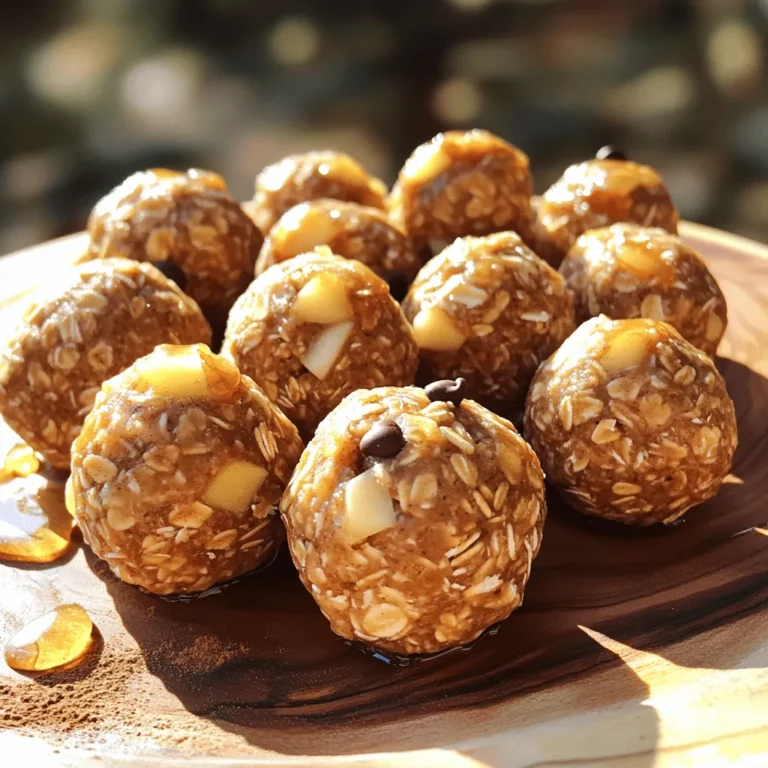 To make Caramel Apple Energy Balls, you need some simple and healthy ingredients. Here’s what you will need: - 1 cup rolled oats - 1/2 cup almond butter (or your preferred nut butter) - 1/2 cup unsweetened applesauce - 1/4 cup honey or maple syrup (adjust for sweetness preference) - 1 teaspoon pure vanilla extract - 1 teaspoon ground cinnamon - 1/4 cup dried apples, finely chopped - 1/4 cup mini chocolate chips (optional) - A pinch of sea salt Each ingredient plays a key role in flavor and texture. The rolled oats provide a good base. They add fiber and heartiness. Almond butter or any nut butter gives a creamy richness. Unsweetened applesauce adds moisture and sweetness without extra sugar. Honey or maple syrup brings natural sweetness. Pure vanilla extract enhances the overall flavor. Ground cinnamon adds warmth and spice, making these bites comforting. Dried apples give chewy texture and fruity notes. You can add mini chocolate chips for a bit of fun sweetness. Finally, don’t forget the sea salt! It balances all the flavors perfectly. Feel free to mix and match with your favorite nut butter. You can try peanut butter or sunflower seed butter too. This recipe is flexible, so have fun with it! In a large mixing bowl, you will combine the main ingredients. Start with 1 cup of rolled oats. Add in 1/2 cup of almond butter. Next, pour in 1/2 cup of unsweetened applesauce. You can choose 1/4 cup of honey or maple syrup for sweetness. Don’t forget 1 teaspoon of pure vanilla extract and 1 teaspoon of ground cinnamon. Use a sturdy spoon or spatula to mix everything well. Your goal is to ensure all ingredients blend together smoothly. Now, let's make the mixture more exciting. Add in 1/4 cup of finely chopped dried apples. If you love chocolate, include 1/4 cup of mini chocolate chips. Stir gently to mix these in. This ensures you get bites of apple and chocolate in every ball. Then, add a pinch of sea salt. This will enhance the flavors. Give it another stir to combine everything well. Next, we need to chill the mixture. Cover the bowl with plastic wrap or a lid. Place it in the fridge for about 30 minutes. This helps the mixture firm up. Once chilled, it’s time to shape the balls. Scoop out about 1 tablespoon of the mixture. Use your hands to roll it into smooth balls. Keep going until you've made all the balls. Finally, store them in an airtight container in the fridge. They will stay fresh for up to a week. You can easily change this recipe to suit your taste. - Swapping nut butters: Try peanut butter, cashew butter, or sunflower seed butter. Each brings a unique flavor. - Adding nuts or seeds: Chopped walnuts, almonds, or pumpkin seeds add nice crunch and nutrition. Make your energy balls look even more appealing. - Decorative serving suggestions: Use a colorful platter to show off your energy balls. Arrange them with care for a beautiful display. - Drizzling honey or maple syrup: A light drizzle on top adds sweetness and a glossy finish. You can also sprinkle a bit of cinnamon for a pop of color. Caramel Apple Energy Balls are not just tasty; they are good for you too. - Nutritional advantages: These energy balls offer a great mix of fiber, protein, and healthy fats. They provide a quick energy boost without the sugar crash. - Overview of vitamins and minerals: Ingredients like oats and applesauce are rich in vitamins. They contain B vitamins and antioxidants that support your health. {{image_4}} You can change up the caramel apple energy balls for fun. Try caramel apple pie energy balls. Just add a bit of nutmeg and more cinnamon to the mix. This gives it that warm pie flavor. You can also use seasonal fruits. Think of pears in the fall or berries in summer. Simply swap the dried apples with your favorite dried fruit. It gives a new taste while keeping the same healthy base. If you're looking for gluten-free modifications, use gluten-free oats. This keeps the texture and taste while making it safe for anyone with gluten allergies. For vegan-friendly options, replace honey with maple syrup. This makes the recipe fully plant-based. You can also check for nut butter that’s vegan. This way, you can enjoy a sweet treat that fits your diet. Store your Caramel Apple Energy Balls in an airtight container. This helps keep them fresh. You can use glass or plastic containers with tight lids. It’s best to layer parchment paper between the balls. This prevents them from sticking together. For optimal freshness, place the container in the refrigerator. The cool temperature keeps the flavors strong. These energy balls stay fresh in the fridge for up to a week. After that, their taste may change. Look out for any signs of spoilage. If they smell off or the texture changes, it’s best to throw them away. Always trust your senses when checking food freshness. Yes, you can freeze these energy balls. Store them in a freezer-safe bag or container. They freeze well for up to three months. Just thaw them in the fridge before eating. This helps keep them fresh and ready for a quick snack. You can keep Caramel Apple Energy Balls in the fridge for about one week. After that, they may lose their taste and texture. Check for any signs of spoilage, like an off smell or mold. If you don’t have almond butter, you can use any nut butter. Peanut butter works great too. You can also try sunflower seed butter for a nut-free option. Just make sure to pick a smooth version for best results. Yes, be mindful of nut allergies. If someone has a nut allergy, use sunflower seed butter instead. Also, check for gluten if using oats. Some brands may contain gluten. Always read labels to ensure safety for those with allergies. In this blog post, we explored how to make delicious Caramel Apple Energy Balls. We covered essential ingredients, step-by-step instructions, and customization tips. These energy balls are not just tasty; they also offer health benefits. Remember to store them properly for long-lasting freshness. Whether you want to swap ingredients or try new flavors, the choices are endless. Enjoy your healthy snacks and get creative in the kitchen!