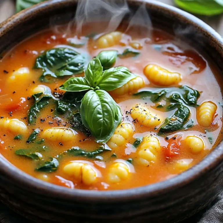 - Olive oil and aromatic vegetables - 1 tablespoon of olive oil - 1 medium onion, finely diced - 3 cloves garlic, minced - Key components: tomatoes and broth - 2 cans (14 ounces each) diced tomatoes, including their juices - 4 cups vegetable broth - Flavor enhancers: herbs and spices - 1 teaspoon dried basil - 1 teaspoon dried oregano - 1/2 teaspoon red pepper flakes (optional for heat) - Creamy base and gnocchi details - 1 cup heavy cream (or coconut milk for a dairy-free version) - 1 bag (16 ounces) frozen gnocchi - Fresh additions and garnishes - 2 cups fresh spinach, roughly chopped - Salt and pepper to taste - Fresh basil leaves for garnish When you gather these ingredients, you set the stage for a warm and cozy meal. The olive oil and vegetables form the base of the soup, giving it flavor right from the start. The tomatoes and broth create a rich, hearty texture. Herbs like basil and oregano add that classic Italian taste. If you want a bit of heat, the red pepper flakes give a nice kick. The cream or coconut milk makes the soup creamy and comforting. Don’t forget the frozen gnocchi. They cook perfectly in the soup and add a chewy texture. Fresh spinach brightens the dish with color and nutrients. Finally, topping it with fresh basil elevates the dish and makes it look appealing. Enjoy cooking this delicious soup! First, heat the olive oil in a skillet over medium heat. Once hot, add the finely diced onion. Sauté the onion until it becomes soft and clear. This takes about five minutes. Next, stir in the minced garlic and cook for one more minute. This step brings out the lovely garlic aroma. After that, transfer the onion and garlic mix to your slow cooker. Now, add the two cans of diced tomatoes to the slow cooker. Do not forget to include the juices from the cans. Then pour in the vegetable broth. Add the dried basil and oregano for extra flavor. If you like spice, toss in the red pepper flakes. It is key to mix everything well. This ensures every spoonful is full of flavor. Cover the slow cooker with its lid. Cook on low heat for four hours or on high heat for two hours. This time allows the flavors to blend perfectly. After the cooking time, check the taste. Adjust the flavors as needed. It should smell amazing! Once the soup is ready, add the heavy cream or coconut milk. Then, mix in the frozen gnocchi. Stir gently to spread the gnocchi throughout the soup. Cover the slow cooker again and cook for another 30 minutes on low heat. This step makes the gnocchi tender. Finally, add the fresh spinach, stirring it in well. Season with salt and pepper to your liking. Let the soup rest for a few minutes. This helps the spinach wilt just right. Serve the soup hot with fresh basil on top for a nice touch. To make this soup your own, adjust the spices. You can add more dried basil or oregano. If you like heat, add more red pepper flakes. Always taste the soup as it cooks. This way, you can find the right balance of flavors. Remember, great seasoning makes all the difference. Set your slow cooker to low for at least four hours. If you're in a hurry, high heat will work in two hours. Check the soup's consistency as it cooks. If it seems too thick, add a little more broth. If it's too thin, it will thicken as the gnocchi cooks. Always aim for a creamy texture. Garnish your soup for a beautiful finish. Add fresh basil leaves on top for color and flavor. You can also sprinkle extra oregano for an aromatic twist. This soup pairs well with warm, crusty bread. A slice of bread is perfect for dipping in the soup. Enjoy every bite! {{image_4}} For those who need dairy-free options, you can use coconut milk instead of heavy cream. This change keeps the soup creamy while adding a hint of sweetness. If you follow a vegetarian diet, this soup is naturally vegetarian-friendly. Just stick to vegetable broth and avoid any meat-based toppings. You still get a rich, hearty soup without meat. You can easily add protein to this soup. Chicken, sausage, or even beans work well. Cooked chicken adds a nice texture, while sausage gives a savory kick. If you want a meatless option, beans are a great choice. They add protein and fiber. You can also include more veggies, like carrots or bell peppers, to boost nutrition and flavor. Each addition makes the soup even more delicious and filling. You have options for gnocchi too. You can make homemade gnocchi if you're feeling adventurous. Fresh gnocchi cooks quickly and adds a special touch. If you prefer an easier route, store-bought gnocchi works perfectly. It saves time and still tastes great. You can also swap in other pasta types, like small shells or orzo. This gives you variety and fits your pantry staples. Store your leftover soup in an airtight container. This keeps it fresh and tasty. Make sure it cools down first before sealing. The soup will stay good in the fridge for about 3 to 4 days. When you are ready to eat, heat it gently on the stove. You can also use the microwave. Stir it well to make sure it heats evenly. You can freeze the soup to save for later. Let it cool completely before pouring it into freezer bags or containers. Leave some space at the top for expansion. When you want to enjoy it again, thaw it in the fridge overnight. For a quick method, place the bag in cold water. Reheat it on the stove, stirring often. In the fridge, your soup lasts about 3 to 4 days. In the freezer, it can stay good for about 2 to 3 months. Always check for signs of spoilage. If it looks off or smells strange, it’s best to toss it. Look for any mold or discoloration. Your health is important, so don’t take any chances! Yes, you can use fresh gnocchi. Fresh gnocchi cooks faster than frozen. Add it in the last 10 minutes of cooking. This keeps it soft and tender. You can use coconut milk for a dairy-free option. It adds a nice flavor and creaminess. Other options include milk or a mix of milk and butter. To add spice, increase the red pepper flakes. You could also add hot sauce or a dash of cayenne pepper. Start with a little, and taste as you go. Absolutely! Chopped carrots, zucchini, or bell peppers work well in this soup. Just chop them small so they cook evenly. Add them at the start with the other ingredients. Yes, you can make this soup on the stovetop. Just bring it to a boil, then simmer for about 30 minutes. Stir often to prevent sticking. To thicken the soup, you can add a cornstarch slurry. Mix 1 tablespoon of cornstarch with 2 tablespoons of water. Stir it in and let it cook for a few more minutes. This soup combines rich flavors, fresh ingredients, and easy steps for a tasty meal. You learned about the base with tomatoes, herbs, and gnocchi. I shared tips for flavor and cooking, plus variations for dietary needs. Remember, making this soup can be fun and flexible. Experiment with spices, keep it fresh, and enjoy it your way. With simple storage tips, savor every bite even later. Dive into this cooking adventure and make this soup a family favorite!