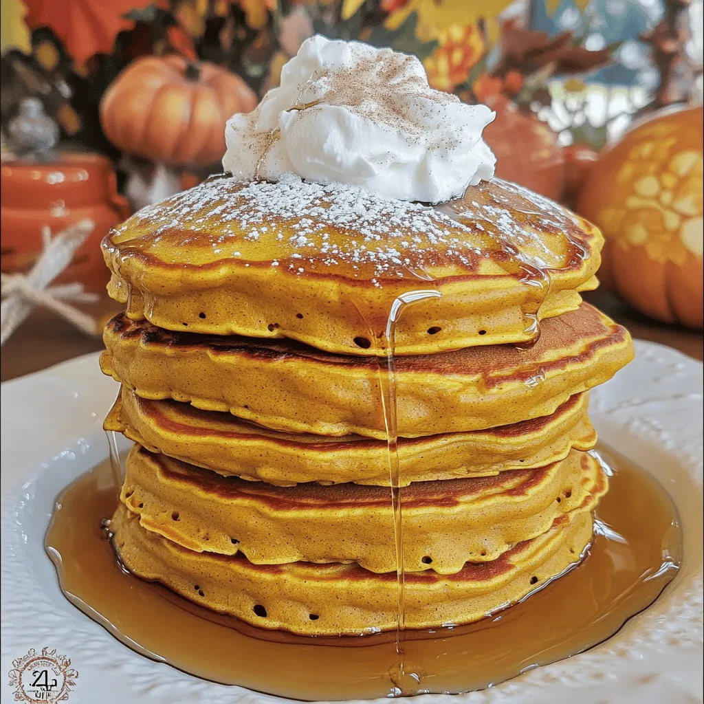 - 1 cup all-purpose flour - 1 tablespoon baking powder - 1 teaspoon ground cinnamon - 1/2 teaspoon ground nutmeg - 1/4 teaspoon ground ginger - 1/4 teaspoon salt - 1 cup canned pumpkin puree - 2 large eggs - 1/2 cup milk (can use dairy or non-dairy alternatives) - 1/4 cup pure maple syrup (plus extra for serving) - 1 teaspoon vanilla extract - 2 tablespoons melted butter (or coconut oil for a dairy-free option) - Additional maple syrup - Powdered sugar - Whipped cream or vanilla ice cream Gathering the right ingredients is key for these pancakes. Start with the dry ingredients. You will need all-purpose flour, baking powder, cinnamon, nutmeg, ginger, and salt. These spices bring warmth and flavor to each bite. Next, focus on the wet ingredients. Canned pumpkin puree is a must. It gives the pancakes moisture and sweetness. Eggs add structure, while milk, maple syrup, and vanilla extract enhance the taste. Melted butter or coconut oil makes these pancakes rich and tender. For a touch of fun, consider optional toppings. You can drizzle more maple syrup over your pancakes. A light dusting of powdered sugar adds sweetness. Whipped cream or vanilla ice cream can make your meal feel special. Each topping can elevate this dish to new heights. With these ingredients, you are set to create a delightful breakfast that captures the essence of fall. In a large mixing bowl, I whisk together the following dry ingredients: - 1 cup all-purpose flour - 1 tablespoon baking powder - 1 teaspoon ground cinnamon - 1/2 teaspoon ground nutmeg - 1/4 teaspoon ground ginger - 1/4 teaspoon salt Whisking these items together ensures the flavors blend well. The baking powder helps the pancakes rise, while the spices add warmth. Next, I grab another bowl to combine the wet ingredients. Here’s what I use: - 1 cup canned pumpkin puree - 2 large eggs - 1/2 cup milk (you can choose dairy or non-dairy) - 1/4 cup pure maple syrup - 1 teaspoon vanilla extract - 2 tablespoons melted butter (or coconut oil) I whisk these together until smooth. This step builds a rich base for the pancakes. Now, it's time to cook! I preheat a non-stick skillet over medium heat and lightly grease it. For each pancake, I pour about 1/4 cup of batter onto the skillet. I let them cook for about 2-3 minutes. Bubbles will form on the surface when they are ready to flip. After that, I carefully turn each pancake and cook for another 2-3 minutes until golden brown. While the pancakes cook, I prepare the syrup. In a small saucepan, I heat: - 1/2 cup maple syrup - A sprinkle of cinnamon I stir this mixture over low heat until warm. This step brings out the cinnamon's rich flavor. As I finish cooking the pancakes, I keep them warm. I place them in a low-temperature oven. When ready to serve, I stack the pancakes on a plate and drizzle the warm cinnamon syrup over them. For extra fun, I offer additional toppings like whipped cream or powdered sugar. This adds a festive touch to each plate! To make the best pancakes, avoid over-mixing your batter. When you combine the wet and dry ingredients, stir gently. A few lumps are okay. They help keep the pancakes fluffy. If you mix too much, your pancakes could turn out dense. You want them light and airy. You can add fun twists to your pancakes. Chocolate chips make a sweet treat. Nuts like walnuts or pecans add a nice crunch. Experimenting with spices is also exciting. Try adding a pinch of allspice or cardamom for a unique flavor. Each change can make the pancakes special. If you want to go dairy-free, use almond milk or coconut milk instead of regular milk. You can swap melted butter for coconut oil. For gluten-free pancakes, try almond flour or oat flour. These options keep the taste yummy while meeting different dietary needs. {{image_4}} Store any leftover pancakes in an airtight container. Place a piece of parchment paper between each pancake to prevent sticking. You can keep them in the fridge for up to three days. If you want to save them longer, freeze them! Just stack them with parchment and put them in a freezer bag. They can last for up to two months in the freezer. To reheat pancakes, the best method is using a toaster. Just pop them in until warm. You can also use a skillet over low heat. This way, they stay soft. If you're in a hurry, the microwave works too! Heat them for about 30 seconds, but be careful not to dry them out. Store any leftover cinnamon syrup in a sealed jar. Keep it in the fridge for up to two weeks. When you're ready to use it, just reheat it in a small saucepan over low heat. Stir it well before serving. If it thickens too much, add a splash of water or maple syrup to loosen it up. Each serving of these Maple Pumpkin Pancakes packs a delightful punch. Here’s the basic breakdown: - Calories: Approximately 220 - Fat: 8 grams - Protein: 6 grams - Carbs: 32 grams This means you can enjoy these pancakes without too much guilt! Pumpkin and maple syrup not only taste great, but they also offer health perks. - Pumpkin: This ingredient is rich in vitamins A and C. It also contains fiber, which helps digestion and keeps you full longer. - Maple Syrup: It’s a natural sweetener. It provides antioxidants and has minerals like manganese and zinc. These nutrients support your immune system. Both ingredients are tasty ways to boost your health while enjoying breakfast. To make your meal even better, consider these pairings: - Fresh Fruit: Slices of banana or berries add vitamins and freshness. - Yogurt: A dollop of Greek yogurt gives protein and creaminess. - Beverages: Serve with a warm cup of chai tea or a smoothie for extra nutrition and flavor. These sides round out your meal and make it more satisfying! Yes, you can use fresh pumpkin. Start by selecting a small sugar pumpkin. Cut it in half, remove the seeds, and roast it at 350°F for about 45 minutes. Once it's soft, scoop out the flesh and puree it in a blender or food processor. This fresh pumpkin adds a rich taste to your pancakes. Make sure to measure one cup of pureed pumpkin for the recipe. If you don't have maple syrup, you have options. Honey or agave syrup works well. You can also make a simple syrup by mixing equal parts sugar and water. Heat it until the sugar dissolves. This gives you a sweet topping for your pancakes. You might want to add a pinch of cinnamon for extra flavor. To make your pancakes fluffier, don't over-mix the batter. Mix until you see a few lumps; this keeps air in the batter. Using fresh baking powder also helps. Make sure your skillet is hot before pouring the batter. This creates steam, which makes the pancakes rise. Try letting the batter rest for about 5 minutes before cooking. You learned how to make delicious pumpkin pancakes from start to finish. We covered ingredients, cooking steps, and tips for the best texture. Remember to try different toppings and variations for extra fun. Don’t forget about storage and reheating so you can enjoy leftovers. These pancakes are easy, tasty, and perfect for any meal. Enjoy creating this warm treat, and share it with friends and family! Your new favorite recipe awaits.