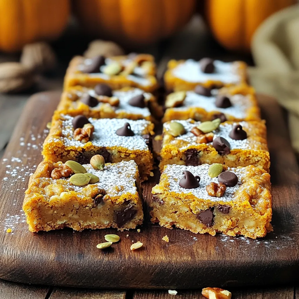 To make these tasty pumpkin spice oatmeal cookie bars, gather the following ingredients: - 1 cup rolled oats - 1 cup all-purpose flour - 1/2 cup packed brown sugar - 1/2 cup granulated sugar - 1 teaspoon baking soda - 1 teaspoon baking powder - 1 teaspoon pumpkin pie spice - 1/2 teaspoon salt - 1/2 cup unsalted butter, softened - 1/2 cup pumpkin puree (canned or fresh) - 1 large egg - 1 teaspoon vanilla extract - 1/2 cup chocolate chips (optional) - 1/4 cup chopped walnuts (optional) Each ingredient plays a key role. If you need to make changes, here are some smart swaps: - Use whole wheat flour instead of all-purpose flour for a heartier texture. - Swap brown sugar for coconut sugar for a lower glycemic index. - If you don’t have pumpkin pie spice, mix 1/2 teaspoon cinnamon, 1/4 teaspoon nutmeg, and 1/4 teaspoon ginger. - For a dairy-free option, use coconut oil in place of butter. You can try different sweeteners or add-ins for your cookie bars: - Maple syrup or honey can replace granulated sugar; just reduce the liquid in your recipe. - Add dried cranberries or raisins for a fruity twist. - For a nutty flavor, use pecans instead of walnuts. - You can also add a sprinkle of sea salt on top before baking for a sweet-salty combo. These options can enhance flavor and create a treat that suits your taste. Enjoy crafting your cookie bars! Start by preheating your oven to 350°F (175°C). This step is key for even baking. Next, take a 9x9-inch baking pan. Grease it with cooking spray or line it with parchment paper. This will help you remove the bars easily later. In a large bowl, combine the dry ingredients. Add 1 cup of rolled oats, 1 cup of all-purpose flour, 1/2 cup of packed brown sugar, 1/2 cup of granulated sugar, 1 teaspoon of baking soda, 1 teaspoon of baking powder, 1 teaspoon of pumpkin pie spice, and 1/2 teaspoon of salt. Whisk these well together. In another bowl, mix the wet ingredients. Use a hand mixer or whisk to combine 1/2 cup of softened unsalted butter, 1/2 cup of pumpkin puree, 1 large egg, and 1 teaspoon of vanilla extract. Blend until smooth and creamy. Now, gently fold the wet mixture into the dry ingredients. Stir until just combined. If you want to add chocolate chips or walnuts, fold them in at this point. Pour the batter into your prepared pan. Use a spatula to spread it evenly. Make sure to fill the corners well. Bake in the preheated oven for 20-25 minutes. Check if they are done when the edges turn golden brown. A toothpick should come out clean from the center. Once baked, remove the pan from the oven. Let it cool on a wire rack for about 10 minutes. After that, transfer the whole block of bars out of the pan and onto the rack. Allow them to cool completely. When cool, cut the bars into 12 squares with a sharp knife. Enjoy your delicious pumpkin spice oatmeal cookie bars! To get the best texture in your cookie bars, use rolled oats. They give a chewy bite. Measure your flour correctly. Too much flour makes the bars dry. Add the pumpkin puree gently. This keeps the bars moist and fluffy. Don't overmix the batter when combining wet and dry ingredients. Overmixing can lead to tough bars. To boost the pumpkin spice flavor, use fresh spices. Ground cinnamon, ginger, and nutmeg add depth. You can also add a pinch of ground cloves for a warm kick. Try using real vanilla extract instead of imitation. This adds a richer flavor. If you want extra pumpkin taste, use more pumpkin puree. Just balance it with a bit less flour. If your bars are too crumbly, they might need more moisture. Add a touch of milk or pumpkin puree. If they spread too much, your butter may have been too warm. Always cream cold butter for better shape. If they come out too dry, check your oven temperature. An oven thermometer helps ensure accuracy. Lastly, let them cool completely before cutting. This helps them hold together better. {{image_4}} You can make these cookie bars your own by adding mix-ins. Nuts like walnuts or pecans add crunch. Dried fruits, such as cranberries or raisins, bring sweetness. You can even try seeds like sunflower seeds for more texture. Just remember to keep the total amount around one cup. This way, the bars stay balanced and delicious. If you want a healthier version, you can easily adapt the recipe. For gluten-free bars, swap the all-purpose flour with a gluten-free blend. Make sure it contains xanthan gum for texture. For a vegan option, replace the egg with a flax egg. Mix one tablespoon of ground flaxseed with three tablespoons of water. Let it sit for a few minutes until it thickens. Use coconut oil instead of butter for a dairy-free treat. If you love spice, feel free to amp it up! Add an extra half teaspoon of pumpkin pie spice to the mix. You can also try adding a pinch of nutmeg or ginger for more warmth. This will make every bite burst with flavor. Remember, spice can change the mood of your bars, so adjust it based on your taste. Enjoy experimenting! To keep your Pumpkin Spice Oatmeal Cookie Bars fresh, store them in an airtight container. This method helps to retain moisture and flavor. You can leave them at room temperature for up to three days. If you want to keep them longer, refrigerate them for about a week. Freezing is a great option for these cookie bars. First, cut the bars into squares. Wrap each square tightly in plastic wrap, then place them in a freezer bag. This way, they stay fresh and tasty. You can freeze them for up to three months. When you want to enjoy them, just thaw them at room temperature for a few hours. To maintain freshness, avoid exposing the cookie bars to air for too long. Always use a clean utensil when taking a bar from the container. If the bars start to feel dry, you can place a slice of bread in the container. The bread will help keep the bars moist. Enjoy your tasty treats at their best! To make your bars more moist, try adding an extra 1/4 cup of pumpkin puree. You can also add a bit of applesauce or yogurt. These ingredients help keep the bars soft and tasty. Another tip is to bake them just until set. Overbaking can lead to dryness. Yes, you can use fresh pumpkin! Just cook and puree it first. Make sure the puree is smooth and not too watery. Fresh pumpkin can give a richer flavor, but it may need some extra care to get the right texture. These cookie bars last about 4 to 5 days at room temperature. Keep them in an airtight container to keep them fresh. You can also store them in the fridge for up to a week. Make sure they cool completely before storing. Yes, you can substitute the egg if needed. Use a flax egg by mixing 1 tablespoon of ground flaxseed with 2.5 tablespoons of water. Let it sit for a few minutes to thicken. This works well for binding and adds some healthy fats too. In this blog post, we covered how to make delicious pumpkin spice cookie bars. We looked at all the ingredients and their measurements. I shared tips to achieve the right texture and flavor. You learned about variations and storage methods too. With the right steps, you can create a tasty treat. Don't hesitate to be creative with mix-ins or alternatives. Enjoy your baking and delight in the flavors!
