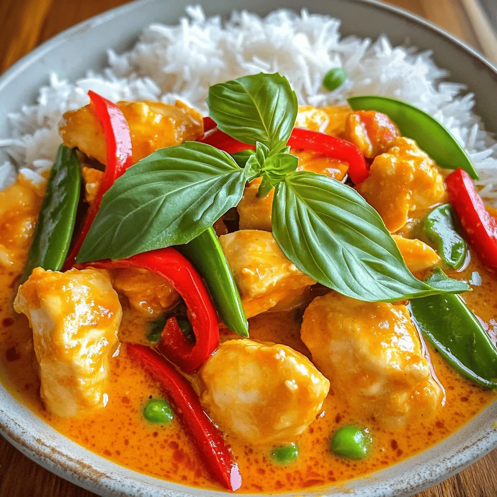 - 1 lb chicken breast, cut into bite-sized pieces - 1 cup coconut milk - 2 tablespoons red curry paste - 1 tablespoon fish sauce - 1 tablespoon brown sugar - 1 tablespoon fresh lime juice - 2 cloves garlic, minced - 1 tablespoon fresh ginger, minced - 1 tablespoon vegetable oil These main ingredients create the base of our Thai red curry chicken. The chicken provides protein, while coconut milk adds creaminess. Red curry paste brings rich flavor, and the fish sauce adds umami. Brown sugar balances the heat, and lime juice gives a fresh touch. - 1 red bell pepper, sliced into thin strips - 1 cup snow peas, trimmed - 1/2 cup bamboo shoots, drained and rinsed The vegetables add color and crunch to the dish. Red bell pepper brings sweetness. Snow peas add a nice snap, while bamboo shoots offer a unique texture. Together, they create a vibrant and healthy meal. - Fresh basil leaves, for garnish - Lime wedges, for serving - Steamed jasmine rice, for serving Garnishes make the dish more appealing. Fresh basil adds a pop of color and aroma. Lime wedges give an extra zing. Serve the curry over jasmine rice to soak up the delicious sauce. Heat 1 tablespoon of vegetable oil in a large skillet over medium heat. Once hot, add 2 cloves of minced garlic and 1 tablespoon of minced ginger. Sauté these for about 1 minute until they smell great and turn golden. This step builds the base flavor for your curry. Next, add 1 pound of chicken breast cut into bite-sized pieces. Spread the chicken out in a single layer. Cook for 5 to 7 minutes, stirring often. You want the chicken to brown and cook all the way through. This ensures juicy bites in your curry. Now, it's time to add flavor. Stir in 2 tablespoons of red curry paste. Keep stirring for about 2 minutes. This helps the curry paste release its rich and bold flavors. Pour in 1 cup of coconut milk, followed by 1 tablespoon of fish sauce, 1 tablespoon of brown sugar, and 1 tablespoon of fresh lime juice. Mix everything well until combined. Next, fold in sliced red bell pepper, snow peas, and bamboo shoots. Let the curry simmer on low heat for 5 to 10 minutes. This helps the veggies stay tender-crisp and lets the sauce thicken. Taste your curry and adjust the flavor if needed. You might want more lime juice for zing or an extra teaspoon of brown sugar for sweetness. Serve this delicious Thai red curry hot over jasmine rice. Garnish with fresh basil leaves for a pop of color and aroma. Enjoy every bite! To make your Thai red curry milder, use less red curry paste. Start with one tablespoon. If you want more heat, add another tablespoon. You can also add fresh chili slices for an extra kick. Remember to taste as you go! To deepen the flavor, add fresh herbs like cilantro or Thai basil. A pinch of lime zest brings brightness. You can also use a dash of soy sauce for umami. Consider adding a splash of coconut aminos for a unique twist. Chop your veggies and chicken ahead of time. This saves you time during cooking. Use a food processor for garlic and ginger to speed up prep. When you sauté, use a wide pan to cook everything evenly. This makes the process smoother and faster. {{image_4}} You can switch chicken for other proteins. Shrimp, tofu, or beef work well. Shrimp cooks fast and adds a nice texture. Tofu provides a great plant-based option. Beef can give a heartier taste. Adjust cooking times to ensure everything cooks evenly. For a tasty vegan meal, swap chicken with tofu or tempeh. Use coconut aminos instead of fish sauce. Replace brown sugar with maple syrup for sweetness. Make sure to check your curry paste for animal products. This keeps the dish plant-based and delicious. Experiment with different spices and flavors. Add lemongrass for a fresh twist. A dash of lime zest can brighten the dish. You might also try basil or cilantro for added depth. If you like heat, add chili flakes or fresh chilies. This gives you a chance to make the dish your own. To keep your Thai red curry chicken fresh, store leftovers in an airtight container. Make sure it cools to room temperature first. This helps avoid soggy food. You can keep it in the fridge for up to three days. Before serving again, check for any off smells. For long-term storage, you can freeze your curry. Let it cool completely. Then, place it in a freezer-safe container. Leave some space at the top, as it will expand. You can freeze it for up to three months. To make thawing easy, divide it into smaller portions. To reheat, the best method is on the stove. Pour the curry into a pan and heat it on low. Stir it often to keep it from sticking. You can add a splash of coconut milk if it seems dry. This helps maintain the rich flavor. If using a microwave, cover it loosely and heat in short bursts. Stir in between to ensure even warming. Yes, you can use different proteins. Chicken is great, but shrimp, pork, or beef work well too. For shrimp, add it later to avoid overcooking. If using beef, choose tender cuts like sirloin. Tofu is a fantastic option for a plant-based meal. Just press it to remove excess moisture for the best texture. Yes, there are several alternatives. You can use almond milk or cashew cream for a lighter version. If you prefer a creamier texture, try using soy or oat cream. Both options keep it dairy-free while still adding a nice richness. Just remember, the flavor will change slightly, so adjust spices as needed. You have a few easy options to thicken your curry. One way is to simmer it longer to reduce the liquid. This intensifies the flavors too. You can also mix a little cornstarch with water and stir it in. Another method is to mash some of the vegetables into the sauce for a thicker texture. Each option works well, so choose what fits your taste! In this blog post, we explored how to make a delicious curry dish. We covered main ingredients like chicken and coconut milk, alongside key vegetables and optional garnishes. You learned step-by-step cooking instructions, including tips for spice levels and flavor enhancements. We discussed protein swaps and a vegan version, plus storage and reheating methods. With these insights, you can create a flavorful meal that suits your taste. Enjoy experimenting with your curry!