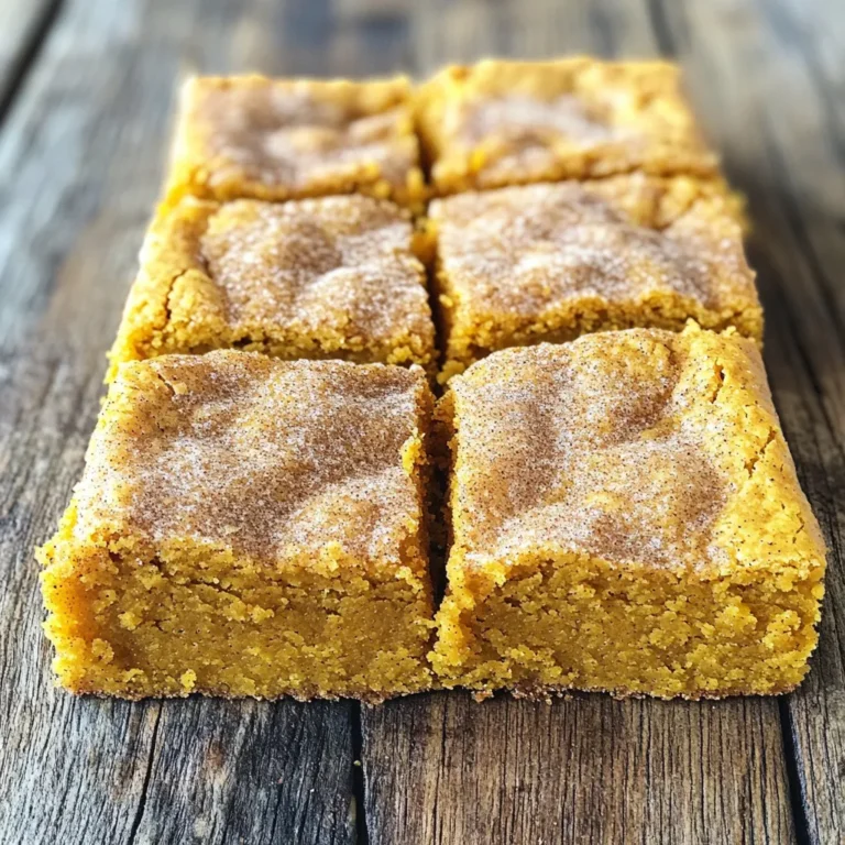 - 1 cup unsalted butter, softened - 1 cup packed brown sugar - 1/2 cup granulated sugar - 1 cup pumpkin puree - 2 large eggs - 1 teaspoon pure vanilla extract - 2 cups all-purpose flour - 1 teaspoon baking powder - 1/2 teaspoon baking soda - 1/2 teaspoon fine sea salt - 1 tablespoon ground cinnamon - 1/2 teaspoon ground nutmeg - 1/4 teaspoon ground ginger - 1/4 teaspoon cream of tartar - 1/2 cup cinnamon sugar (for topping) You can swap pumpkin puree with applesauce for a lighter taste. If you want it dairy-free, use coconut oil instead of butter. For the eggs, you can use flax eggs (1 tablespoon flaxseed meal + 2.5 tablespoons water per egg) for a vegan option. - Butter: Adds richness and moisture. It helps give the blondies a soft, chewy texture. - Brown Sugar: This sugar gives a deep caramel flavor and keeps the blondies moist. - Pumpkin Puree: It makes the blondies soft and adds a warm autumn flavor. - Eggs: They bind the batter and help with rising. - Flour: It provides structure. Too much flour can make blondies dry. - Baking Powder and Baking Soda: These leavening agents help the blondies rise and stay fluffy. - Spices: Cinnamon, nutmeg, and ginger give the blondies their signature fall flavor. - Cream of Tartar: It stabilizes the batter and adds a slight tanginess. - Cinnamon Sugar: This topping gives a sweet, crunchy crust that contrasts with the soft blondies. First, preheat your oven to 350°F (175°C). This step warms up the oven so your blondies bake evenly. Next, prepare a 9x13 inch baking pan. You can grease it lightly with butter or line it with parchment paper. This makes for easy removal later. In a large bowl, mix together 1 cup of softened butter, 1 cup of packed brown sugar, and 1/2 cup of granulated sugar. Beat this mixture on medium speed for about 3-4 minutes until it is light and fluffy. This step adds air into the mix, making your blondies soft. Next, add 1 cup of pumpkin puree, 2 large eggs, and 1 teaspoon of pure vanilla extract to the bowl. Mix until everything is smooth and well combined. In another bowl, whisk together 2 cups of all-purpose flour, 1 teaspoon of baking powder, 1/2 teaspoon of baking soda, 1/2 teaspoon of fine sea salt, 1 tablespoon of ground cinnamon, 1/2 teaspoon of ground nutmeg, 1/4 teaspoon of ground ginger, and 1/4 teaspoon of cream of tartar. This dry mix adds flavor and structure to your blondies. Slowly add the dry mix to the wet mix. Use a spatula to stir gently until just combined. Be careful not to overmix; this keeps your blondies light. Now pour the batter into your prepared pan. Use a spatula to spread it evenly. Generously sprinkle 1/2 cup of cinnamon sugar on top for a sweet crust. Place the pan in the oven and bake for 25-30 minutes. To check if they are done, insert a toothpick into the center. It should come out clean, with a few moist crumbs attached. After baking, cool the blondies in the pan for about 15 minutes. Then transfer them to a wire rack to cool completely before slicing into 24 squares or bars. When mixing, use room temperature ingredients. This helps them blend better, creating a smoother batter. Also, mix until just combined. Overmixing can make the blondies dense. If your butter is too cold, it won’t cream well with the sugars. For best results, let it sit out for about 30 minutes before mixing. Oven temperature is key for baking. If your oven is too hot, the blondies can burn. If it's too low, they might not set properly. Always use an oven thermometer to check the right temperature. Baking time also matters. If you bake them too long, they can dry out. Keep an eye on them and start checking around the 25-minute mark. This ensures you get that perfect, chewy texture. To get that fluffy texture in your Pumpkin Snickerdoodle Blondies, start with room-temperature butter. This helps it blend well with the sugars. Beat the butter and sugars together until light and fluffy. This normally takes about 3-4 minutes. Adding eggs one at a time also helps keep air in the mix. Finally, fold in the dry ingredients gently. Overmixing can lead to dense blondies, which we don’t want. One common mistake is not measuring the flour correctly. Too much flour makes the blondies dry. Use the spoon-and-level method to measure flour. Another mistake is baking at the wrong temperature. Always preheat your oven. Check for doneness by inserting a toothpick. If it comes out with a few moist crumbs, you're good to go. Having the right tools makes baking easier. Here are some essentials: - Mixing bowls: Use a large bowl for mixing wet and dry ingredients. - Hand mixer or stand mixer: This helps to beat the butter and sugars well. - Rubber spatula: Great for folding ingredients without overmixing. - 9x13 inch baking pan: This is perfect for even baking. - Parchment paper: Line your pan for easy removal. With these tools, your baking will go smoothly, and you’ll enjoy the process more! {{image_4}} You can change up this recipe to fit your taste. Adding nuts gives a nice crunch. Walnuts or pecans work well here. You can toss in chocolate chips for a sweet twist. Dark chocolate chips add a rich flavor. If you want, try white chocolate chips for a fun contrast. You can mix and match to find your favorite combo. If you need gluten-free options, use almond flour or a gluten-free blend. Make sure the flour you choose has a good texture. You can also swap the butter for coconut oil. This makes it dairy-free. Use flax eggs instead of regular eggs for a vegan option. Mix one tablespoon of flaxseed meal with three tablespoons of water. Let it sit for a few minutes to thicken before adding it to your mix. Pumpkin Snickerdoodle Blondies can change with the seasons. In fall, add in chopped apples for a crisp bite. For the winter holidays, dried cranberries or chopped nuts add a festive touch. You can also sprinkle extra cinnamon or nutmeg on top. This enhances the warm flavors of the blondies. Each season can bring its unique twist to this tasty treat. Enjoy experimenting! To keep your pumpkin snickerdoodle blondies fresh, store them in an airtight container. This helps maintain their soft texture and flavor. Place a piece of parchment paper between layers if stacking. Avoid direct sunlight to prevent them from drying out. When stored correctly, these blondies last about 5-7 days at room temperature. If you refrigerate them, they can last up to 10 days. Always check for any signs of spoilage, like dryness or off-smells, before serving. You can freeze these blondies for up to three months. First, cut them into squares. Wrap each square in plastic wrap, then place them in a freezer-safe bag. When you're ready to enjoy them, thaw them in the fridge overnight or at room temperature for a few hours. To cut blondies well, wait until they cool. Use a sharp knife for clean cuts. First, score the top lightly into 24 squares. Then, cut along those lines. This method keeps edges neat and avoids crumbling. For extra help, you can warm the knife slightly. This makes cutting easier and cleaner. Yes, you can make these blondies ahead of time. They store well and taste great even after a day or two. After cooling completely, keep them in an airtight container. They stay fresh at room temperature for up to five days. You can also freeze them for longer storage. Wrap them tightly in plastic wrap and place in a freezer bag. They can last for up to three months in the freezer. Blondies and brownies are both delicious treats, but they differ in key ways. Brownies get their rich flavor from cocoa powder and chocolate. Blondies use brown sugar and vanilla, giving them a sweet, caramel-like taste. The texture also varies; blondies are often denser and chewier. Each offers a unique flavor and experience, perfect for different moods and cravings. You learned about making delicious Pumpkin Snickerdoodle Blondies from start to finish. We covered key ingredients, important steps for baking, and tips to avoid mistakes. I shared ways to mix flavors, store your treats, and even answered common questions. Baking these blondies is fun and easy, with many ways to change them up. Try new flavors or make them fit your diet. Enjoy different variations while savoring the classic taste. Now, go bake and enjoy your homemade treats!