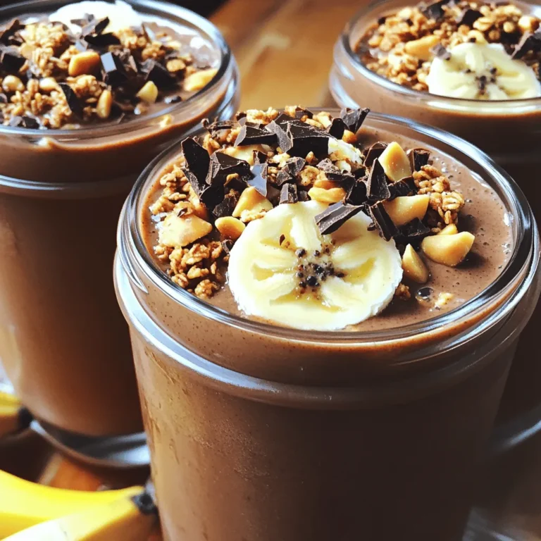 - 2 ripe bananas, sliced into rounds - 1 cup almond milk (or any milk of your choice) - 2 tablespoons natural peanut butter (creamy or crunchy) - 2 tablespoons unsweetened cocoa powder - 1 tablespoon honey or maple syrup (adjust based on your sweetness preference) - 1/4 cup Greek yogurt (optional, for added creaminess) - 1/2 teaspoon pure vanilla extract - A handful of ice cubes (optional, for a chilled smoothie) - Toppings: granola, chopped nuts, additional banana slices, or dark chocolate shavings You can swap some ingredients easily. Use soy milk or oat milk in place of almond milk. If you prefer another nut butter, try almond or cashew butter. You can also skip Greek yogurt for a lighter smoothie. Instead of honey, you can use agave syrup or coconut sugar. Don't have bananas? Use frozen berries for a fruity twist. - Bananas are a great source of potassium. They boost your energy and help with digestion. - Almond milk is low in calories and adds calcium, making it heart-friendly. - Peanut butter gives protein and healthy fats. It helps keep you full longer. - Cocoa powder is rich in antioxidants. It may improve mood and brain health. - Greek yogurt adds probiotics for gut health. It's also high in protein. - Honey or maple syrup offers natural sweetness without refined sugar. These ingredients work together to make this smoothie not just tasty but also good for you! To start, gather all your ingredients. You will need: - 2 ripe bananas, sliced into rounds - 1 cup almond milk - 2 tablespoons natural peanut butter - 2 tablespoons unsweetened cocoa powder - 1 tablespoon honey or maple syrup - 1/4 cup Greek yogurt (optional) - 1/2 teaspoon pure vanilla extract - A handful of ice cubes (optional) Now, add the sliced bananas, almond milk, peanut butter, cocoa powder, and honey into your blender. If you want to make it extra creamy, add Greek yogurt. Don’t forget the vanilla extract for extra flavor! Blend everything on high speed. You want it smooth and creamy. This usually takes about 30 seconds. If you like it cold, toss in some ice cubes and blend again. Check the texture. It should be thick but pourable. Next, grab your jars. Carefully pour the smoothie into each jar, filling them about three-quarters full. This leaves room for toppings. Now for the fun part! Choose your toppings. You can add granola, chopped nuts, extra banana slices, or dark chocolate shavings. This not only makes it tasty but also adds a nice look. Enjoy your tasty treat! To make the best chocolate peanut butter smoothie, start with a strong blender. This helps mix all the ingredients well. Add the softer items first, like bananas and almond milk. Then, add the thicker ingredients, such as peanut butter and cocoa powder. This order helps blend smoothly. If you want it cold, add ice cubes last. Blend until the mixture is creamy and smooth. Taste your smoothie before serving. If it isn’t sweet enough, add honey or maple syrup. Start with just a little, like a teaspoon. You can always add more if needed. Blend briefly after adding to mix it well. This way, you control the sweetness to match your taste. A great-looking smoothie jar makes it even better! Fill jars about three-quarters full. This leaves space for toppings. Use a spoon or straw that fits your jar. For toppings, try a mix of granola, nuts, or banana slices. Lay them on top nicely for a fun look. If you like, add some dark chocolate shavings for an extra treat! {{image_4}} You can mix flavors to create fun smoothie jars. Try adding berries, like strawberries or blueberries. They pair well with chocolate and peanut butter. You can also use a scoop of nut butter, like almond or cashew. If you want a tropical twist, add pineapple or mango. Each flavor brings a new taste to your smoothie. To make this smoothie dairy-free and vegan, use plant-based milk. Almond milk works great, but you can use oat or coconut milk too. Skip the Greek yogurt or use a dairy-free yogurt alternative. This keeps the creaminess while making sure it’s vegan. You can still enjoy delicious chocolate and peanut butter flavors without any animal products. To boost protein, add a scoop of protein powder. You can use plant-based protein for a vegan option. Another choice is chia seeds or flaxseeds. They add fiber and healthy fats too. If you prefer, toss in a tablespoon of hemp seeds. These small additions make your smoothie more filling and nutritious. To keep your chocolate peanut butter smoothie jars fresh, seal them well. Use lids that fit tight. Store the jars in the fridge. This way, they stay cool and tasty. If you want, you can also use glass or plastic containers. Just make sure they are clean and dry before adding your smoothie. Smoothie jars can last up to two days in the fridge. After that, they may lose taste and texture. If you see any change in color or smell, it is best to toss them. To keep them fresh longer, store the jars away from strong-smelling foods. This prevents unwanted flavors from mixing in. These smoothies are best served cold. If you want to enjoy them warm, heat them gently on the stove. Use low heat to avoid cooking the smoothie. Stir often to ensure even warming. When ready to serve, add your favorite toppings like granola or nuts. This adds crunch and flavor, making your smoothie even more enjoyable. Yes, you can use any milk type you like. Almond milk, oat milk, or soy milk all work well. Each option gives the smoothie a different taste and texture. If you want a creamier smoothie, try whole milk or coconut milk. Just pick what you enjoy most! To make your smoothie thicker, add more frozen banana or Greek yogurt. You can also use less liquid. If you want an even richer texture, add a scoop of protein powder. Blending in ice cubes can also help create a thicker, frosty feel. Toppings can make your smoothie jar even more fun! Granola adds crunch, while chopped nuts give a nice bite. Additional banana slices bring freshness, and dark chocolate shavings add a rich touch. Mix and match toppings to find your favorite combo! In this post, we explored how to create delicious smoothie jars. We covered key ingredients, substitutions, and their health benefits. Followed by step-by-step blending instructions for smooth results and tips for sweetening and presenting your jars. We also discussed flavor variations, storage methods, and addressed common questions. Smoothie jars are fun, healthy, and easy to make. Try them out to boost your nutrition and creativity in the kitchen!