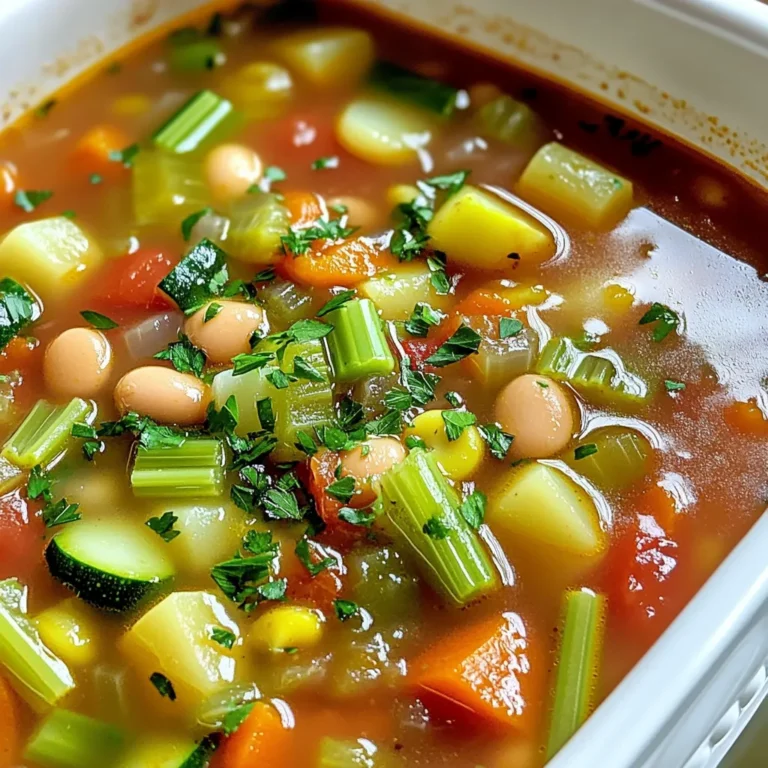 For this soup, we need a mix of fresh veggies. They add flavor and texture. Here’s what to gather: - 1 cup carrots, peeled and diced - 1 cup celery, diced - 1 cup zucchini, diced - 1 cup fresh green beans, trimmed and chopped - 1 cup potatoes, peeled and diced Canned items help make this soup easy and quick. They bring rich taste and nutrients. You will need: - 1 can (15 oz) cannellini beans, drained and rinsed - 1 can (14 oz) diced tomatoes, including juices - 4 cups vegetable broth Herbs and spices make the soup fragrant and bright. They are key for flavor. Gather these: - 1 tablespoon extra virgin olive oil - 3 cloves garlic, finely minced - 1 teaspoon dried oregano - 1 teaspoon dried basil - 1 bay leaf - Salt and freshly ground black pepper to taste - 1 cup small pasta (such as ditalini or elbow macaroni) - Fresh parsley, chopped (for garnish) - Grated Parmesan cheese (optional, for serving) Each ingredient plays a part in the rich taste of this minestrone soup. Fresh veggies bring crunch, while canned goods ensure it cooks nicely. Herbs tie everything together, creating a bowl of warmth and comfort. Start by washing and peeling all your fresh veggies. You need: - 1 cup carrots, peeled and diced - 1 cup celery, diced - 1 cup zucchini, diced - 1 cup fresh green beans, trimmed and chopped - 1 cup potatoes, peeled and diced Next, drain and rinse the cannellini beans. You will also need: - 1 can (15 oz) cannellini beans - 1 can (14 oz) diced tomatoes, including juices Gather your seasonings and broth, such as: - 4 cups vegetable broth - 1 tablespoon extra virgin olive oil - 3 cloves garlic, finely minced - 1 teaspoon dried oregano - 1 teaspoon dried basil - 1 bay leaf - Salt and freshly ground black pepper to taste Lastly, have your small pasta ready. I recommend: - 1 cup ditalini or elbow macaroni First, layer the diced carrots, celery, zucchini, green beans, and potatoes in the slow cooker. Spread them evenly at the bottom. Next, stir in the rinsed cannellini beans and diced tomatoes with their juices. Pour the vegetable broth over the entire mix. This adds flavor and moisture. Then, sprinkle in the minced garlic, olive oil, oregano, basil, and the bay leaf. Season with salt and pepper to taste. Gently stir to combine all the delicious ingredients. Once everything is combined, secure the lid on your slow cooker. You can set it to low for 6-8 hours or high for 3-4 hours. Cook until the veggies are tender and the flavors meld. About 30 minutes before serving, add the small pasta to the slow cooker. Stir well to mix it in. Re-cover and cook until the pasta is al dente, checking once or twice. When the soup is done, don’t forget to remove the bay leaf. Taste your minestrone and adjust the seasoning if needed. Serve it hot, garnished with fresh parsley and Parmesan cheese if you like. Enjoy! To get the real taste of Italy, focus on fresh ingredients. Use ripe tomatoes for the best flavor. Fresh herbs like basil and oregano add depth to your soup. Extra virgin olive oil is key for richness. Don’t rush; let the soup simmer. This allows the flavors to mingle and grow. For the perfect minestrone, choose small pasta. Ditalini and elbow macaroni work great. They soak up the broth well. Avoid large pasta shapes as they may overpower the soup. Cook the pasta in the slow cooker for about 30 minutes before serving. This way, it stays al dente and delicious. Layer your veggies in the slow cooker for even cooking. Start with hearty vegetables like carrots and potatoes. Add softer ones, like zucchini and green beans, later. Always check the soup in the last hour. Stir to mix flavors and ensure nothing sticks. If it seems too thick, add a splash of broth. Enjoy the process; it makes the final dish even better. {{image_4}} You can easily make this soup vegetarian or vegan. Simply skip the cheese topping to keep it vegan. The soup is already packed with veggies, so it’s a great choice. You can add more beans or lentils for extra protein. Use vegetable broth, which is already in the recipe. It adds flavor without meat. If you want to add meat, there are many choices. You can use Italian sausage, chicken, or even beef. Brown the meat in a pan before adding it to the slow cooker. This step adds a nice depth of flavor. Just remember to adjust the cooking time as needed. More meat may need a bit longer to cook through. Minestrone soup is flexible with vegetables. You can swap in what’s fresh or in season. In summer, try using fresh corn or bell peppers. In fall, add squash or pumpkin for a cozy touch. Winter veggies like kale or cabbage work great too. This soup can change with the seasons, keeping it exciting and fresh. Once your soup cools, put it in an airtight container. Make sure to leave some space at the top. The soup can last for about three to four days in the fridge. When you take it out, check for any off smells or colors before eating. You can freeze minestrone soup, and it works well! Use a freezer-safe container or bag. Leave some space for the soup to expand. It can be frozen for up to three months. Just remember to label it with the date so you know when to use it! To reheat, you can use the stove or a microwave. If using the stove, pour the soup into a pot. Heat it over medium until hot, stirring often. If using the microwave, put it in a bowl and cover it. Heat for two to three minutes, stirring halfway. Always check the temperature before eating! Minestrone soup comes from Italy. It started as a dish for poor people. Cooks used what they had on hand. This soup became a way to use leftover vegetables. Each region in Italy has its own twist on minestrone. You can find many versions, all delicious and filling. Yes, you can use different beans in minestrone. Some good choices are kidney beans or black beans. These beans add unique tastes and textures. Make sure to rinse and drain them before adding. This helps keep the soup fresh and healthy. To add spice, try using crushed red pepper flakes. Start with a small amount and add more if needed. You can also use spicy sausage or add hot sauce. These options bring heat without losing the soup's flavor. Adjust the spice level to suit your taste. Absolutely! You can make minestrone on the stove. Just cook the vegetables in a large pot over medium heat. Add the broth and beans, then simmer for about 30-40 minutes. Stir in the pasta last and cook until tender. This method is quicker but still tasty. In this blog post, we explored minestrone soup. We covered fresh veggies, canned goods, and herbs. You learned the steps for preparing and cooking soup in a slow cooker. We also shared tips for an authentic Italian taste and variations for every diet. Lastly, we discussed storage and reheating. Enjoy making your own minestrone soup. With practice, you’ll master this hearty dish. It’s healthy, simple, and packed with flavor. Happy cooking!