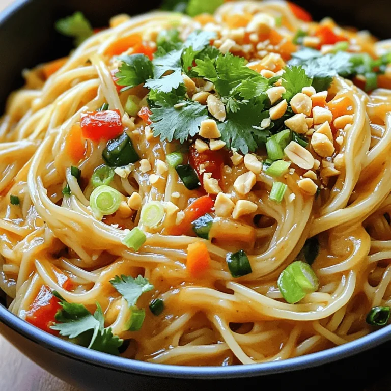 - 8 oz. rice noodles - 1 cup creamy peanut butter - 3 tablespoons soy sauce - 2 tablespoons rice vinegar - 2 tablespoons sesame oil - 2 tablespoons chili paste (adjust to taste) - 2 cloves garlic, minced - 1 tablespoon ginger, minced - Cooked chicken or tofu (optional) - 1 cup shredded carrots - 1 red bell pepper, thinly sliced - 2 green onions, chopped - 1/4 cup chopped cilantro - Crushed peanuts for garnish Having the right ingredients makes all the difference. I love using rice noodles. They soak up flavors well and offer a great texture. Creamy peanut butter gives richness. Soy sauce adds depth, while rice vinegar brings a little tang. Sesame oil completes the flavor with its nutty notes. For some heat, I often add chili paste. Garlic and ginger boost the dish’s aroma. If you want protein, chicken or tofu are great options. Finally, toppings like shredded carrots, red bell pepper, and green onions add color and crunch. Cilantro gives a fresh taste, and crushed peanuts enhance the dish's texture. All these ingredients combine to make a delicious meal you can whip up easily. To cook rice noodles, follow the package instructions. Usually, you need to boil water and add the noodles. Cook them until they are al dente. This means they should still have a slight bite. After cooking, drain the noodles in a colander. Rinsing is very important. Rinse the noodles under cold water right away. This stops the cooking process. It also keeps the noodles from sticking together. In a medium bowl, combine the creamy peanut butter, soy sauce, rice vinegar, and sesame oil. Add the chili paste, minced garlic, ginger, and honey to the mix. Use a whisk to blend everything until it is smooth. If the sauce is too thick, add warm water. This helps adjust the sauce to your liking. In a large bowl, combine the cooled rice noodles, shredded carrots, sliced red bell pepper, and chopped green onions. Mix them well so each ingredient is spread out. Then, drizzle the peanut sauce over the noodle mix. Use tongs or a fork to toss everything together. Make sure each noodle is coated in sauce. If you want to add protein, now is the time. Fold in cooked chicken or tofu for extra flavor and nutrition. Taste your dish! If you want more heat, add more chili paste or soy sauce. This is your chance to customize the flavor. When serving, garnish with chopped cilantro and crushed peanuts. This adds a nice crunch and bright flavor. For an extra touch, consider adding more green onions or a drizzle of sesame oil. Enjoy your vibrant and tasty chili garlic peanut noodles! To avoid sticky noodles, rinse them under cold water. This stops the cooking and removes excess starch. For the best texture, cook the rice noodles until al dente. Follow the package instructions closely, usually about 4-6 minutes. Adjusting spice levels is easy. Start with less chili paste and add more as needed. For dietary needs, swap peanut butter with sunflower seed butter. You can also choose gluten-free soy sauce for a gluten-free version. For a stunning plate, drizzle a bit of sesame oil before serving. Garnish with chopped green onions and crushed peanuts for texture. Pair this dish with a light salad or steamed veggies for a complete meal. {{image_4}} To make this dish vegetarian or vegan, swap chicken for tofu. Tofu adds a nice texture and absorbs flavors well. You can also use plant-based sauces. Check the labels to ensure they are vegan-friendly. You can change the spice level by adjusting chili paste amounts. If you like it hot, add more! For a milder dish, start with less. You can also add fresh chilies for extra heat. Sliced jalapeños or Thai bird chilies work great. Feel free to add other vegetables to your noodles. Broccoli, bell peppers, or snap peas add color and crunch. You might also want to toss in some nuts or seeds for texture. Chopped peanuts or sesame seeds offer a delightful crunch. To keep your chili garlic peanut noodles fresh, follow these steps: - Refrigeration: Place leftovers in the fridge within two hours of cooking. - Containers: Use airtight containers for best results. Glass or BPA-free plastic works well. This way, your noodles stay tasty for up to four days. Always label the container with the date. If you want to save some for later, freezing is a good option. - Guidelines: Let the noodles cool completely before freezing. Portion them into freezer-safe bags. Squeeze out the air to prevent freezer burn. - Reheating: When ready to eat, thaw the noodles in the fridge overnight. Reheat in a pan over low heat. Add a splash of water or sauce for moisture. Enjoy your delicious chili garlic peanut noodles even after a few weeks! Chili garlic peanut noodles last about 3 to 5 days in the fridge. Store them in an airtight container. This keeps the flavors fresh and prevents spoilage. When you’re ready to eat, just reheat them in the microwave or on the stove. Yes, you can use other noodles! Some great options are spaghetti, udon, or soba noodles. Each type of noodle brings a unique texture. Just make sure to cook them according to the package instructions. If you need a substitute for peanut butter, try almond butter or sunflower seed butter. Both options give a nice taste and creamy texture. They work well in the sauce and keep the dish tasty. To make chili garlic peanut noodles gluten-free, use gluten-free soy sauce. You can also choose rice noodles, as they are naturally gluten-free. Ensure all other ingredients are gluten-free too, especially sauces and condiments. Yes, you can prepare chili garlic peanut noodles ahead of time. Cook and mix the noodles and sauce, then store them separately. This helps keep the noodles from becoming mushy. When you’re ready to eat, just combine and heat! Chili garlic peanut noodles are simple and tasty. We covered the key ingredients, like rice noodles and peanut butter. I shared steps for cooking, mixing, and garnishing. You learned tips for perfect noodles and how to personalize the dish. Feel free to adjust spices and add your favorite veggies. This dish is great for any meal. Enjoy your cooking adventure with chili garlic peanut noodles!