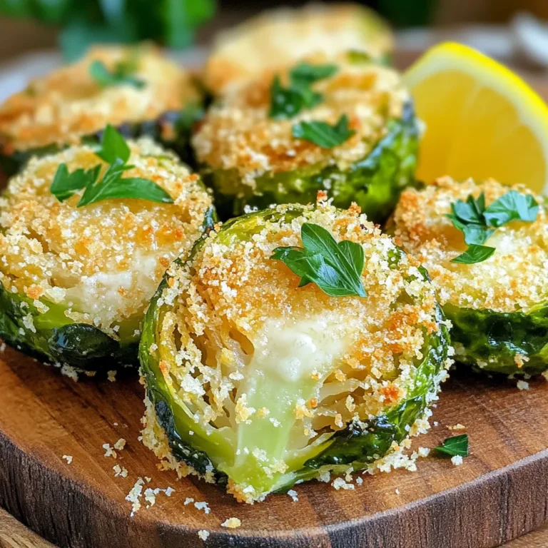 - 1 lb Brussels sprouts, trimmed and halved - 1/2 cup grated Parmesan cheese - 1/2 cup panko breadcrumbs - 2 tablespoons extra virgin olive oil - 2 cloves garlic, finely minced - 1 teaspoon Italian seasoning - 1/2 teaspoon smoked paprika - Salt and pepper to taste - Fresh parsley for garnish The main ingredients for this recipe are simple yet full of flavor. I use fresh Brussels sprouts, which I trim and cut in half. This helps them cook evenly. The Parmesan cheese gives a rich taste, while the panko breadcrumbs add a delightful crunch. For seasoning, I rely on just a few ingredients. Extra virgin olive oil adds a healthy fat and helps the coating stick. Minced garlic brings a strong flavor that complements the sprouts. I like to mix in Italian seasoning and smoked paprika for depth. The salt and pepper are crucial for balancing the flavors. Once you gather these ingredients, you are ready to create a dish that is both tasty and satisfying. Each bite will be crispy and packed with flavor. And don't forget to garnish with fresh parsley for a pop of color and freshness! Start by rinsing the Brussels sprouts under cold water. This helps clean them. Trim off the stem ends, then slice each sprout in half. This step ensures they cook evenly. After cutting, pat them dry with a paper towel. Removing moisture helps them get crispy. In a large bowl, mix the grated Parmesan cheese, panko breadcrumbs, minced garlic, Italian seasoning, smoked paprika, salt, and pepper. Stir well, so all the ingredients blend nicely. This creates a tasty coating for the sprouts. Drizzle the extra virgin olive oil over the halved Brussels sprouts. Use your hands or tongs to toss them, ensuring they are evenly coated. The sprouts should shine but avoid excess oil. Next, transfer the oiled sprouts into the bowl with the breadcrumb mixture. Toss gently to coat each sprout, pressing lightly to help the coating stick. Preheat your air fryer to 375°F (190°C). This should take about 3-5 minutes. Once hot, arrange the coated Brussels sprouts in a single layer in the air fryer basket. Air fry for 12-15 minutes. Shake the basket halfway through to ensure even cooking. Once they are golden brown and crispy, transfer the Brussels sprouts to a serving platter. Garnish with freshly chopped parsley. Serve warm for the best flavor. Enjoy your delicious creation! To get crispy Brussels sprouts, dry them well. After rinsing, trim the ends and slice them in half. Use a paper towel to pat them dry completely. Moisture can make them soggy, ruining the crisp effect you want. Preheat your air fryer before cooking. Set it to 375°F (190°C) for about 3-5 minutes. This step is key to achieving that perfect crunch. You can add fun spices to elevate the taste. Try red pepper flakes for heat, or lemon zest for brightness. These options can make your dish pop. For dipping sauces, consider serving with a garlic aioli or a tangy balsamic glaze. Both go well with the savory flavors of the sprouts. Cooking time may vary based on sprout size. Smaller sprouts need less time, while larger ones may take longer. Start with 12 minutes, but check them. If they are not crispy yet, air fry for another 2 minutes. Keep an eye on them to avoid overcooking. {{image_4}} You can switch up the cheese for a unique taste. Try using cheddar or gouda for extra flavor. For a sharp kick, opt for asiago or feta cheese. Each cheese brings its own twist, so feel free to experiment. Mixing cheeses can also create a complex flavor that is fun and tasty. Brussels sprouts are great, but you can add more veggies too. Carrots and cauliflower pair well with Brussels sprouts. Cut them into similar sizes for even cooking. Toss them in the same coating mix to keep flavors consistent. This variation adds color and nutrition to your dish. You can make this dish vegan with a few easy swaps. Replace Parmesan with nutritional yeast for a cheesy flavor. Use almond milk or a vegan butter in place of olive oil for moisture. Lastly, ensure your breadcrumbs are vegan-friendly. This way, everyone can enjoy the dish without missing out on taste! To store leftover Brussels sprouts, let them cool to room temperature. Place them in an airtight container. This helps keep them fresh. You can refrigerate them for up to three days. If you want to keep them longer, consider freezing. To reheat your sprouts and keep them crispy, use the air fryer. Preheat it to 350°F (175°C). Place the sprouts in the basket for about 5 to 7 minutes. This method helps restore their crunch. You can also use a toaster oven if you don't have an air fryer. Yes, you can freeze Parmesan crusted Brussels sprouts. First, let them cool completely. Then, arrange them in a single layer on a baking sheet. Freeze them for about an hour. Once frozen, transfer them to a freezer bag. They can last for up to three months in the freezer. When ready to eat, cook them straight from frozen for best results. Yes, you can use frozen Brussels sprouts. However, fresh sprouts taste best. If using frozen, thaw them first. Rinse and pat them dry. This helps with crispiness. Frozen sprouts may need extra cooking time. Aim for 15-18 minutes in the air fryer. Check them often for doneness. You can easily make this recipe gluten-free. Substitute regular panko breadcrumbs with gluten-free panko. You can also use almond flour or crushed gluten-free crackers. Ensure all other ingredients are gluten-free, too. This way, everyone can enjoy the dish. These Brussels sprouts pair well with many main dishes. Try them with grilled chicken or fish. They also go great with steak or pork. For a vegetarian option, serve with quinoa or a hearty salad. They add crunch and flavor to any meal. Check for a golden brown color. They should be crisp on the outside. The insides should feel tender but not mushy. A good test is to pierce one with a fork. If it goes through easily, they are done. If not, air fry for a few more minutes. In this blog post, I covered how to make delicious Air Fryer Parmesan Crusted Brussels Sprouts. You learned about the main ingredients, easy steps, and helpful tips to get them crispy. I also shared variations, storage info, and answers to common questions. Embrace the joy of cooking these sprouts. Experiment with flavors, and enjoy them as a side dish or snack. Cooking can be fun, and these sprouts can impress anyone. Get ready to savor a tasty treat!