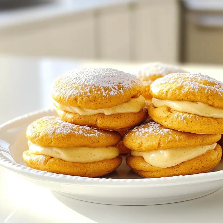 - 2 cups all-purpose flour - 1 teaspoon baking soda - 1 teaspoon baking powder - 2 teaspoons pumpkin pie spice - ½ teaspoon salt These dry ingredients are the base of your whoopie pies. The all-purpose flour gives structure. Baking soda and powder help them rise. Pumpkin pie spice adds the warm, cozy flavor we love in fall. Salt brings balance to the sweetness. - 1 cup granulated sugar - ½ cup packed brown sugar - 1 cup pumpkin puree (canned or fresh) - ½ cup vegetable oil - 2 large eggs - 1 teaspoon vanilla extract These wet ingredients create a rich and moist dough. The sugars provide sweetness and depth. Pumpkin puree adds flavor and moisture. Vegetable oil keeps the pies soft. Eggs bind everything together while adding richness. Vanilla extract boosts the overall taste. - 1 cup cream cheese, softened - ½ cup unsalted butter, softened at room temperature - 2 cups powdered sugar - 1 teaspoon vanilla extract - Pinch of salt The filling is creamy and sweet, perfect for the whoopie pies. Cream cheese and butter create a rich base. Powdered sugar sweetens it and gives a smooth texture. Vanilla extract adds flavor, while a pinch of salt enhances all the tastes. First, preheat your oven to 350°F (175°C). This helps the whoopie pies bake evenly. Next, prepare your baking sheets. Line them with parchment paper to stop the pies from sticking. This simple step makes cleanup easy. In a medium bowl, whisk together the dry ingredients. Combine 2 cups of all-purpose flour, 1 teaspoon of baking soda, 1 teaspoon of baking powder, 2 teaspoons of pumpkin pie spice, and ½ teaspoon of salt. Mixing these well ensures that the flavors blend nicely. In a large bowl, blend the wet ingredients. Combine 1 cup of granulated sugar, ½ cup of packed brown sugar, 1 cup of pumpkin puree, ½ cup of vegetable oil, 2 large eggs, and 1 teaspoon of vanilla extract. Stir until smooth. You want a creamy mixture without lumps. Now, it’s time to combine the dry and wet ingredients. Gently fold the dry mixture into the wet mixture. Stir just until they blend. Be careful not to overmix. This keeps your whoopie pies light and fluffy. Using a cookie scoop or tablespoon, drop rounded balls of dough onto the lined baking sheets. Space them about 2 inches apart to allow for spreading. Bake the whoopie pie bases for 12-15 minutes. They should be set at the edges and spring back when pressed. Let them cool for about 5 minutes. Then, transfer them to wire racks to cool completely. While the cookies cool, prepare the filling. In a mixing bowl, beat together 1 cup of softened cream cheese and ½ cup of softened unsalted butter. Mix until creamy. Gradually add 2 cups of powdered sugar. Continue mixing until smooth. Then, add 1 teaspoon of vanilla extract and a pinch of salt. This filling adds a rich taste to the pies. Once the cookies are cool, it’s time to assemble. Take one cookie and spread about 1-2 tablespoons of the cream cheese filling on the flat side. Place another cookie on top, flat side down, creating a sandwich. Repeat this until all cookies are filled. Enjoy your delicious pumpkin spice whoopie pies! To make the best whoopie pies, avoid overmixing the batter. Overmixing can make your pies tough. Mix the dry and wet ingredients just until combined. This keeps your pies light and fluffy. The right texture is key for your whoopie pies. You want a soft, cake-like base. If the dough is too dry, add a splash more oil. If too wet, add a bit of flour. It’s all about balance. Serving your whoopie pies well makes them special. Use a rustic wooden platter to display them. This adds a cozy feel. Lightly dust the tops with powdered sugar for a sweet touch. For an autumn theme, place cinnamon sticks or mini pumpkins around the pies. This makes your dessert table look inviting and festive. Watch your baking times and temperatures closely. If you bake them too long, they can become dry. Check for doneness at 12 minutes. The edges should be set, and the tops should spring back. Be careful with ingredient substitutions. Using too much pumpkin puree can make the pies soggy. Stick to the recipe for best results. Small tweaks can change the whole texture. {{image_4}} You can make your pumpkin spice whoopie pies even better. One way is to add chocolate chips or nuts. Chocolate chips give a sweet surprise. Nuts add a nice crunch. Another option is to use different spices. Try ginger or nutmeg for a unique twist. Each spice changes the taste and makes it special. The filling is key! You can use cream cheese or buttercream. Cream cheese gives a tangy flavor. Buttercream is sweet and fluffy. You can also try seasonal flavors like maple or caramel. These fillings add different tastes and keep things interesting. If you need gluten-free whoopie pies, use gluten-free flour. Look for blends designed for baking. For dairy-free options, replace butter with coconut oil or a dairy-free spread. Use a dairy-free cream cheese for the filling. These swaps still taste great and keep everyone happy. Store your whoopie pies at room temperature for the best taste. Place them in an airtight container. This keeps them soft and fresh. If your house is warm, you may want to refrigerate them. Just make sure to seal them tightly so they don’t dry out. To freeze whoopie pies, let them cool completely first. Wrap each pie in plastic wrap. Place them in a freezer bag or container. Make sure to remove as much air as possible. They can stay fresh for up to three months. When you're ready to eat, thaw them in the fridge overnight. When stored properly, whoopie pies last about 5 days at room temperature. In the fridge, they can last about a week. Freezing extends their life, keeping them tasty for months. Always check for any changes in texture or smell before eating. Whoopie pies date back to the 1920s in New England. They are said to have started in Maine or Pennsylvania. These sweet treats were made by farmers' wives. They would pack them in lunchboxes for their husbands. The husbands would shout “Whoopie!” when they found them. This fun story gives the pies their name. Over time, whoopie pies grew in popularity and became a favorite dessert across the U.S. Yes, you can use fresh pumpkin. Fresh pumpkin gives a rich flavor. However, it does take more time to prepare. You need to cook, cool, and puree the pumpkin. Canned pumpkin is convenient and saves time. It offers consistent flavor and texture. Both options work well, so choose what fits your needs best! Look for a few signs to know when they are done. The edges should be set, and the tops should bounce back when gently pressed. A toothpick inserted into the center should come out clean. If they are too soft, they need more time. Usually, baking for 12 to 15 minutes is perfect. Absolutely! You can prep the whoopie pies in advance. Bake the pie bases and let them cool completely. Store them in an airtight container. You can make the cream cheese filling too. Just keep it in the fridge until you are ready to fill the pies. Assemble them on the day you plan to serve for the best taste. Pumpkin spice pairs well with many flavors. Consider adding chocolate chips for a sweet twist. Nuts like walnuts or pecans add crunch. You can also use maple syrup for a unique taste. Try pairing pumpkin spice with caramel for a sweet touch. Each of these flavors enhances the pumpkin spice experience! In this article, we explored how to make delicious pumpkin spice whoopie pies. We covered the needed ingredients, both dry and wet, along with the filling. You learned step-by-step instructions to mix, bake, and assemble these treats. As you dive into this fun recipe, remember to keep an eye on your baking time and avoid overmixing. Enjoy experimenting with flavors and fillings for fresh twists. Happy baking!