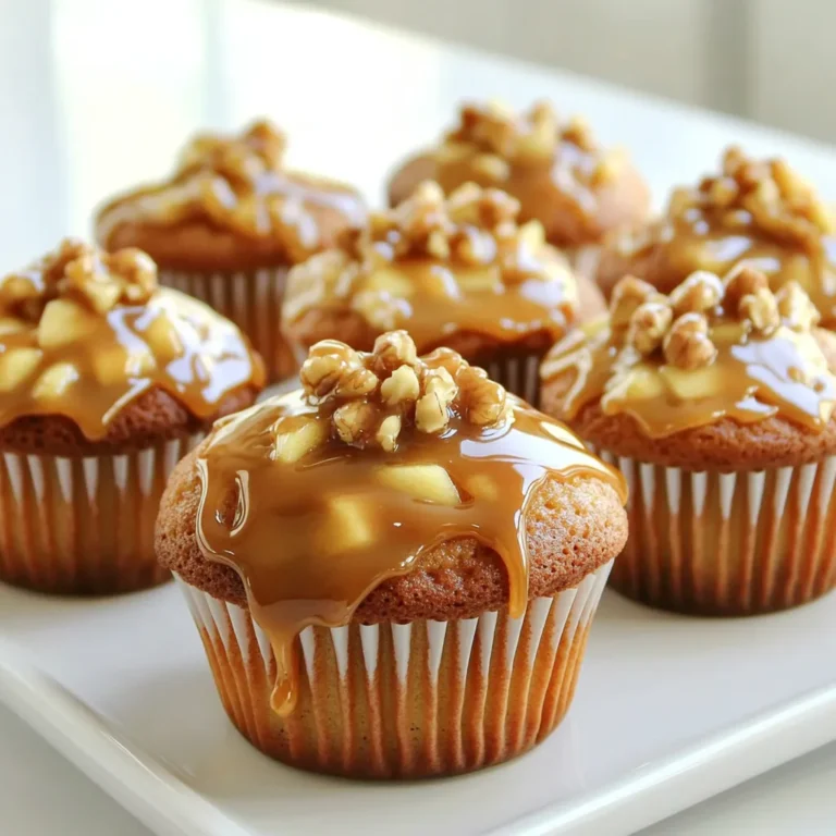 To make delicious caramel apple cupcakes, you need the following ingredients: - 1 ½ cups all-purpose flour - 1 teaspoon baking powder - ½ teaspoon baking soda - ½ teaspoon salt - ½ teaspoon ground cinnamon - ½ cup unsalted butter, softened - 1 cup granulated sugar - 2 large eggs - 1 teaspoon vanilla extract - ½ cup buttermilk (at room temperature) - 1 large apple, peeled and finely chopped (I prefer Granny Smith) - ½ cup caramel sauce (store-bought or homemade) - Optional: Chopped nuts (walnuts or pecans) for a tasty topping These ingredients combine to create a sweet, moist, and flavorful cupcake that celebrates fall. You can customize this recipe by adding chopped nuts on top for a nice crunch or using different types of apples for varied flavors. Each choice enhances the overall experience of these delightful treats. Preheating your oven is key. It ensures even baking. Set it to 350°F (175°C) first. Next, grab a 12-cup muffin tin. Use colorful cupcake liners for a fun touch. These liners make your cupcakes look great! In a medium bowl, add the dry ingredients. This includes 1 ½ cups of all-purpose flour, 1 teaspoon of baking powder, ½ teaspoon of baking soda, ½ teaspoon of salt, and ½ teaspoon of ground cinnamon. Whisk them together well. This step is important for good texture. In a large bowl, use an electric mixer. Beat ½ cup of softened butter with 1 cup of granulated sugar. Mix for about 3-4 minutes. The goal is a light and fluffy mixture. This makes the cupcakes soft and tasty. Now it’s time for the eggs. Add 2 large eggs one at a time. Mix well after each addition. Then, stir in 1 teaspoon of vanilla extract. This gives your batter a nice flavor. Add the dry mixture to the wet ingredients. Do this slowly, alternating with ½ cup of buttermilk. Start with the dry mix and finish with it. Mix until just combined. This keeps your cupcakes tender and delicious. Take your finely chopped apple and ¼ cup of caramel sauce. Gently fold them into the batter. Make sure they are evenly mixed. This adds wonderful flavor bursts in every bite! Spoon the batter into your prepared liners. Fill each about two-thirds full. This allows room for rising. Place the muffin tin in the oven. Bake for 18-20 minutes. Check with a toothpick. If it comes out clean, your cupcakes are ready. After baking, let the cupcakes cool in the pan for 5 minutes. Then move them to a wire rack. Cooling helps keep them fluffy. Once cool, drizzle more caramel sauce on top. If you like, sprinkle chopped nuts for extra crunch. Enjoy your delightful treats! - For frosting, I suggest using cream cheese or buttercream. Both pair well with the apple and caramel flavors. - To enhance presentation, drizzle extra caramel on top. Add a slice of apple for a pop of color. - Keep cupcakes moist by not overmixing the batter. This keeps them tender and light. - If you live at a high altitude, you may need to bake a bit longer. Keep an eye on them after 15 minutes. - Try adding a pinch of nutmeg or allspice for warmth. These spices work well with apple and caramel. - Consider serving with a scoop of vanilla ice cream for a delicious contrast. The creaminess balances the sweetness of the cupcakes. {{image_4}} To make these cupcakes gluten-free, you can use a gluten-free flour blend. Look for blends that include xanthan gum for better texture. Here are some good substitutes: - Almond flour - Coconut flour - Rice flour blend - Oat flour These flours add unique flavors and keep the cupcakes moist. Just remember to adjust the liquid in your recipe as needed. Making a vegan version is easy. You can replace eggs and dairy with plant-based options. Here are some swaps: - Use 1/4 cup unsweetened applesauce for each egg. - Replace buttermilk with almond milk mixed with a splash of lemon juice. - Use vegan butter or coconut oil instead of regular butter. These changes help maintain the cupcake’s texture and taste while keeping it completely vegan. You can spice things up with seasonal flavors. For fall, consider adding: - Nutmeg for warmth - Allspice for depth - Pumpkin spice for a festive twist In spring, try adding lemon zest for a fresh taste. Each season brings a new chance to enjoy these cupcakes in a different way! Store your caramel apple cupcakes in an airtight container. Keep them at room temperature for up to three days. This way, they stay soft and moist. If you want them to last longer, put them in the fridge. Just remember, cold air can dry them out. For best taste, let them come back to room temperature before eating. You can freeze these cupcakes for up to three months. Start by cooling them completely. Wrap each cupcake in plastic wrap tightly. Then, place them in a freezer-safe bag or container. Label the bag with the date. When you’re ready to enjoy them, take out as many as you need. Let them thaw in the fridge overnight or at room temperature for a couple of hours. To reheat your cupcakes, set your oven to 350°F (175°C). Place them in the oven for about 5-10 minutes. This warms them and keeps the texture nice. You can also use the microwave. Heat them for about 10-15 seconds. Be careful not to overheat, or they may dry out. Enjoy your warm caramel apple cupcakes with a drizzle of extra caramel! Yes, you can use other apples. Some great choices include Honeycrisp, Fuji, or Braeburn. These apples add sweetness and flavor. Granny Smith apples are tart and work well in baking. The key is to choose apples that hold their shape when cooked. Making homemade caramel sauce is easy. You only need a few ingredients: - 1 cup granulated sugar - 6 tablespoons unsalted butter - ½ cup heavy cream - 1 teaspoon vanilla extract 1. In a medium pot, heat the sugar over medium heat. Stir until it melts and turns golden brown. 2. Add the butter and stir until melted. 3. Slowly pour in the cream while stirring. Be careful; it will bubble up. 4. Remove from heat and add the vanilla. Let cool before using. To prevent sticking, choose high-quality cupcake liners. Greasing the liners lightly with cooking spray helps too. Ensure your cupcakes cool completely before removing them. This helps the liners peel off easily. You can try adding spices like nutmeg or ginger for extra warmth. Chopped nuts like walnuts or pecans can add crunch. Dried fruits like raisins or cranberries can give nice texture and taste. For a fun twist, add a bit of orange zest for a fresh note. These cupcakes can last up to four days at room temperature. Keep them in an airtight container to stay fresh. Look for signs of spoilage, such as mold or off smells. If they start to dry out, they may not taste as good. In this article, we explored how to make delicious cupcakes. We covered essential ingredients, baking techniques, and creative variations. You learned how to prep your oven, mix the batter, and add exciting flavors. I shared tips for decorating and storing your cupcakes. Remember, baking is about fun and creativity. Don’t hesitate to adapt and personalize your treats. A little experimentation can lead to your next favorite recipe. Enjoy the process, and happy baking!