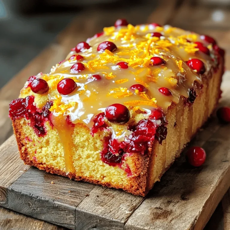 To make a delightful Cranberry Orange Glazed Pound Cake, you will need the following ingredients: - 1 ½ cups all-purpose flour - 1 teaspoon baking powder - ½ teaspoon baking soda - ¼ teaspoon salt - ½ cup unsalted butter, softened - 1 cup granulated sugar - 3 large eggs - 1 teaspoon vanilla extract - Zest of 1 large orange - ½ cup plain Greek yogurt - 1 cup fresh cranberries (or frozen) - 1 cup powdered sugar (for the glaze) - 2 tablespoons fresh orange juice (for the glaze) These ingredients work together to create a moist cake with a bright flavor. The fresh cranberries add a lovely tartness, while the orange zest brings a citrusy brightness. The Greek yogurt keeps the cake soft and fluffy. When you gather these items, make sure the butter is softened. This step is key for a light and airy texture. If you use frozen cranberries, thaw them first to avoid excess moisture. Each ingredient plays a special role, so don’t skip any! - Preheat oven to 350°F (175°C). - Grease and flour a 9x5 inch loaf pan. Start by getting your oven ready. Set it to 350°F (175°C). While that heats up, take a 9x5 inch loaf pan. Grease it well with unsalted butter or a non-stick spray. Dust it with flour to stop the cake from sticking later. - Whisk together flour, baking powder, baking soda, and salt. In a medium bowl, combine 1 ½ cups of all-purpose flour, 1 teaspoon of baking powder, ½ teaspoon of baking soda, and ¼ teaspoon of salt. Use a whisk to mix these dry ingredients together well. This step helps the cake rise nicely. - Cream softened butter and granulated sugar until fluffy. - Add eggs one at a time and mix well. - Stir in vanilla extract and orange zest. Next, take a large bowl. Use an electric mixer to cream ½ cup of softened butter and 1 cup of granulated sugar. Beat until it is light and fluffy, about 3 to 5 minutes. Then, add 3 large eggs one at a time. Mix well after each egg. After that, stir in 1 teaspoon of vanilla extract and the zest of 1 large orange. This will add a great flavor. - Gradually add dry mixture and Greek yogurt, alternating. Now, it’s time to combine. Gradually add the dry mixture to your wet mix. Alternate this with ½ cup of plain Greek yogurt. Start and end with the dry mix. Mix on low speed until just blended. Be careful not to overmix, or your cake will be tough. - Gently fold in cranberries. Take 1 cup of fresh cranberries and gently fold them into the batter. Make sure they are evenly spread throughout without crushing them. This will give your cake bursts of fruity flavor. - Pour batter into the loaf pan and smooth the top. - Bake for 55-60 minutes until a toothpick comes out clean. Pour the batter into the prepared loaf pan. Use a spatula to smooth the top. Bake in the preheated oven for 55 to 60 minutes. To check if it is done, insert a toothpick into the center. It should come out clean when the cake is ready. - Cool in pan, then drizzle with glaze made of powdered sugar and orange juice. Once baked, let the cake cool in the pan for about 10 minutes. Carefully transfer it to a wire rack to cool completely. For the glaze, mix 1 cup of powdered sugar with 2 tablespoons of fresh orange juice in a small bowl. Drizzle this glaze over the cooled cake, letting it flow down the sides. This adds a sweet and tangy finish. To bake the best Cranberry Orange Glazed Pound Cake, measuring is key. Use a kitchen scale for precise amounts. For dry ingredients, spoon flour into the measuring cup, then level it off. This method prevents the cake from being too dense. Do not overmix the batter. After adding the dry ingredients, mix only until combined. Overmixing can make the cake tough. You want a light and fluffy texture, so be gentle! Adjusting the glaze consistency is simple. Start with powdered sugar and orange juice. If it seems too thick, add a bit more juice. If it’s too runny, add more powdered sugar. Aim for a smooth, glossy finish. For decorating, drizzle the glaze in a zigzag pattern over the cake. This adds flair and makes it look fancy. You can also sprinkle some cranberries on top for extra color and flavor. Want more citrus flavor? Zest another orange or even a lemon for a fresh twist. Use a fine grater to get vibrant zest without the bitter white pith. Consider adding warm spices like cinnamon or nutmeg. Just a pinch adds depth and warmth to the cake. Mix spices right in with the dry ingredients for an even blend. {{image_4}} You can switch out cranberries for other fruits. Try blueberries, raspberries, or even diced apples. Each fruit adds its own taste and color. Blueberries give a sweet burst, while raspberries add a tart zing. Apples bring a soft texture and natural sweetness. Just remember to adjust the sugar if you use a sweeter fruit. If you need a gluten-free cake, no worries! Use gluten-free flour blends instead of all-purpose flour. Many brands work well for baking. Look for blends that include xanthan gum, as it helps mimic the texture of regular flour. This way, you still get a soft and moist pound cake. For a dairy-free cake, swap the butter for coconut oil or a dairy-free butter substitute. You can also replace Greek yogurt with almond or coconut yogurt. These swaps keep your cake moist and tasty. Just be sure to check the labels for any added sugars or flavors. Store your Cranberry Orange Glazed Pound Cake at room temperature for up to three days. Wrap it in plastic wrap to keep it fresh. If you prefer, you can refrigerate it for about a week. Just note that refrigeration can change the cake’s texture, making it a bit denser. To freeze the pound cake, wrap it tightly in plastic wrap and then in aluminum foil. This helps prevent freezer burn. You can freeze it for up to three months. When you want to enjoy it, take it out and place it in the fridge overnight to thaw. Once thawed, serve it at room temperature or warm it in the oven. For the best texture, reheat slices in the oven at 350°F for about 10 minutes. This method warms the cake evenly and restores its moistness. You can also microwave slices for about 20 seconds if you need a quick fix, but this might make it a bit dry. Use the toothpick test to check if it is done. Insert a toothpick into the center of the cake. If it comes out clean, your cake is ready. If there is batter on the toothpick, bake for a few more minutes. This simple test helps you avoid underbaking. Yes, you can use frozen cranberries. Just thaw them first. Frozen cranberries may be softer than fresh ones. They can still give great flavor and texture. If you use frozen, add them straight into the batter without extra flour. This helps prevent them from sinking. Pair this cake with hot tea or coffee. The citrus flavor matches well with these drinks. You might also serve it with whipped cream or vanilla ice cream. Fresh fruit on the side can add a nice touch too. The cake lasts for about 3 to 5 days at room temperature. Wrap it well to keep it fresh. You can store it in the fridge for a week. For longer storage, freeze it for up to three months. Make sure to wrap it tightly before freezing. You learned how to make a delicious cranberry orange glazed pound cake. We covered the key ingredients, step-by-step instructions, and helpful tips. You can adjust flavors or make it gluten-free or dairy-free. This cake stores well and can be frozen for later use. Baking is fun, and this recipe is sure to impress. Enjoy your creation, and share it with others! Your new skills will make each bite special.