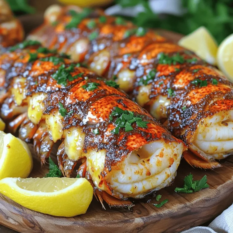 - 4 lobster tails - 1/2 cup unsalted butter - 4 cloves garlic, finely minced - 2 tablespoons fresh parsley, finely chopped - 1 tablespoon fresh lemon juice - 1/2 teaspoon smoked paprika (or regular paprika) - Salt and freshly ground black pepper to taste - Lemon wedges, for serving For this garlic butter lobster tails recipe, I choose fresh ingredients to make the dish shine. The lobster tails are the star, so look for ones that are bright in color and firm to the touch. The unsalted butter brings a rich flavor, while the garlic adds a warm, aromatic touch. Seasoning is just as important. Fresh parsley brightens the dish and adds color. The lemon juice gives a nice tang that cuts through the butter. The smoked paprika gives a subtle depth, making every bite more exciting. Don’t forget about salt and freshly ground black pepper! They help enhance all the flavors. I always like to serve my lobster tails with lemon wedges. They add a fresh pop and make the dish even more special. Each ingredient plays a role in creating a delightful coastal dish that you can enjoy at home. - Preheat the oven to 400°F (200°C). - Using kitchen shears, cut down the middle of each lobster tail shell. Stop just before the base to keep the meat attached. Gently pull the lobster meat upward, resting it on top of the shell. This helps the meat crisp and caramelize. - Melt 1/2 cup of unsalted butter in a small saucepan over low heat. Stir occasionally to prevent burning. - Once the butter melts, add 4 cloves of minced garlic. Stir for 1-2 minutes until fragrant. Avoid browning the garlic as it can taste bitter. - Arrange the lobster tails on a lined baking sheet. Brush the exposed meat generously with the garlic butter mix. Reserve some butter for later basting. - Bake the lobster for 12-15 minutes. The meat should turn opaque and be fully cooked. Halfway through, baste the meat with the reserved garlic butter to keep it moist and add flavor. - After baking, let the lobster tails rest for a couple of minutes. This helps the juices spread through the meat, making it tender and juicy. Cutting the lobster shell is key. Use kitchen shears to cut down the top. Stop before the base to keep the meat attached. This method makes it easy to pull the meat up. Gently lift the meat without breaking it. This helps it cook evenly and look great. Timing is crucial for perfect doneness. Bake the lobster tails for 12 to 15 minutes. Look for opaque meat as a sign they are ready. Halfway through, baste the meat with reserved garlic butter. This keeps the lobster moist and boosts flavor. Serve lobster tails on individual plates for style. You can also use a large platter for sharing. Add bright lemon wedges for color. A sprinkle of parsley adds a fresh touch. These small details make a big difference in how your dish looks. {{image_4}} You can change the taste of garlic butter lobster tails easily. Adding fresh herbs like thyme or basil gives a new flavor. You can also use spices. Try chili flakes for heat or cayenne for a kick. Adding citrus zest, like lemon or lime, brightens the dish. It adds freshness and balances the rich butter. You can grill garlic butter lobster tails for a smoky taste. Grilling adds a nice char and enhances flavor. Just brush them with garlic butter and place them on hot grill grates. Turn them halfway for even cooking. Broiling is another great method. It cooks quickly and gives a charred finish. Place the tails under a broiler for about 10 minutes. Keep an eye on them to prevent burning. Pairing sides with garlic butter lobster tails makes a perfect meal. Light salads with fresh greens and a lemon vinaigrette work well. Roasted vegetables, like asparagus or carrots, add color and texture. Garlic bread is also a great choice. It soaks up any extra garlic butter. For drinks, a crisp white wine or sparkling water complements the dish nicely. To keep your leftover lobster tails fresh, refrigerate them right away. Use an airtight container. Wrap each tail in plastic wrap before placing them in the container. This helps lock in moisture and flavor. When you reheat lobster tails, you want to keep them moist. The best way is to use the oven. Preheat it to 350°F (175°C). Place the tails in a baking dish with a splash of water or broth. Cover with foil to avoid drying out. Heat for about 10-15 minutes or until warm. Yes, you can freeze cooked lobster tails! First, let them cool completely. Next, wrap each tail tightly in plastic wrap. Then, place them in a freezer-safe bag or container. Be sure to remove as much air as possible. For best taste, use within three months. You can tell if lobster tails are cooked by checking their color and texture. Look for these signs: - The meat turns opaque and white. - The flesh pulls away from the shell. - The internal temperature reaches 140°F (60°C). These signs mean your lobster tails are ready to enjoy! Cooking them too long can make them tough. Yes, frozen lobster tails work well in this recipe. Here are some tips: - Thaw them in the fridge overnight for best results. - If you’re short on time, place them in cold water for about 30 minutes. - Pat them dry before cooking to ensure a nice finish. Fresh lobster has a slight edge in flavor, but frozen can still be delicious. Garlic butter lobster tails pair well with many sides. Here are some popular options: - Garlic mashed potatoes - Steamed asparagus or green beans - A fresh garden salad - Rice pilaf or couscous For drinks, try a chilled white wine like Chardonnay or Sauvignon Blanc. These choices complement the rich flavors of the lobster perfectly! You’ve learned how to make delicious garlic butter lobster tails from start to finish. We covered ingredients, steps, cooking tips, and even variations. Remember, the key is to prepare the tails well and use the garlic butter for flavor. This dish impresses at any meal and is easier than you think. Enjoy serving it with your favorite sides. You’ll love how it tastes and looks on your table!