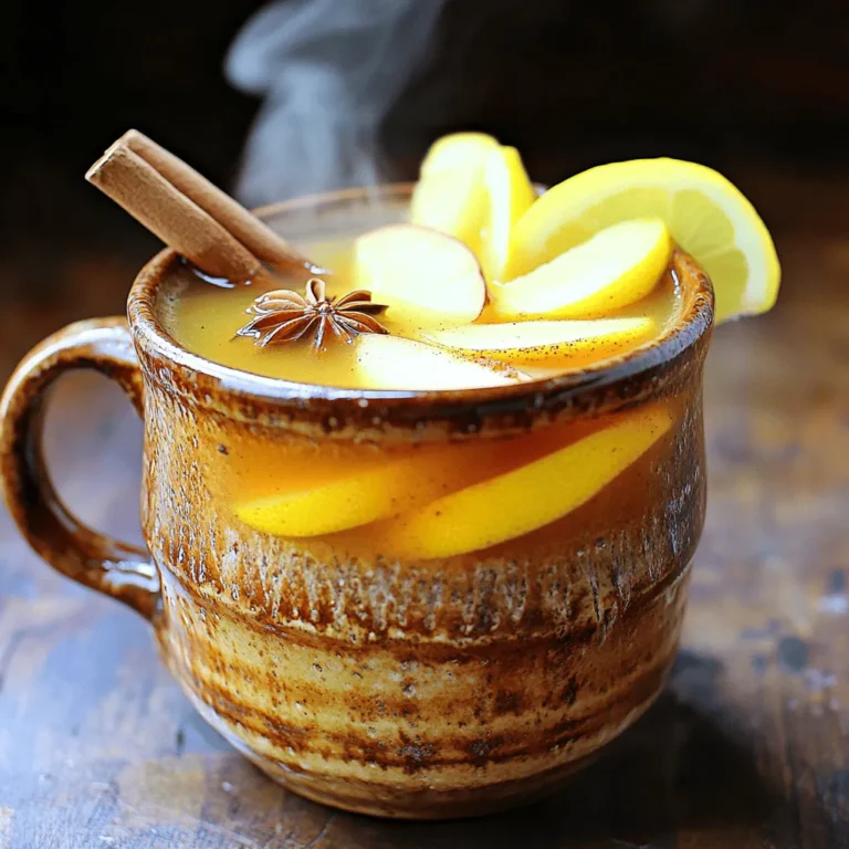 To make a cozy Spiced Apple Cider Hot Toddy, gather these simple ingredients: - 4 cups apple cider - 1 tablespoon honey (or more to taste) - 1 cinnamon stick - 2-3 star anise pods - 3-4 whole cloves - 1 inch piece of fresh ginger, sliced thinly - Juice of half a lemon For a lovely touch, consider these garnishes: - Thinly sliced apples - Thinly sliced lemon These add color and taste to your drink, making it even more inviting. If you prefer different sweeteners, try these options: - Maple syrup - Agave nectar - Brown sugar These alternatives can change the flavor and sweetness of your hot toddy. Experiment to find your favorite! To make the spiced apple cider hot toddy, I start by pouring 4 cups of apple cider into a medium saucepan. I set the heat to medium. As the cider warms, I add 1 tablespoon of honey. I stir gently until the honey dissolves completely. Next, I add 1 cinnamon stick, 2-3 star anise pods, 3-4 whole cloves, and a thinly sliced piece of fresh ginger. These spices create a warm and cozy aroma. I let the mixture heat until it steams, about 5-7 minutes. It’s important not to let it boil. When it’s steaming hot, I remove it from the heat and stir in the juice of half a lemon. This adds a bright flavor to the cider. Next, I carefully strain the spiced cider into mugs, discarding the solid spices and ginger slices. This gives me a smooth drink. While heating the cider, I keep an eye on the pot. I want it steaming but not boiling. Boiling can change the flavor and texture. If you want to speed up the process, use a lid on the pot. This traps heat and warms the cider faster. Just remember to check often to avoid boiling. For a lovely touch, I garnish each mug with thin slices of fresh apples and lemon. This adds a pop of color and extra flavor. I serve the hot toddy warm, perfect for chilly days. You can enjoy this cozy drink by the fire or while relaxing at home. It’s a comforting way to warm up and enjoy the season! To balance flavors in your Spiced Apple Cider Hot Toddy, start with sweet and tart. The honey adds sweetness, while the fresh lemon juice gives a bright, tangy kick. Adjust the honey based on your taste. If it’s too sweet, add more lemon. The spices bring depth, so make sure they complement, not overpower. Infusing spices takes patience but is worth it. Start by adding your spices early in the heating process. This allows the flavor to spread throughout the cider. Use a cinnamon stick for warmth and aroma. Star anise adds a sweet, licorice-like taste. Whole cloves give a rich, earthy feel. Slice fresh ginger to add a zing that brightens every sip. Serve your Spiced Apple Cider Hot Toddy in warm mugs. This keeps the drink hot longer. Strain out spices before serving for a smooth texture. Garnish with thin apple and lemon slices for a pretty look. A sprinkle of cinnamon on top makes it festive. Enjoy it fresh to savor the warm, cozy flavors. {{image_4}} You can enjoy this drink with or without alcohol. For a cozy, warm treat, add a splash of whiskey or rum. This will give your hot toddy a rich, warm flavor. If you prefer a non-alcoholic drink, skip the spirits. The spices and cider still create a lovely, festive drink. Feel free to play with the spices! You can swap out the star anise for allspice or nutmeg. Each spice brings a new twist to the flavor. Try adding cardamom for a unique taste. The key is to experiment and find what you love most. Seasonal fruits add a nice touch. In the fall, use sliced pears or cranberries. During winter, add orange slices for a bright flavor. You can even toss in a few pine needles for a fresh, festive aroma. These additions make the drink more special and fun. Store any leftover spiced apple cider hot toddy in an airtight container. Let the cider cool first. Then, place it in the fridge for up to three days. This prevents it from spoiling and keeps the flavors fresh. If you want, you can also freeze it. Use a freezer-safe container and leave some space for expansion. To reheat, pour the cider into a saucepan. Heat it over medium-low heat. Stir gently to mix the flavors and warm it evenly. Avoid boiling, as this can change the taste. You can also use a microwave. Heat in short bursts, stirring in between, until hot. The spiced apple cider hot toddy lasts three days in the fridge. If frozen, it can last up to three months. Always check for any off smells or changes in color before drinking. If you notice anything unusual, it’s best to discard it. Enjoy your warm drink safely! Yes, you can make Spiced Apple Cider Hot Toddy ahead of time. Prepare the cider, but skip the alcohol. Store it in the fridge for up to three days. When you're ready to serve, heat it gently on the stove. Add your choice of alcohol then. This way, you keep all the flavors fresh and bright. You can use different types of alcohol for your hot toddy. Whiskey is the most popular choice. It adds warmth and depth. Rum can also work well, giving a sweet touch. For a lighter option, try brandy or spiced rum. You can even skip the alcohol if you want a cozy drink for kids or a non-drinker. Spiced apple cider hot toddies can offer some health perks. Apple cider is rich in antioxidants. It may help with digestion. Honey adds soothing properties, especially for sore throats. Ginger can ease nausea and boost your immune system. While not a cure-all, this drink can be a warm comfort during chilly days or when you feel under the weather. This blog post covered how to craft a delicious spiced apple cider hot toddy. We discussed the key ingredients, tasty variations, storage tips, and common questions. You now have steps to make the perfect drink for any occasion. Experiment with flavors and enjoy customizing your hot toddy. Remember, the right mix of spices brings joy and warmth to every sip. Keep these tips in mind, and you’ll impress everyone with your drink-making skills. Enjoy each moment you create, sip by sip.