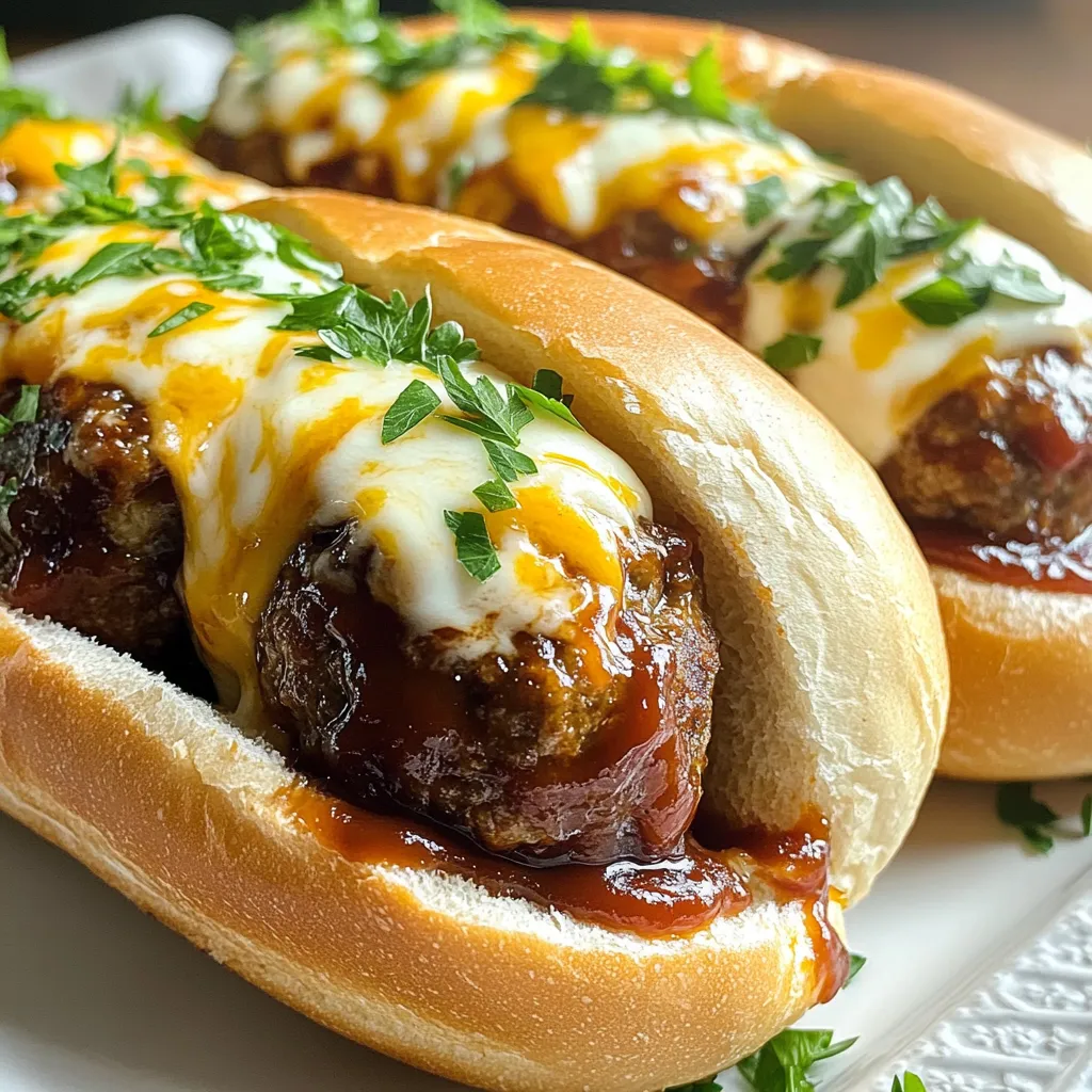 To make these tasty BBQ meatball subs, gather these main ingredients: - 1 lb (450g) ground beef - 1/2 cup breadcrumbs - 1/4 cup freshly grated Parmesan cheese - 1 large egg, beaten - 2 cloves garlic, finely minced - 1 teaspoon onion powder - 1 teaspoon Italian seasoning - Salt and freshly ground black pepper, to taste - 2 cups BBQ sauce (your choice of store-bought or homemade) - 4 sub rolls, ideally hoagie-style - 1 cup shredded mozzarella cheese These ingredients make the meatballs juicy and full of flavor. The ground beef forms the base, while breadcrumbs and cheese give them texture. Next, we add some extra flavor with these ingredients: - 2 cloves garlic, finely minced - 1 teaspoon onion powder - 1 teaspoon Italian seasoning - Salt and freshly ground black pepper, to taste These ingredients enhance the taste of the meatballs. Garlic adds a strong, savory note, while onion powder and Italian seasoning bring warmth and depth. For the perfect finish, consider these tasty toppings: - Shredded mozzarella cheese - Fresh parsley, finely chopped, for garnish Melted mozzarella gives the subs a rich, creamy layer. A sprinkle of fresh parsley adds color and freshness. Enjoy your meal! To start, gather your ingredients. You need ground beef, breadcrumbs, Parmesan cheese, a beaten egg, garlic, onion powder, Italian seasoning, salt, and pepper. In a large mixing bowl, add the ground beef. Then, mix in the breadcrumbs and Parmesan cheese. Next, add the beaten egg and minced garlic. Sprinkle in the onion powder and Italian seasoning. Season with salt and pepper. Use your hands or a spoon to mix everything together. Make sure not to overmix; this keeps the meatballs tender. Once mixed, form the mixture into meatballs that are about one inch wide. Set the meatballs aside on a plate. Now, it’s time to cook the meatballs. Place them in your slow cooker. Pour two cups of BBQ sauce over the meatballs. Make sure each meatball is coated with sauce. This adds great flavor! Cover the slow cooker with its lid. Cook on low for six hours. If you’re short on time, you can cook them on high for three hours. The meatballs are done when they reach 160°F (70°C). Once your meatballs are ready, preheat your oven to 375°F (190°C). Next, take your sub rolls. Carefully split them lengthwise, but don’t cut all the way through. This keeps them connected. Stuff each roll with the juicy meatballs. Drizzle some extra BBQ sauce on top. Then, add a generous amount of shredded mozzarella cheese on each sub. Place the filled rolls on a baking sheet. Bake them in the oven for about ten minutes. You want the cheese to melt and be bubbly. Once they look golden and delicious, take them out. Sprinkle some fresh parsley on top for color. Let them cool for a few minutes before serving. Enjoy your tasty BBQ meatball subs! To create perfect meatballs, start with the right mix. Use a blend of ground beef, breadcrumbs, Parmesan cheese, egg, minced garlic, onion powder, and Italian seasoning. Make sure to mix gently. Overmixing makes meatballs tough. Form the mixture into golf ball-sized meatballs, about 1 inch in diameter. Keep them uniform for even cooking. Place them on a plate and let them rest before cooking. Choosing the right BBQ sauce enhances flavor. You can use store-bought sauces for ease. Look for options that are rich and tangy. If you prefer homemade sauce, combine ketchup, brown sugar, vinegar, and spices for a great taste. Each sauce brings a unique twist. Experiment with different brands to find your favorite. Pair your BBQ meatball subs with tasty sides. Consider serving pickles for a crunchy contrast. Potato chips or fries add a nice crunch too. A fresh salad offers a light option alongside the hearty subs. You can even add coleslaw for some creaminess. Each side can enhance your meal, making it more enjoyable. {{image_4}} You can switch up the meat for your meatballs. Ground turkey or chicken works well. These options give a lighter taste. They still stay juicy with the BBQ sauce. Simply follow the same steps in the recipe. The cooking times may be similar, but always check the meat's internal temperature. If you want a meat-free meal, try veggie meatballs. You can use store-bought ones or make your own. Mix black beans, quinoa, and spices to form meatballs. Another option is to use lentils or chickpeas. They work great in BBQ sauce too. Just ensure they are cooked well in the slow cooker. The bread you choose can change your meal. Classic hoagie rolls are great, but you can also try others. Ciabatta rolls or baguettes add a nice crunch. For a gluten-free option, use gluten-free buns. Each bread will soak up that tasty BBQ sauce in its own way. To store leftover meatball subs, let them cool to room temperature. Then, place them in an airtight container. This keeps them fresh. You can store them in the fridge for up to three days. If you know you won’t eat them soon, freezing is a better option. For meal prep, you can freeze meatball subs easily. First, assemble the subs but do not bake them. Wrap each sub tightly in plastic wrap. Then, place them in a freezer-safe bag. They can stay in the freezer for up to three months. When you're ready to eat, simply thaw them in the fridge overnight. To reheat your meatball subs, there are a few great methods. You can use the oven for best results. Preheat your oven to 375°F (190°C). Unwrap the subs and place them on a baking sheet. Bake for about 10-15 minutes until heated through. This keeps the bread crispy and the cheese melty. If you’re in a hurry, you can use a microwave too. Just heat them for 1-2 minutes, but the bread may get soft. You can use crushed crackers, oats, or ground nuts. Each option gives a nice texture. If you need it gluten-free, try almond flour. Just remember to adjust the amount to match the moisture in your meat mix. Yes, frozen meatballs work great! Just add them to the slow cooker with the BBQ sauce. You may need to cook them a bit longer, about 4 to 5 hours on low. This saves time and effort for busy days. Leftovers last about 3 to 4 days in the fridge. Store them in an airtight container to keep them fresh. Reheat the meatballs in the microwave or on the stove for a quick meal. Absolutely! You can cook the meatballs in a pressure cooker. Add them with BBQ sauce and cook for about 10 minutes on high pressure. Quick and easy, plus you still get that tasty flavor! You learned how to make tasty BBQ meatball subs with easy steps. We covered main ingredients, cooking tips, and ways to mix it up. There are options for meat-loving fans and vegans alike. Storage tips will help you keep leftovers fresh. Remember, you can switch ingredients to match your taste. Enjoy these subs at your next meal. They're fun to make and share!