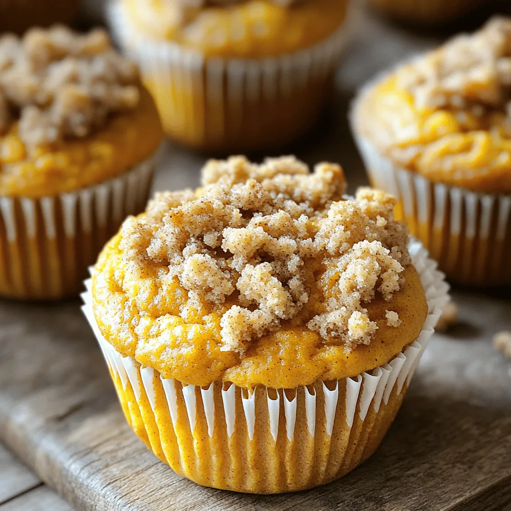 - 1 ½ cups all-purpose flour - 1 teaspoon baking powder - 1 teaspoon baking soda - ½ teaspoon salt - 1 tablespoon ground cinnamon - ½ teaspoon ground nutmeg - 1 cup canned pumpkin puree - ¾ cup granulated sugar - ½ cup packed brown sugar - ½ cup vegetable oil - 2 large eggs - 1 teaspoon vanilla extract - 1 cup chopped walnuts - ½ cup all-purpose flour - ⅓ cup packed brown sugar - 1 teaspoon ground cinnamon - ¼ cup cold butter, cubed I love the mix of flavors in these muffins. The dry ingredients set the base. The flour gives the muffins structure. Baking powder and baking soda help them rise, while salt enhances flavor. Cinnamon and nutmeg add warmth and depth. The wet ingredients bring a soft, moist texture. Canned pumpkin puree not only gives flavor but also keeps muffins tender. Granulated and brown sugars sweeten the mix, giving a lovely caramel note. Vegetable oil keeps them rich and moist. Eggs add structure, while vanilla adds a sweet hint. For a crunchy twist, I often add walnuts. They bring a nice bite. The streusel topping is the star. It’s easy to make and adds a sweet crunch. The flour, brown sugar, and cinnamon blend well. Cold butter gives it that crumbly texture. These ingredients come together to create a muffin that’s not just tasty but comforting. Every bite offers a balance of sweetness and spice. I can’t wait for you to try them! Set your oven to 350°F (175°C). This makes sure your muffins bake evenly. Prepare your muffin tin by lining it with paper liners or spraying it with non-stick cooking spray. This helps with easy removal. In a medium bowl, combine the dry ingredients. Use 1 ½ cups of all-purpose flour, 1 teaspoon of baking powder, 1 teaspoon of baking soda, ½ teaspoon of salt, 1 tablespoon of ground cinnamon, and ½ teaspoon of ground nutmeg. Whisk them together until they blend well. Take a large bowl and mix your wet ingredients. Add 1 cup of pumpkin puree, ¾ cup of granulated sugar, ½ cup of packed brown sugar, ½ cup of vegetable oil, 2 large eggs, and 1 teaspoon of vanilla extract. Stir these ingredients until the mix is smooth and all together. Now, gently fold the dry mix into the wet mix. Be careful not to overmix; it’s okay if a few lumps remain. If you want, add 1 cup of chopped walnuts here for a nice crunch. In a small bowl, prepare the streusel. Mix together ½ cup of flour, ⅓ cup of packed brown sugar, and 1 teaspoon of ground cinnamon. Cut in ¼ cup of cold, cubed butter using a fork until the mix looks crumbly. Spoon the batter into the prepared muffin tin. Fill each cup about ¾ full. Then, sprinkle the streusel topping generously over each muffin for added flavor and texture. Place the muffin tin in the preheated oven. Bake for about 18-20 minutes. To check for doneness, insert a toothpick into the center of a muffin. It should come out clean when they’re ready. After baking, let the muffins cool in the pan for about 5 minutes. Then, transfer them to a wire rack to cool completely. Enjoy these muffins warm for a real treat! - Ensure accurate measurements for best results. - Use room temperature ingredients for better blending. When you bake, precision is key. Use a kitchen scale or measuring cups. This way, your muffins will rise perfectly. Room temperature ingredients mix more easily. They create a smoother batter. - Avoid overmixing to keep muffins fluffy. - Use a toothpick to check for doneness. Mix your batter gently. Overmixing can lead to tough muffins. You want them light and airy. Check if they are done by inserting a toothpick. If it comes out clean, your muffins are ready. - Add cream cheese frosting for extra flavor. - Pair with coffee or tea for a complete treat. A dollop of cream cheese frosting makes these muffins even better. It adds a rich, creamy taste. Enjoy them with a warm cup of coffee or tea. This pairing is perfect for breakfast or a snack. {{image_4}} You can make your muffins even better with different add-ins. If you want a nutty crunch, use pecans instead of walnuts. You can also swap walnuts for chocolate chips for a sweet surprise. Both options will add flavor and texture to your muffins. Change up the spices for a new taste. Add ginger or allspice to the mix for extra warmth. You can also try adding cranberries. They bring a nice tartness that balances the sweetness of the pumpkin and sugar. These small changes can make a big difference in flavor. If you want a vegan treat, you can easily substitute eggs with flaxseed meal. Mix 1 tablespoon of flaxseed meal with 3 tablespoons of water for one egg. This will help bind your muffins. For those who need gluten-free options, just use gluten-free flour instead of all-purpose flour. This way, everyone can enjoy these tasty muffins. You can store your muffins at room temperature. Use an airtight container. They will stay fresh for up to 2 days. This way, they remain soft and tasty. If you want to keep them longer, refrigerate the muffins. They will stay good for up to one week. Just make sure to keep them covered to avoid drying out. Freezing is a great option for long-term storage. You can freeze the muffins for up to 3 months. When you are ready to eat them, just reheat before serving. This keeps them warm and delicious. Yes, but make sure it's puréed and cooked properly. Fresh pumpkin gives a lovely taste. It may take more time to prepare. You can roast or steam the pumpkin until soft. Then blend it into a smooth purée. Use whole wheat flour and reduce the sugar. Whole wheat flour adds fiber and nutrients. You can also swap some sugar for natural sweeteners like applesauce or mashed bananas. This keeps the muffins moist and adds flavor. They pair well with coffee, tea, or a side of yogurt. A warm drink enhances the cozy flavors. Yogurt adds creaminess and protein, making it a balanced snack. You can also enjoy them with honey or jam for extra sweetness. It's best to bake the muffins fresh for optimal texture. However, you can refrigerate the batter for up to 24 hours. Just cover it well to keep it from drying out. When ready, bake them as usual for a warm treat. These cinnamon pumpkin streusel muffins bring joy and flavor to your kitchen. You learned about essential dry and wet ingredients, which create a delicious base. The streusel topping adds a delightful crunch. I shared tips to perfect your baking, along with fun variations and storage advice. Enjoy creating these treats with family and friends. Remember, small changes can enhance flavor and health. Trust these steps to guide your baking journey. Happy baking!