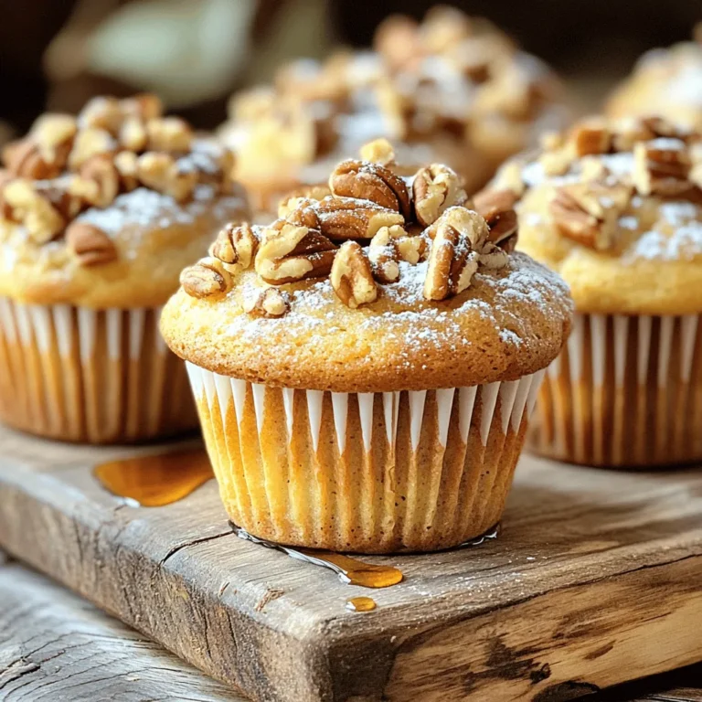 - 1 cup all-purpose flour - 1 cup whole wheat flour - 1 teaspoon baking powder - 1/2 teaspoon baking soda - 1/2 teaspoon salt - 1 tablespoon ground cinnamon These dry ingredients are the foundation of your muffins. The all-purpose flour and whole wheat flour give the muffins a nice texture. Baking powder and baking soda help them rise. Salt enhances the flavor, while ground cinnamon adds warmth. - 1/2 cup unsalted butter, softened - 3/4 cup packed brown sugar - 1/2 cup granulated sugar - 2 large eggs - 1 teaspoon pure vanilla extract - 1 cup buttermilk - 1/2 cup pure maple syrup The wet ingredients bring moisture and sweetness. Softened butter blends well with the sugars, creating a rich base. Eggs add structure and help bind everything together. The vanilla and maple syrup add depth and a sweet aroma, while buttermilk keeps the muffins tender. - 1 cup chopped pecans - Additional pecans for topping Pecans offer crunch and nutty flavor. They enrich the muffin's taste and add texture. Sprinkling extra pecans on top creates a delightful finish. You get both flavor and a pretty look with these toppings. First, preheat your oven to 350°F (175°C). This heat is perfect for baking muffins. While the oven warms up, prepare your muffin tin. You can line it with paper liners or grease it lightly with softened butter. This step keeps your muffins from sticking. In a medium bowl, combine the all-purpose flour, whole wheat flour, baking powder, baking soda, salt, and ground cinnamon. Use a whisk to mix them well. This ensures all dry ingredients blend together evenly. In a large mixing bowl, beat the softened butter with brown sugar and granulated sugar. Use an electric mixer for this task. Mix until the mixture is light and fluffy. This usually takes about 3 to 5 minutes. A good creaming gives your muffins a nice rise. Next, add the eggs to your butter-sugar mix. Do this one at a time, mixing well after each egg. Then, pour in the pure vanilla extract and maple syrup. Keep mixing until the batter is smooth and well blended. Now, it’s time to combine the dry and wet ingredients. Add the dry mix to the wet mix in parts. Start with dry ingredients and end with them. Alternate this with the buttermilk. Stir gently to avoid overmixing. After this, carefully fold in the chopped pecans. Save a handful for later. Using a cookie scoop or a large spoon, fill each muffin cup about two-thirds full of batter. Sprinkle the reserved pecans on top of each muffin for a nice crunch. Place the muffin tin in the hot oven. Bake for 18 to 20 minutes. Check doneness by inserting a toothpick into the center of a muffin. If it comes out clean, the muffins are ready. After baking, let them cool in the tin for 5 minutes. Then, move them to a wire rack to cool completely. To get the best muffins, avoid overmixing the batter. Mix until just combined. This keeps the muffins light and fluffy. When you see flour, stop mixing. Overmixing leads to tough muffins. The right oven temperature is key. Preheat your oven to 350°F (175°C). An accurate temperature ensures even baking. Use an oven thermometer if you're unsure about your oven's settings. Serve these muffins warm for the best flavor. Add a light dusting of powdered sugar on top. This makes them look fancy and taste sweet. For extra maple goodness, drizzle warm maple syrup over each muffin. It adds flavor and makes them even more delicious. I recommend using a non-stick muffin tin. This helps the muffins release easily. If you prefer, you can use paper liners for easy cleanup. You need basic mixing tools to make these muffins. A large mixing bowl and a whisk are essential. An electric mixer helps cream the butter and sugars. Make sure you have a good cookie scoop or large spoon to fill the muffin cups evenly. {{image_4}} You can make these muffins gluten-free. Use a gluten-free flour blend instead of all-purpose and whole wheat flour. This swap keeps the muffins light and fluffy. If you prefer a different sweetener, try honey or agave syrup. These options will give a unique taste while still being delicious. Want to add more fun? You can toss in chocolate chips. They will melt in the warm muffins and add a rich flavor. You can also mix in fruits like blueberries or bananas. They pair nicely with maple and pecans. Just make sure to adjust the batter for extra moisture. For a fall twist, add spices like nutmeg or ginger. These spices warm up the flavor and fit the season perfectly. In summer, brighten the muffins with citrus zests. Lemon or orange zest adds a fresh taste that makes the muffins pop. These small changes keep your muffins exciting all year round. After baking, let your Maple Pecan Coffee Cake Muffins cool down. Place them at room temperature. They stay fresh for about three days. Keep them covered with a clean kitchen towel or in a container. This helps keep them soft and moist. For longer storage, you can use the refrigerator or freezer. In the fridge, muffins can last for up to a week. Make sure to store them in an airtight container. For the freezer, wrap each muffin in plastic wrap and place them in a freezer bag. They will stay good for up to three months. To enjoy warm muffins again, use the oven or microwave. If using the oven, preheat it to 350°F (175°C). Place the muffins on a baking sheet and heat for about 10 minutes. For the microwave, heat each muffin for about 15-20 seconds. This will bring back their soft texture. To stop muffins from sticking, grease the pan well. Use softened butter or cooking spray. You can also use paper liners. If you use liners, make sure they fit snugly. This way, the muffins lift out easily after baking. Yes, you can. If you don't have buttermilk, use milk with vinegar. Add 1 tablespoon of vinegar to 1 cup of milk. Let it sit for five minutes. This makes a great substitute. You can also use yogurt mixed with water or regular milk. Check the muffins after 18 minutes. Insert a toothpick into the center. If it comes out clean, the muffins are done. The tops should look golden brown and spring back when touched lightly. If you have leftover muffins, store them in an airtight container. You can serve them warm the next day. For stale muffins, toast them lightly. Adding butter or maple syrup can help revive their flavor. You can also crumble them into yogurt or ice cream for a tasty treat. You learned how to make delicious muffins from scratch. We covered dry and wet ingredients, as well as tasty add-ins. I gave you clear steps to mix and bake your muffins perfectly. Tips for the best texture and flavor help you improve your skills. Remember, you can try different ingredients for your desired taste. Store your muffins right for freshness. Now, you’re ready to enjoy warm, tasty treats any time!