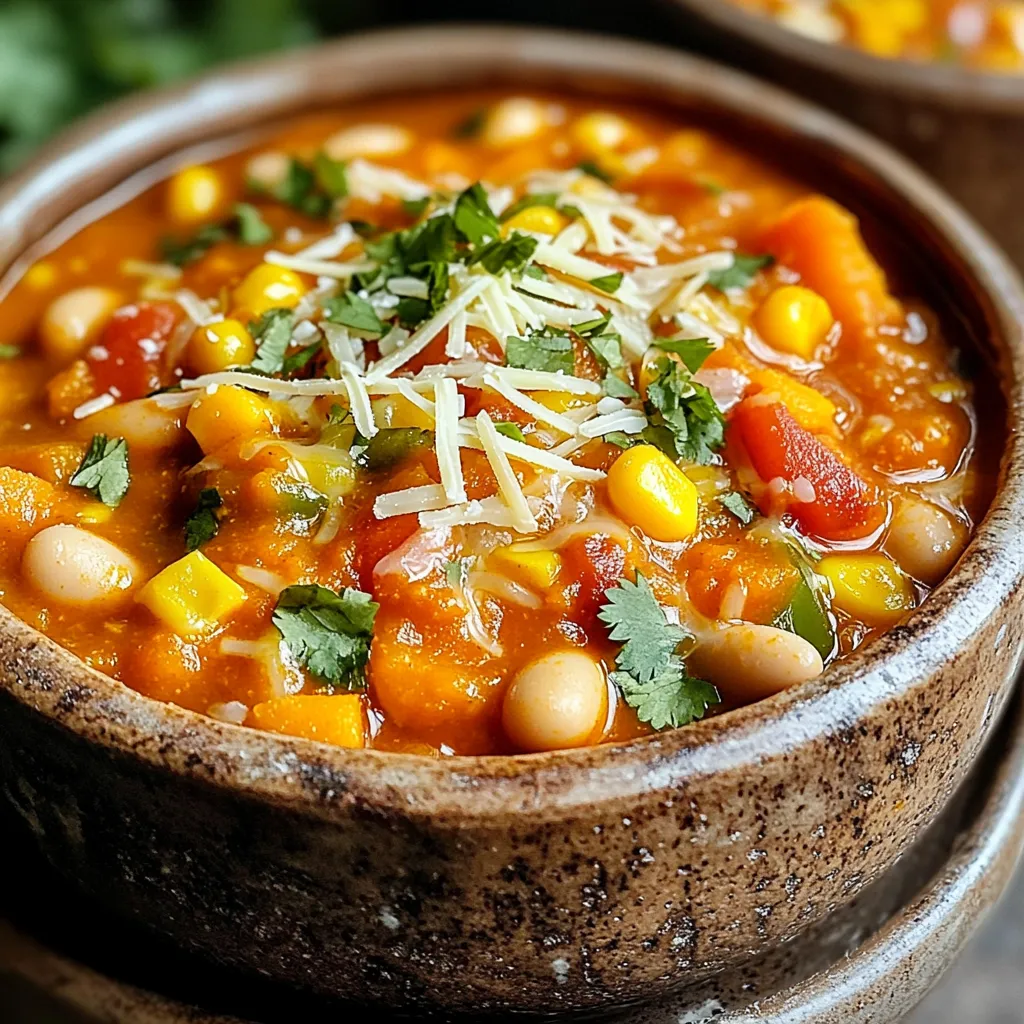 - 2 cups pumpkin puree - 1 can (15 oz) white beans - 1 can (14 oz) diced tomatoes with green chilies - 1 medium onion, finely chopped - 2 cloves garlic, minced - 1 bell pepper, diced - 2 cups vegetable broth - 1 tablespoon chili powder - 1 teaspoon ground cumin - ½ teaspoon smoked paprika - Salt and black pepper Pumpkin white bean chili is a warm, hearty dish. It’s easy to prepare and packed with flavor. The pumpkin puree gives it a smooth texture. White beans add creaminess and protein, making it filling. Diced tomatoes with green chilies offer a touch of heat and tang. I often use fresh ingredients. A finely chopped onion adds sweetness. Minced garlic gives depth. You can choose any bell pepper you like. Red adds sweetness, while green is more savory. For the broth, vegetable broth works best. It adds richness without overpowering the other flavors. Chili powder brings warmth, while cumin adds an earthy note. Smoked paprika gives a subtle smokiness, making the chili more complex. Finally, salt and black pepper enhance all the flavors. This ingredient mix makes a delightful chili. It's great for family dinners or cozy nights in. Plus, you can easily adjust the spices to suit your taste. Start by gathering your ingredients. In the slow cooker, combine: - 2 cups pumpkin puree - 1 can (15 oz) white beans, drained and rinsed - 1 can (14 oz) diced tomatoes with green chilies, including the juices - 1 medium onion, finely chopped - 2 cloves garlic, minced - 1 bell pepper, diced Stir these together well. The pumpkin adds a creamy texture. The beans give protein and fiber. The tomatoes and peppers add flavor and color. Now, mix in these ingredients to boost flavor: - 1 cup corn (fresh, frozen, or canned) - 2 cups vegetable broth - 1 tablespoon chili powder - 1 teaspoon ground cumin - ½ teaspoon smoked paprika - Salt and black pepper to taste Stir everything until well mixed. The broth will help cook the chili evenly. The spices will create a warm, tasty aroma as it cooks. Cover the slow cooker and set the heat. You can choose to cook on low for 6-8 hours or high for 3-4 hours. During cooking, the flavors blend and deepen. After the time is up, taste your chili. Adjust the seasoning if needed. Add more spices or salt if you want. Once satisfied, serve it hot. Enjoy the rich flavors and hearty texture. To make your pumpkin white bean chili even better, add more spices. You can try extra chili powder or cumin. I love to taste it while it cooks. This lets me find the perfect balance. Each time you taste, you can adjust the spices. The flavors will grow rich and deep. If your chili is too thick, add more vegetable broth. Use a little at a time. Stir well after each addition. If it's too thin, let it cook longer with the lid off. This helps it reduce and thicken. You can also mash some beans to help with thickness. This chili pairs well with warm crusty bread. Tortilla chips are also a great choice. For toppings, consider shredded cheese or diced avocado. Fresh cilantro adds a bright touch. A dollop of sour cream makes it creamy and rich. Enjoy experimenting with your favorites! {{image_4}} To keep this chili plant-based, focus on using fresh veggies and beans. Use vegetable broth instead of chicken broth. You can add more beans for protein, like kidney or black beans. Fresh herbs like cilantro can brighten the dish. If you want added creaminess, use coconut milk instead of sour cream. This keeps it vegan while adding a nice flavor twist. If you want to add meat, chicken or turkey works well. Use shredded rotisserie chicken for a quick option. Brown ground turkey in a pan before adding it to the slow cooker. This adds depth to the chili. For a heartier meal, try adding diced beef or sausage. Just make sure to cook it first, then mix it in. The meat adds a nice texture and flavor. To adjust the spice level, start with the basic spices first. If you like it hot, add more chili powder or a pinch of cayenne pepper. You can also add diced jalapeños for extra heat. If it’s too spicy, add a bit of sugar or more pumpkin to balance it out. Taste as you go, and make it just right for you! To store your pumpkin white bean chili, allow it to cool first. Place it in an airtight container. You can refrigerate it for up to five days. For longer storage, freeze the chili. Use freezer-safe bags or containers. Make sure to leave some space for expansion. It can last up to three months in the freezer. When reheating, I suggest using the stove for the best results. Pour the chili into a saucepan. Heat it over medium heat, stirring often. This helps keep the texture smooth. You can also use a microwave. Place it in a microwave-safe bowl. Cover it loosely, then heat in short bursts. Stir between intervals to ensure even heating. In the fridge, your pumpkin white bean chili stays good for about five days. If you freeze it, it will remain safe for three months. However, for the best taste, try to eat it within one month. Always check for any off smells or changes in texture before eating. Enjoy your leftovers while they are still fresh! Yes, you can use fresh pumpkin. Start by choosing a sugar pumpkin. Cut it in half, remove the seeds, and roast it until soft. This usually takes about 45 minutes at 400°F. After roasting, scoop out the flesh and blend it until smooth. You can use this fresh pumpkin in your chili just like the canned puree. It adds a lovely texture and flavor! You have many options for beans! Besides white beans, you can use pinto beans, kidney beans, or black beans. Each type will give a different taste and texture. Feel free to mix and match to find your favorite combo. Just remember to drain and rinse canned beans for the best result. Yes, this recipe is gluten-free. All the ingredients used, like pumpkin, beans, and spices, contain no gluten. Always check labels on canned goods to be safe. If you use any toppings like cheese or sour cream, ensure they are also gluten-free if needed. Enjoy this hearty chili without worry! This blog post guides you in making a tasty pumpkin white bean chili. You start with key ingredients like pumpkin puree and white beans, then add spices for zest. I shared tips to enhance flavor, adjust consistency, and suggested great pairings. You can also explore meat options and how to store leftovers. Now, you have everything you need to enjoy this comforting dish. Try it out, and don’t be afraid to customize it to your taste!