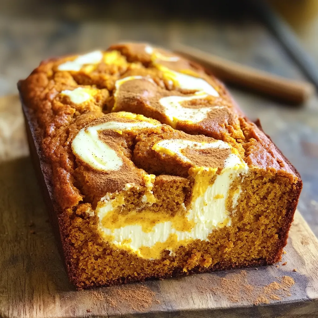 - 1 ½ cups all-purpose flour - 1 teaspoon baking powder - ½ teaspoon baking soda - ½ teaspoon salt - 1 teaspoon ground cinnamon - ½ teaspoon ground nutmeg - ¼ teaspoon ground ginger - ½ cup granulated sugar - ½ cup packed brown sugar - ½ cup vegetable oil - 2 large eggs - 1 cup canned pumpkin puree - 1 teaspoon vanilla extract - 8 oz cream cheese, softened - ¼ cup granulated sugar - 1 large egg - 1 teaspoon vanilla extract The ingredients for this Pumpkin Cheesecake Swirl Loaf are simple yet impactful. Each ingredient plays a key role in creating the perfect balance of flavors. The dry ingredients start with all-purpose flour, which gives the loaf structure. Baking powder and baking soda help it rise. Salt enhances the taste. The warm spices—cinnamon, nutmeg, and ginger—bring that classic fall flavor. For the wet ingredients, granulated sugar and brown sugar add sweetness. The vegetable oil keeps the loaf moist and tender. Eggs bind everything together, while canned pumpkin puree adds richness and flavor. The vanilla extract rounds out the taste. The cheesecake swirl uses softened cream cheese for its creamy texture. Sugar sweetens it up, while an egg helps it set. Vanilla extract gives the swirl a warm note. Each ingredient is important for a delicious outcome. Make sure to measure accurately for the best results. - Preheat the oven to 350°F (175°C). - Prepare a 9x5 inch loaf pan by greasing it and lining the bottom with parchment paper. - In a medium bowl, whisk together 1 ½ cups flour, 1 teaspoon baking powder, ½ teaspoon baking soda, ½ teaspoon salt, 1 teaspoon ground cinnamon, ½ teaspoon ground nutmeg, and ¼ teaspoon ground ginger. - In a large bowl, mix ½ cup granulated sugar, ½ cup brown sugar, and ½ cup vegetable oil. Add 2 eggs, 1 cup pumpkin puree, and 1 teaspoon vanilla extract. Whisk until smooth. - Gradually add the dry mixture to the wet mixture. Stir gently until just combined. Avoid overmixing for the best texture. - In a separate bowl, beat 8 oz cream cheese and ¼ cup granulated sugar until smooth. - Mix in 1 large egg and 1 teaspoon vanilla extract. Beat until creamy and well-blended. - Pour half of the pumpkin batter into the prepared pan. Smooth it into an even layer. - Spoon dollops of the cheesecake mixture on top of the pumpkin batter. Use a knife or skewer to swirl the cheesecake into the pumpkin batter gently. - Pour the remaining pumpkin batter over the top. Repeat the swirling process with the leftover cheesecake mixture. - Bake for 50-60 minutes. Check doneness with a toothpick. If it comes out clean, the loaf is ready. If the top browns too fast, tent it with foil for the last 15 minutes. - Importance of not overmixing: When you mix the batter, do it gently. Overmixing can make your loaf tough. You want a light and fluffy texture, so only mix until you don’t see dry flour. - Temperature check for perfect baking: Always preheat your oven to 350°F (175°C). Use an oven thermometer to ensure accuracy. This helps the loaf bake evenly, leading to the best flavors and texture. - Dusting with powdered sugar: After your loaf cools, sprinkle powdered sugar on top. This adds a sweet touch and makes your loaf look special. It’s a simple trick that elevates the dish. - Using caramel sauce and garnishes: Drizzle caramel sauce over slices for extra flavor. You can also use chopped pecans or whipped cream as garnishes. These elements add taste and visual appeal to your dessert. - Overbaking and underbaking issues: Keep an eye on your loaf as it bakes. If it bakes too long, it will dry out. If it’s underbaked, the center will be gooey. Check doneness with a toothpick. - Mixing tips for a smooth batter: When combining ingredients, start with the wet, then add the dry. Make sure your cream cheese is soft to avoid lumps. This ensures a creamy cheesecake swirl and a smooth loaf overall. {{image_4}} You can change up the taste of this loaf in fun ways. One option is to add chocolate or nuts. Chopped chocolate chips add richness, while nuts give a nice crunch. You could also try using different spices, like cardamom, to give it a warm twist. Cardamom adds a hint of citrus and makes the loaf unique. If you want to make this loaf gluten-free, you can swap the all-purpose flour. Almond flour or a gluten-free blend can work well. Just make sure to check if you need to adjust the baking powder for the new flour. Also, watch the liquid ratio. You may need to add a bit more pumpkin puree or oil to keep it moist. To make this loaf vegan, you can replace the eggs. Flaxseed meal mixed with water works great as an egg substitute. Use 1 tablespoon of flaxseed meal with 2.5 tablespoons of water for each egg. For the cream cheese, look for dairy-free options made from nuts or soy. These swaps will keep your loaf delicious and plant-based! You can store your Pumpkin Cheesecake Swirl Loaf at room temperature or in the fridge. If you plan to eat it within a few days, room temperature is fine. Just wrap it in plastic wrap or foil. For longer freshness, place the loaf in the fridge. This keeps it moist and tasty. To freeze the loaf, wrap it tightly in plastic wrap. Then, put it in a freezer bag. Make sure to remove as much air as possible. This helps prevent freezer burn. When you want to enjoy it, take it out and let it thaw in the fridge overnight. This method keeps the taste and texture great. Your Pumpkin Cheesecake Swirl Loaf stays fresh for about 4-5 days when stored properly. If frozen, it can last for about 3 months. Look for signs of spoilage. If you see mold, or if it smells off, it’s time to toss it. Always enjoy it at its best! Yes, you can make this loaf ahead of time. Here are some tips: - Bake and Cool: Bake the loaf completely and let it cool. - Wrap Well: Wrap it tightly in plastic wrap. This helps keep it fresh. - Store in Fridge: Place the wrapped loaf in the fridge for up to a week. - Freeze for Longer: You can freeze it for up to three months. Just slice it before freezing for easy serving. - Thaw Before Serving: Thaw it in the fridge overnight or at room temperature for a few hours. If you need a substitute for cream cheese, try these options: - Greek Yogurt: Use plain Greek yogurt for a tangy flavor. - Ricotta Cheese: Ricotta works well for a creamy texture. - Silken Tofu: Blend silken tofu for a dairy-free option. - Mascarpone: This adds a rich flavor and smooth texture. These alternatives will change the taste slightly but keep the loaf yummy. To keep your loaf moist, follow these tips: - Don’t Overmix: Mix your batter just until combined. Overmixing can make it dry. - Use Oil: The vegetable oil in the recipe helps keep it moist. - Add a Little Sour Cream: Adding a bit of sour cream can boost moisture. - Check for Doneness: Remove it from the oven as soon as a toothpick comes out clean. - Cool Properly: Let it cool in the pan briefly, then move it to a wire rack. This prevents sogginess. You now have everything needed to make a delicious Pumpkin Cheesecake Swirl Loaf. We covered ingredients, steps, tips, and even ways to adapt the recipe. Remember to mix well but don’t overdo it. From freezing to flavor tweaks, you can make this recipe your own. Enjoy every slice and impress your friends and family. Happy baking!