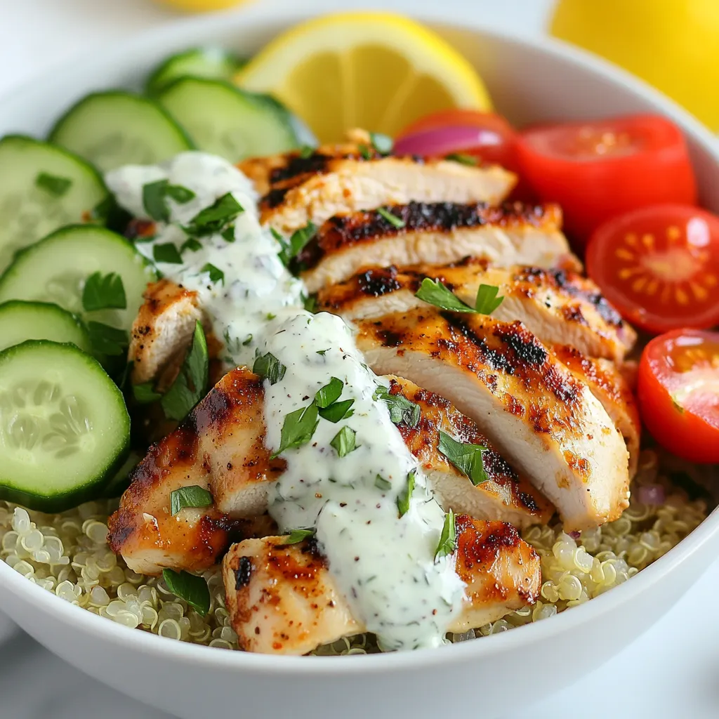- 1 pound boneless, skinless chicken thighs - 1 cup cooked quinoa (white, red, or a mix) - 1 cup cherry tomatoes, halved - 1 cucumber, diced - 1 medium red onion, thinly sliced - 1 cup tzatziki sauce - Fresh parsley and lemon wedges for garnish - 2 tablespoons extra virgin olive oil - 2 teaspoons dried oregano - 1 teaspoon garlic powder - 1 teaspoon onion powder - 1 teaspoon smoked paprika - Salt and freshly ground black pepper I love using boneless, skinless chicken thighs for this recipe. They stay juicy and flavorful. For the base, I use quinoa, which adds protein and fiber. You can pick any color—white, red, or a mix. Next, I add fresh veggies. Cherry tomatoes bring sweetness, while diced cucumber adds crunch. Thinly sliced red onion gives a nice sharp flavor. You’ll also need tzatziki sauce. You can buy it or make your own. It adds creaminess and a cool bite. Garnish with fresh parsley for color and lemon wedges for a zesty touch. The lemon really brightens the flavors. Each ingredient works together to create a fresh and tasty meal! {{ingredient_image_2}} - Preheat the oven to 400°F (200°C). This step is key for even cooking. - In a medium bowl, mix 2 tablespoons of extra virgin olive oil, 2 teaspoons of dried oregano, 1 teaspoon of garlic powder, 1 teaspoon of onion powder, and 1 teaspoon of smoked paprika. Add salt and pepper to taste. This marinade adds great flavor. - Add 1 pound of boneless, skinless chicken thighs to the bowl. Make sure each piece gets coated well. Let the chicken marinate for at least 15 minutes. This wait makes a big difference in taste. - After marinating, spread the chicken on a baking sheet lined with parchment paper. Bake for 25-30 minutes until the chicken is cooked through. The internal temperature should reach 165°F (75°C). - While the chicken bakes, cook 1 cup of quinoa. Follow the package instructions for best results. Fluff it with a fork once done and let it cool a bit. - In a large mixing bowl, combine the cooked quinoa, 1 cup of halved cherry tomatoes, 1 diced cucumber, and 1 thinly sliced red onion. Toss everything gently to mix. - Once the chicken has rested for about 5 minutes, slice each thigh into strips. This helps keep the juices inside. - Divide the quinoa salad mixture among serving bowls. Top each bowl with slices of chicken and drizzle with 1 cup of tzatziki sauce. - Finally, garnish with chopped fresh parsley and serve with lemon wedges. A squeeze of lemon adds a refreshing zing! Marinating your chicken is key for great flavor. It allows the spices to soak in. I suggest marinating for at least 15 minutes. This helps the chicken absorb the olive oil and spices. You can even marinate it overnight for a deeper taste. Baking your chicken just right keeps it juicy. Preheat your oven to 400°F (200°C). Lay the chicken on parchment paper for easy cleanup. Bake for 25 to 30 minutes. Always check the internal temperature. It should reach 165°F (75°C). Let the chicken rest for 5 minutes after baking. This step helps keep the juices inside. Layering your bowl makes it look amazing. Start with quinoa at the bottom. Then, add diced cucumber and halved cherry tomatoes. Place chicken on top in a fan shape. This creates a nice visual and makes it easy to eat. Choose colorful serving bowls to make your meal pop. Bright bowls can enhance the look of your dish. Use white bowls for a clean look. The colors of the food will shine more. Add fresh parsley as a garnish. It adds color and freshness, making your bowl even more inviting. Pro Tips Marinate Longer for Flavor: For even more flavorful chicken, marinate the chicken thighs for up to 2 hours in the refrigerator. This allows the spices to penetrate the meat deeply. Rest the Chicken: Always let the chicken rest for a few minutes after baking. This helps the juices redistribute, making the meat more tender and juicy. Customize Your Toppings: Feel free to add other toppings like feta cheese, olives, or bell peppers to the salad mix for more variety and flavor. Make It Ahead: This dish is great for meal prep! Store the quinoa and chicken separately in the refrigerator for up to 4 days, and assemble when ready to eat. {{image_4}} You can create a tasty vegetarian option by using chickpeas or grilled vegetables instead of chicken. Chickpeas add protein and a nice texture. Grilled zucchini or bell peppers also work well to keep the flavor fresh. If you need a gluten-free meal, choose quinoa as your base. Just skip any wheat-based sauces and check labels on what you buy. For a twist, try different dressings or sauces. A lemon vinaigrette or tahini sauce can brighten your bowl. You can also add olives or feta cheese for a more authentic Greek taste. These add-ins bring richness and a nice salty kick to your meal. Don't hesitate to mix and match to find your favorite combination! To store leftovers safely, place them in an airtight container. This keeps them fresh and prevents odors. You can keep Greek chicken gyro bowls in the fridge for up to three days. After that, they may lose their taste and texture. You can freeze cooked chicken and quinoa. Make sure they are cool before you pack them. Use freezer-safe bags or containers with tight lids. For best results, eat frozen meals within three months. When you want to eat, thaw the chicken and quinoa overnight in the fridge. Reheat in the oven or microwave until hot. This helps keep the flavors intact. Yes, you can use chicken breast. Chicken thighs are juicier and full of flavor. They also stay moist during cooking. Chicken breast can dry out faster if overcooked. If you prefer the taste of breast meat, go for it. Just adjust the cooking time to avoid drying out the chicken. If you want a different sauce, try these options: - Hummus for a creamy texture - Greek yogurt mixed with herbs for a fresh taste - A lemon vinaigrette for a zesty kick These alternatives can add unique flavors to your bowl. Choose what you enjoy most! This recipe takes about 50 minutes in total. Here’s the breakdown: - Prep time: 15 minutes to marinate chicken and prepare ingredients - Cook time: 25-30 minutes to bake chicken and cook quinoa Plan accordingly, so you can enjoy this meal with ease! This article covered a tasty chicken quinoa bowl with fresh veggies and tzatziki. You learned about the simple ingredients, easy steps, and helpful tips for perfecting the dish. Remember, marinating brightens flavors and makes chicken juicy. You can switch ingredients to fit your diet or add new flavors. Whether you’re cooking for yourself or a group, this meal is a hit. Enjoy storing leftovers and feel free to mix it up next time! Happy cooking!