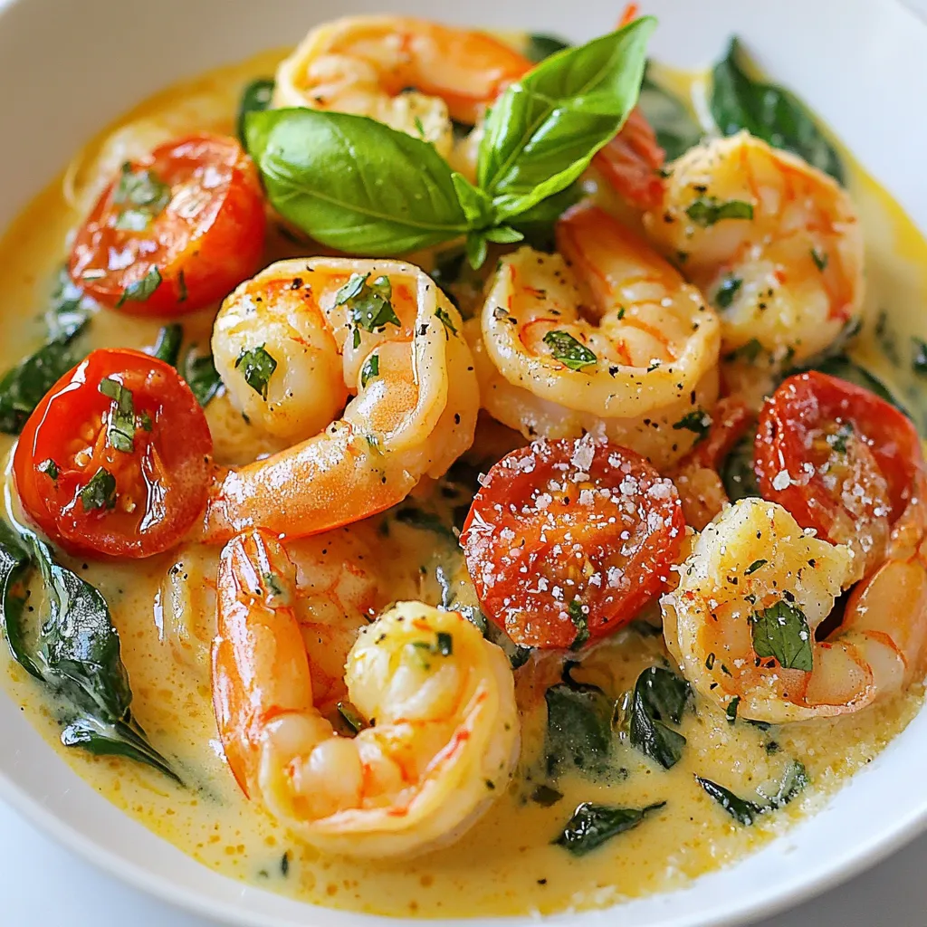 - 1 lb large shrimp, peeled and deveined - 2 tablespoons extra virgin olive oil - 3 cloves garlic, finely minced - 1 cup cherry tomatoes, halved - 1 cup fresh baby spinach - 1 cup heavy cream - ½ cup freshly grated Parmesan cheese - 1 teaspoon Italian seasoning blend - Salt and freshly ground black pepper, to taste - Fresh basil leaves, for garnish You can swap some ingredients if needed. For a lighter sauce, use half-and-half instead of heavy cream. If you prefer a vegan version, try using plant-based cream and tofu instead of shrimp. For extra flavor, add red pepper flakes or fresh herbs like oregano or thyme. {{ingredient_image_2}} 1. Heat the Oil: Start by placing a large skillet on medium heat. Add 2 tablespoons of extra virgin olive oil. Wait until it shimmers. This step takes about 1 minute. 2. Cook the Shrimp: Add 1 pound of peeled and deveined shrimp to the skillet. Season them with salt and freshly ground black pepper. Cook for 2 to 3 minutes. Watch for the shrimp to turn pink and curl slightly. That means they are done. Remove them from the skillet and set them aside. 3. Sauté Garlic and Tomatoes: In the same skillet, add 3 cloves of minced garlic and 1 cup of halved cherry tomatoes. Stir often for about 2 minutes. Look for the tomatoes to soften and release their juices. 4. Add Spinach: Toss in 1 cup of fresh baby spinach next. Cook for another minute. Stir occasionally until the spinach wilts. This adds lovely color and nutrition to your dish. 5. Make the Creamy Sauce: Pour in 1 cup of heavy cream. Then, add ½ cup of freshly grated Parmesan cheese and 1 teaspoon of Italian seasoning. Stir well until the cheese melts and creates a creamy sauce. Let it simmer gently. This step takes about 3 to 4 minutes. 6. Combine the Shrimp: Return the cooked shrimp to the skillet. Stir to coat the shrimp in the sauce. Heat for an additional 2 to 3 minutes. Taste the sauce. Adjust the seasoning if you like with more salt or pepper. 7. Garnish and Serve: Once done, remove the skillet from heat. Top the dish with fresh basil leaves for garnish. Serve it hot over rice or pasta, and enjoy your meal! - Sautéing techniques for shrimp: Start with a hot skillet. Heat your olive oil until it shimmers. Add the shrimp in a single layer. Don't crowd the pan; this helps them cook evenly. Sauté for just 2-3 minutes until they turn pink. Remove them quickly to avoid overcooking. - Tips for achieving the perfect creamy sauce: Use heavy cream for richness. Stir in the Parmesan slowly to let it melt fully. Keep the heat low once you add the cream. This prevents it from curdling. Let the sauce simmer gently to enhance the flavors. - Seasoning adjustments based on personal preference: Always taste your sauce! If you like it spicier, add red pepper flakes. Want more herbs? Fresh parsley or thyme can boost flavor. Adjust the salt and pepper to suit your taste. Cooking is all about personal touches! Pro Tips Fresh Ingredients: Always use the freshest shrimp and vegetables for the best flavor and texture. Fresh ingredients make a significant difference in the overall quality of the dish. Adjusting Creaminess: If you prefer a lighter sauce, you can substitute half of the heavy cream with chicken or vegetable broth. This will still give you a delicious flavor without being too rich. Perfect Seasoning: Taste the sauce before serving and adjust the seasoning as necessary. A touch more salt or pepper can elevate the entire dish, so don’t skip this step! Serving Suggestions: This dish pairs wonderfully with a side of garlic bread or a fresh salad. These sides can balance the richness of the creamy sauce and enhance the meal experience. {{image_4}} You can change the taste of Creamy Tuscan Shrimp by adding spices or herbs. A pinch of red pepper flakes gives a warm kick. Fresh parsley or oregano can add a nice touch too. If you want to switch proteins, consider chicken or salmon. Chicken breast works well if you sauté it first. Salmon adds a rich flavor that pairs great with the cream sauce. For a vegetarian or vegan version, replace the shrimp with firm tofu or chickpeas. Use coconut cream instead of heavy cream to keep it creamy and rich. You can also skip the Parmesan cheese or use a vegan cheese substitute. To keep your Creamy Tuscan Shrimp fresh, follow these tips: - Refrigeration: Store leftovers in an airtight container. They last about 3 days in the fridge. Reheat gently on the stove or in the microwave. Add a splash of cream to restore the sauce's richness. - Freezing: You can freeze this dish, but be aware that the texture may change. The sauce may separate when thawed. To freeze, place the shrimp and sauce in a freezer-safe container. It lasts up to 3 months. - Containers: Use glass or BPA-free plastic containers for storage. They seal tightly and keep the shrimp safe. Avoid metal containers as they may react with the cream. Following these storage tips helps ensure your Creamy Tuscan Shrimp remains delicious and safe to enjoy later. To add heat, try these options: - Mix in red pepper flakes while cooking. - Add sliced jalapeños for a fresh kick. - Stir in hot sauce to your taste. These additions will give your dish a nice spicy twist. Yes, you can use frozen shrimp! Just make sure to thaw them first. - Place them in cold water for quick thawing. - Once thawed, pat them dry before cooking. This helps them sear nicely in the pan. Creamy Tuscan Shrimp pairs well with many sides: - Fluffy white rice absorbs the sauce well. - Pasta, like fettuccine or penne, complements the dish. - A fresh green salad adds a nice crunch. These options create a balanced and satisfying meal. In this blog post, I covered the essential ingredients and how to prepare them for your dish. You learned step-by-step instructions for a delicious meal, plus tips for perfecting the sauce and cooking shrimp. I provided flavor variations and recommended storage methods for leftovers. Remember, cooking is all about creativity and personal taste. Use these guidelines to make the dish your own. Enjoy experimenting and savoring every bite!