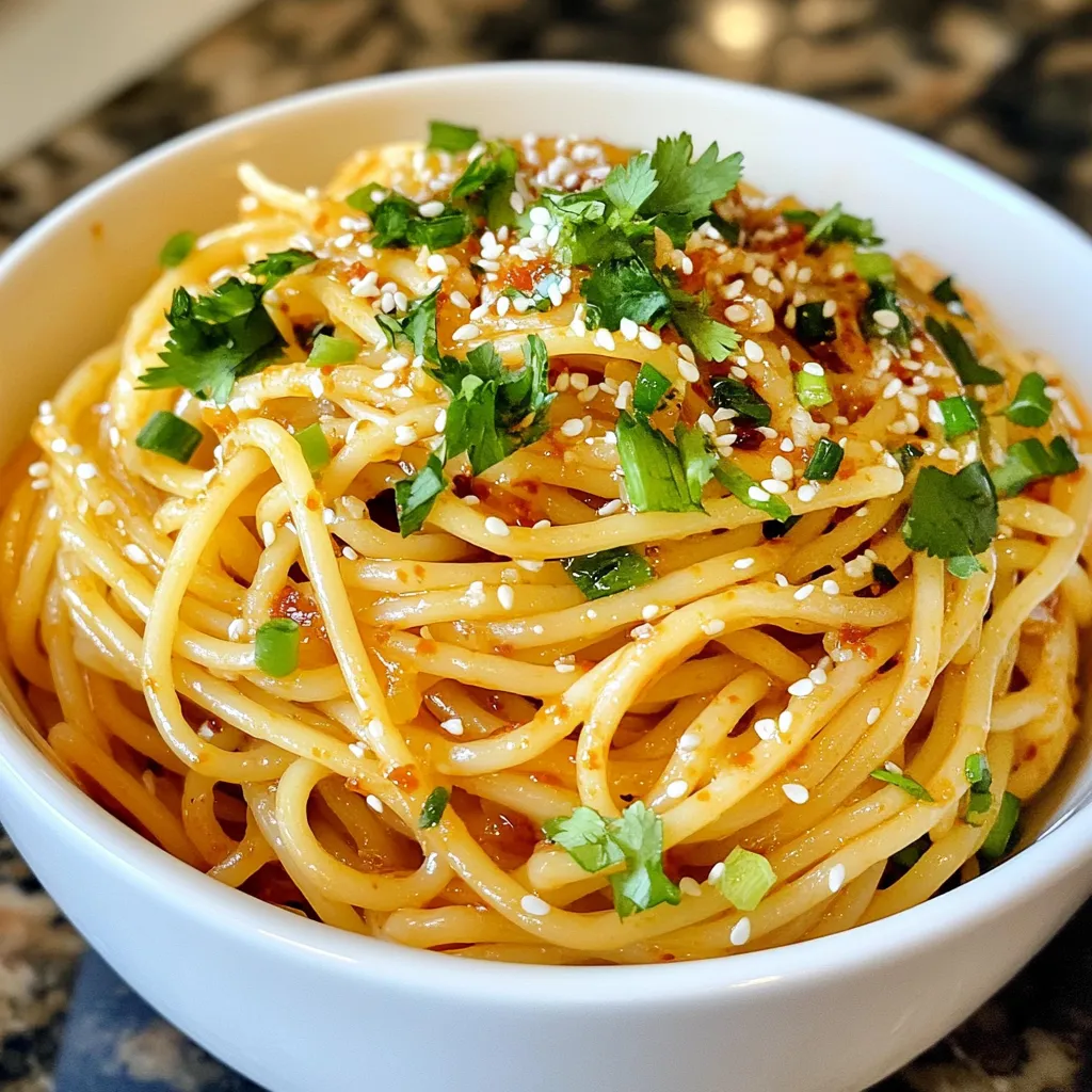 - 8 oz spaghetti or rice noodles - 4 tablespoons vegetable oil - 6 cloves garlic, minced - 1-2 red chilies, finely chopped - 3 tablespoons soy sauce - 2 tablespoons hoisin sauce - 1 tablespoon chili paste (like sriracha) - 2 green onions, chopped - 1 tablespoon sesame seeds (toasted) - Salt to taste - Fresh cilantro leaves for garnish - Large pot for boiling noodles - Large skillet or wok for cooking - Cutting board and knife for chopping - Tongs or spatula for mixing - Measuring spoons for accuracy If you lack some ingredients, here are easy swaps: - Use any pasta instead of spaghetti or rice noodles. - Substitute olive oil for vegetable oil if needed. - Garlic powder can replace fresh garlic in a pinch. - For less heat, skip the red chilies or use bell peppers. - Instead of hoisin sauce, try teriyaki sauce for a different flavor. - You can use lime juice instead of salt for a zesty touch. These substitutions allow you to make spicy garlic noodles with what you have on hand. Enjoy the cooking process! {{ingredient_image_2}} Start by boiling water in a large pot. Once it's boiling, add the spaghetti or rice noodles. Cook them until they are al dente, about 7-9 minutes. Check the package for exact times. When done, drain the noodles and let them cool. Set them aside for later. In a large skillet or wok, heat four tablespoons of vegetable oil over medium heat. Wait until the oil shimmers—it means it's hot enough. Now, add six minced garlic cloves and one to two finely chopped red chilies. Cook for about two minutes. Stir often to avoid burning the garlic. This step makes the kitchen smell amazing. Next, pour in three tablespoons of soy sauce, two tablespoons of hoisin sauce, and one tablespoon of chili paste. Mix well until everything combines. Now, add the cooked noodles into the skillet. Use tongs or a spatula to toss the noodles. Make sure each strand gets covered in that spicy garlic sauce. Cook for an extra two to three minutes. This allows the noodles to soak up all those tasty flavors. Taste the noodles and add salt if needed. Right before serving, fold in two chopped green onions and sprinkle one tablespoon of toasted sesame seeds. Serve the noodles hot and garnish with fresh cilantro leaves for a bright touch. Enjoy! To get the perfect heat, start with one red chili. You can always add more if needed. If you like it hotter, use two chilies. For a milder taste, remove the seeds from the chilies. The seeds hold most of the heat. Always remember to taste as you cook. This helps balance the flavors just right. Heat your oil until it shimmers. This makes the garlic and chilies pop with flavor. Sauté the garlic until it smells good, but don’t burn it! If the garlic burns, your dish can taste bitter. Toss the noodles gently with the sauce to coat every strand. This ensures every bite is full of flavor. To serve, use large, flat bowls. This gives your dish a nice look. Scatter extra sesame seeds and green onions on top for color. A sprig of fresh cilantro adds a lovely touch. This makes the dish inviting and fun to eat. Remember, we eat with our eyes first! Pro Tips Adjust the Spice Level: For a milder dish, reduce the number of red chilies or deseed them before chopping. Conversely, add more chilies or a dash of cayenne if you crave extra heat. Use Fresh Ingredients: Fresh garlic and green onions will enhance the overall flavor of the dish. Avoid pre-minced garlic for the best taste. Don’t Overcook the Noodles: Ensure your noodles are cooked just until al dente. They will continue cooking slightly in the skillet, absorbing the sauce without becoming mushy. Garnish for Extra Flavor: Fresh cilantro and toasted sesame seeds not only add color but also elevate the flavor profile of the dish. Don’t skip these final touches! {{image_4}} You can add protein to make your spicy garlic noodles heartier. For a quick option, try tofu. Just cut it into cubes and pan-fry it until golden. Toss it in with the noodles at the end. Chicken is another great choice. Use bite-sized pieces and cook them in the skillet before adding the garlic and chilies. Shrimp also works well. Add them to the pan after the garlic is fragrant. They cook fast and pair perfectly with the spicy sauce. If you want a vegetarian or vegan meal, skip the meat and focus on veggies. Bell peppers, broccoli, or snap peas add color and crunch. Sauté these veggies with the garlic and chilies. They bring extra flavor and nutrition to the dish. You can also replace hoisin sauce with a vegan version or make it at home. Use soy sauce mixed with a bit of maple syrup for sweetness. This keeps the dish plant-based without sacrificing taste. For a gluten-free version, swap spaghetti for rice noodles. They cook quickly and soak up the sauce nicely. Ensure your soy sauce is gluten-free too. There are many brands available that cater to gluten-free diets. You can also make the dish with zucchini noodles for a lighter twist. Just spiralize the zucchini and cook it briefly. It adds fresh flavor while keeping the meal gluten-free and healthy. After enjoying your spicy garlic noodles, let them cool to room temperature. Transfer the noodles to an airtight container. You can store them in the fridge for up to three days. Make sure to keep the noodles away from strong-smelling foods. This helps maintain their flavor. To freeze the noodles, first ensure they are completely cool. Place them in a freezer-safe bag or container. Squeeze out excess air to prevent freezer burn. You can freeze them for up to three months. When you’re ready to eat, thaw them overnight in the fridge. To reheat your noodles, you can use a few methods. For the best taste, heat them in a skillet over medium heat. Add a splash of water or oil to keep them moist. Stir until they are heated through. You can also use the microwave. Place noodles in a microwave-safe bowl, cover, and heat for one to two minutes. Stir halfway for even heating. Enjoy your meal! Spicy garlic noodles are a quick and tasty dish. They feature noodles mixed with garlic, chilies, and savory sauces. The blend creates a burst of flavor that excites your taste buds. You can use spaghetti or rice noodles, depending on your preference. Yes, you can make spicy garlic noodles ahead of time. Cook the noodles and sauce separately. Store them in airtight containers in the fridge. When ready to eat, just reheat and combine. This way, you save time and enjoy this dish whenever you want. These noodles pair well with many sides. Try serving them with stir-fried vegetables for crunch. You can also add protein, like grilled chicken or shrimp, for a filling meal. A simple salad can add freshness and balance the heat. This blog post showed how to make spicy garlic noodles. We covered ingredients, tools, and substitutions. I shared step-by-step cooking methods and helpful tips. You learned ways to change up your dish with different proteins and dietary options. Plus, I explained how to store the noodles and reheating methods. You can now make tasty spicy garlic noodles at home. Try it, and enjoy the bold flavors!