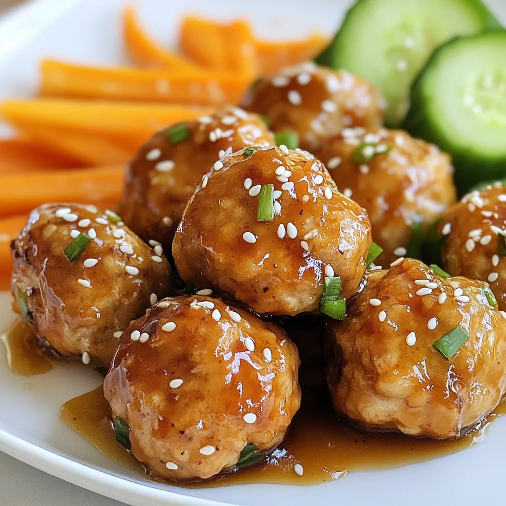- 1 lb ground chicken - 1/2 cup breadcrumbs - 1/4 cup finely chopped green onions - 2 cloves garlic, minced - 1 tablespoon fresh ginger, grated - 2 tablespoons low-sodium soy sauce - 1 tablespoon sesame oil - 1 tablespoon honey - 1/2 teaspoon freshly ground black pepper - 1/4 teaspoon salt - Sesame seeds for garnish - Sliced cucumber and carrots for serving Gather these ingredients for a delicious meal. Ground chicken forms the base of these meatballs. The breadcrumbs help bind the mix together. Green onions add a fresh crunch. Garlic and ginger give a strong taste that shines through. Low-sodium soy sauce brings in umami flavor. Sesame oil adds a nutty touch. Honey sweetens the mix just right. Black pepper and salt enhance the overall flavor. Finally, sesame seeds make a beautiful garnish, while cucumber and carrots add a crisp bite. With these ingredients, you are ready to create a tasty dish that everyone will love. {{ingredient_image_2}} To start, gather all your ingredients. In a large bowl, mix the ground chicken, breadcrumbs, green onions, minced garlic, grated ginger, soy sauce, sesame oil, honey, black pepper, and salt. Use your hands or a spoon to blend everything well. You want a smooth and even mixture. Next, wet your hands with water. This helps prevent sticking. Take small portions of the chicken mix and roll them into balls about 1 inch wide. Place the meatballs on a plate or tray as you form them. Make sure they are spaced out for even cooking later. Before you bake, preheat your oven to 400°F (200°C). This step is key for getting perfect meatballs. While the oven heats, line a baking sheet with parchment paper. This makes cleanup easy and helps the meatballs cook evenly. Once your oven is hot, place the meatballs on the lined baking sheet. Make sure to space them apart so they won't stick together. Bake them for 20 to 25 minutes. The meatballs are done when they are golden brown and reach an internal temperature of 165°F. While your meatballs bake, it's time to make the teriyaki sauce. In a small saucepan, combine 1/4 cup of soy sauce, 1 tablespoon of honey, and a pinch of grated ginger. Heat the mixture over medium-low heat. Stir it often. You want the sauce to warm up and thicken a little. This should take about 5 to 7 minutes. Once the meatballs are baked, take them out of the oven. Drizzle the warm teriyaki sauce over the meatballs. Gently toss them to coat every ball in the sauce. For a great presentation, transfer the meatballs to a nice platter. Sprinkle sesame seeds on top for a fun touch. Serve slices of cucumber and carrots on the side. This adds a fresh crunch that pairs well with the meatballs. Enjoy your meal! - Ensuring moisture and flavor: To keep the meatballs juicy, use fresh ground chicken. You can also add a little more soy sauce or sesame oil. This adds flavor and moisture. - Avoiding overmixing: Mix just enough until combined. Overmixing makes meatballs tough. Use your hands or a spoon to blend the ingredients gently. - Presentation tips: Use a colorful platter for your meatballs. A bright dish makes the meal pop. Sprinkle sesame seeds on top for a nice touch. Add slices of cucumber and carrots around the meatballs for a fresh look. - Suggested dipping options: Serve extra teriyaki sauce in a small bowl. It gives guests a chance to add more flavor to their meatballs. - Alternative proteins: You can use ground turkey or beef instead of chicken. Both options taste great with teriyaki sauce. Adjust cooking times as needed since beef may take longer. - Gluten-free substitutes: If you need gluten-free options, use gluten-free breadcrumbs and soy sauce. These swaps make the dish safe for those with gluten sensitivities. Pro Tips Use Chilled Ingredients: Keeping your ground chicken and other ingredients chilled before mixing helps retain moisture and keeps the meatballs tender. Don’t Overmix: Mix the meatball ingredients just until combined to avoid tough meatballs. Overmixing can lead to a dense texture. Test for Flavor: Before baking, cook a small sample meatball in a skillet to taste and adjust seasoning if needed. This ensures your meatballs are perfectly seasoned. Garnish Creatively: Enhance presentation by using colored garnishes like chopped cilantro or thinly sliced red bell peppers for a pop of color and flavor. {{image_4}} You can make teriyaki chicken meatballs even more fun by turning them into skewers. Grilling adds a smoky flavor and a nice char. If you prefer baking, that works too. For skewers, I like to add vegetables. Bell peppers, onions, and zucchini are great choices. Cut them into chunks and alternate them with meatballs on the skewer. This adds color and crunch. Another tasty way to enjoy these meatballs is in a stir-fry. You can use any vegetables you like. Broccoli, snap peas, and carrots are my favorites. Cook the vegetables first, then add the baked meatballs. Toss everything in the teriyaki sauce for flavor. Serve this over rice or noodles for a complete meal. If you want to mix things up, try different sauces. A spicy teriyaki variation adds heat. Simply add chili paste or sriracha to the teriyaki sauce. For a fresh twist, use a citrus-infused teriyaki sauce. You can mix in orange or lime juice. This gives the sauce a bright flavor. Both variations will keep your taste buds happy! To keep your teriyaki chicken meatballs tasty, store them properly. - Refrigeration tips: Place the meatballs in an airtight container. They stay fresh for up to 3 days in the fridge. Make sure to let them cool before sealing the container. This helps avoid moisture build-up. - Freezing instructions: For longer storage, freeze the meatballs. Arrange them in a single layer on a baking sheet. Freeze until firm, then transfer to a freezer bag. They can last up to 3 months in the freezer. When ready to eat, thaw overnight in the fridge. Reheating meatballs can be tricky. You want them warm without losing flavor. - Best methods for flavor retention: Use the oven for even heating. Preheat it to 350°F (175°C). Place meatballs on a baking sheet. Heat for about 10-15 minutes, or until hot. You can also reheat them in a skillet over medium heat. Add a splash of water or sauce to keep them moist. - Avoiding dryness: Do not overheat the meatballs. This can make them dry. Check them often while reheating. If they seem dry, drizzle a little extra teriyaki sauce over them to restore moisture. To check if the meatballs are done, look for two signs. - Internal temperature: Use a meat thermometer. The meatballs should reach 165°F. This means they are safe to eat. - Visual cues: The meatballs should be golden brown outside. They should not be pink inside. Cut one open to see if the center is cooked through. Yes, you can make these meatballs ahead of time. This is a great way to save time. - Meal prep tips: Prepare the meatballs, but do not bake them. You can store them in the fridge for up to 24 hours. You can also freeze them for longer storage. - Refrigeration and reheating: If you refrigerate, bake them as usual when ready. If frozen, thaw in the fridge overnight. Bake them at 400°F for 25-30 minutes. These meatballs pair well with many sides. They make a great meal when served with the right dishes. - Side dishes and accompaniments: Serve them with steamed rice or quinoa. You can also add stir-fried vegetables for color and crunch. - Ideal pairings for a complete meal: A fresh cucumber and carrot salad adds a nice touch. You can also serve extra teriyaki sauce for dipping. You learned how to make tasty Teriyaki Chicken Meatballs. We covered key ingredients and steps. I shared tips for keeping meatballs moist and flavorful. You also learned about fun variations and side dishes. Remember to try different proteins or sauces to mix things up. Proper storage will keep your leftover meatballs fresh. Enjoy cooking and serving this dish to your family and friends! Your new skills will impress everyone at the table.