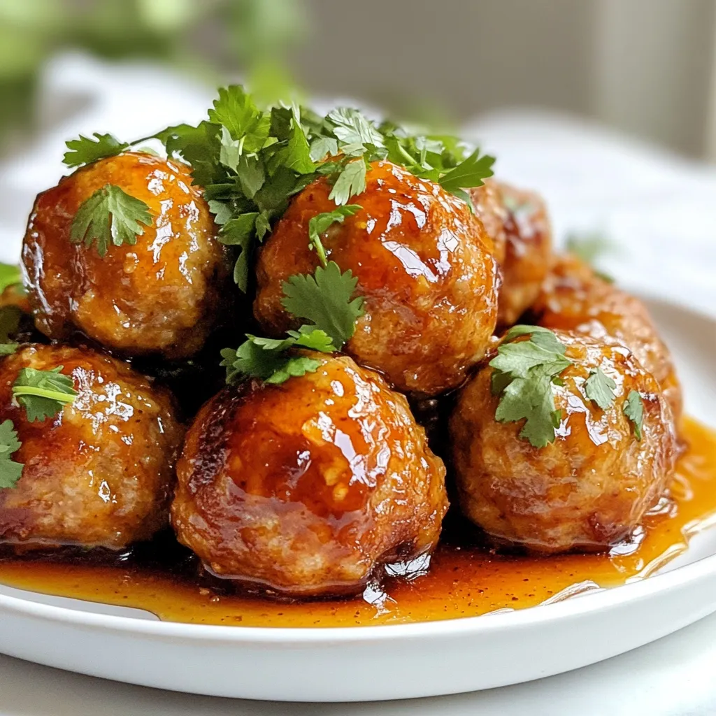To make these tasty turkey meatballs, gather these key ingredients: - 1 lb ground turkey - 1/4 cup breadcrumbs - 1/4 cup freshly grated Parmesan cheese - 1 large egg, beaten - 2 tablespoons honey - 2 tablespoons Sriracha sauce - 1 teaspoon garlic powder - 1 teaspoon onion powder - 1/2 teaspoon salt - 1/2 teaspoon freshly ground black pepper These ingredients work together to create juicy meatballs with a sweet and spicy kick. For a fresh touch, consider these optional garnishes: - 1 tablespoon freshly chopped cilantro Cilantro adds a bright flavor and color to your dish. Pair your Honey Sriracha Turkey Meatballs with these tasty sides: - Steamed rice - Mixed green salad - Roasted vegetables These options balance the meal and complement the meatballs perfectly. {{ingredient_image_2}} Start by preheating your oven to 400°F (200°C). This step is key for cooking the meatballs evenly. Line a baking sheet with parchment paper. This will help keep the meatballs from sticking and make cleaning easier. In a large bowl, add 1 pound of ground turkey. Next, mix in 1/4 cup of breadcrumbs and 1/4 cup of grated Parmesan cheese. Then, add 1 beaten egg, 2 tablespoons of honey, and 2 tablespoons of Sriracha sauce. Sprinkle in 1 teaspoon each of garlic powder and onion powder, plus 1/2 teaspoon of salt and black pepper. Use your hands or a spatula to mix everything gently. Remember, do not overmix; this keeps the meatballs light and fluffy. Now it’s time to shape the meatballs. Scoop out about 2 tablespoons of the mixture. Roll it into a smooth ball with your hands. Place each meatball on the baking sheet, making sure to leave about 1 inch of space between them. This space allows them to cook evenly. Put the baking sheet in your preheated oven. Bake the meatballs for 20 to 25 minutes. They should be golden brown and reach an internal temperature of 165°F (74°C). This ensures they are fully cooked and safe to eat. While the meatballs bake, prepare the glaze. In a small bowl, mix together 1 tablespoon of honey and 1 tablespoon of Sriracha sauce. Stir until the two ingredients blend well. This glaze will add a sweet and spicy kick to the meatballs. Once the meatballs finish baking, take them out of the oven. Carefully brush or spoon the honey-Sriracha glaze over each meatball. For a thicker glaze, return them to the oven for another 5 minutes. This helps the glaze stick and caramelize. When done, let the meatballs cool for a minute. Then, sprinkle with chopped cilantro for a fresh touch. Enjoy your flavorful dish! To keep your meatballs moist, avoid overmixing. When you combine the turkey, breadcrumbs, and other ingredients, use a gentle touch. This helps the meatballs stay tender. Adding a bit of grated cheese, like Parmesan, also adds moisture. If you love heat, keep the Sriracha as is. For a milder glaze, reduce the Sriracha and add more honey. You can start with one tablespoon of each, then taste and tweak. This way, you get the balance that fits your palate perfectly. These meatballs shine on their own but pair well with many sides. Try serving them over rice or in a fresh salad. You can also serve them with toothpicks for a fun appetizer. Drizzle more honey-Sriracha glaze on top for an extra kick. Don't forget to sprinkle fresh cilantro for color and taste! Pro Tips Don’t Overmix: When combining the ingredients for the meatballs, mix until just combined to keep them light and tender. Temperature Check: Use a meat thermometer to ensure the meatballs reach an internal temperature of 165°F (74°C) for safety and juiciness. Customize the Heat: Adjust the amount of Sriracha in the glaze based on your spice preference—more for heat, less for a milder flavor. Serving Suggestions: These meatballs are great as an appetizer or main dish; serve with a side of rice or in a wrap for a complete meal. {{image_4}} You can switch the ground turkey for other meats. Ground chicken works well. You can also use lean beef or pork. Each choice changes the flavor slightly. Choose what you like best. Just keep the same amounts. It will still taste great. To make this dish gluten-free, swap breadcrumbs for gluten-free options. You can use crushed rice crackers or almond flour. Both work nicely. They keep the meatballs light and tasty. Check the labels to ensure they are truly gluten-free. This way, everyone can enjoy them. You can play with the sauce too! If you want less heat, mix honey with barbecue sauce. This creates a sweet and tangy flavor. For a different kick, try adding garlic chili sauce. It gives a nice twist without being too spicy. Get creative and find your favorite flavor combo! After you cook your Honey Sriracha Turkey Meatballs, let them cool down. Place them in an airtight container. Store them in the fridge for up to four days. This keeps them fresh and tasty. When you’re ready to eat, just take them out. To freeze the meatballs, first let them cool completely. Arrange them in a single layer on a baking sheet. Freeze them for about an hour. Once they’re firm, transfer them to a freezer-safe bag or container. Label the bag with the date. You can freeze them for up to three months. This way, you can enjoy them later! When it’s time to reheat, there are a few ways to do it. For the best taste, bake them in the oven at 350°F (175°C) for 10-15 minutes. If you’re in a hurry, you can also use the microwave. Heat them on medium power for about 1-2 minutes. Just make sure they’re hot all the way through. Enjoy your tasty meal! Yes, you can! If you prefer milder flavors, try sweet chili sauce. For more heat, use a hot sauce with a similar consistency to Sriracha. You can also mix different sauces. Just keep the balance of sweet and spicy for the best taste. The best way to check is with a meat thermometer. Insert it into the center of a meatball. It should read 165°F (74°C). If you don’t have a thermometer, cut one open. The meat should be no longer pink inside. These meatballs pair well with many sides. Here are some ideas: - Steamed rice or quinoa - A fresh salad with greens and veggies - Roasted vegetables like broccoli or carrots - Noodles, like rice noodles or spaghetti - A dipping sauce, like extra honey-Sriracha glaze Feel free to mix and match! This blog post explored honey sriracha turkey meatballs. We discussed key ingredients, how to prepare them, and serving ideas. I shared tips for keeping meatballs moist and adjusting spice levels. You can also try various sauces for new flavors. Remember to store leftovers properly for future meals. Enjoy making these meatballs with friends and family! They are sure to impress everyone at your table. With these easy steps, you’ll create a delicious dish everyone loves. Happy cooking!