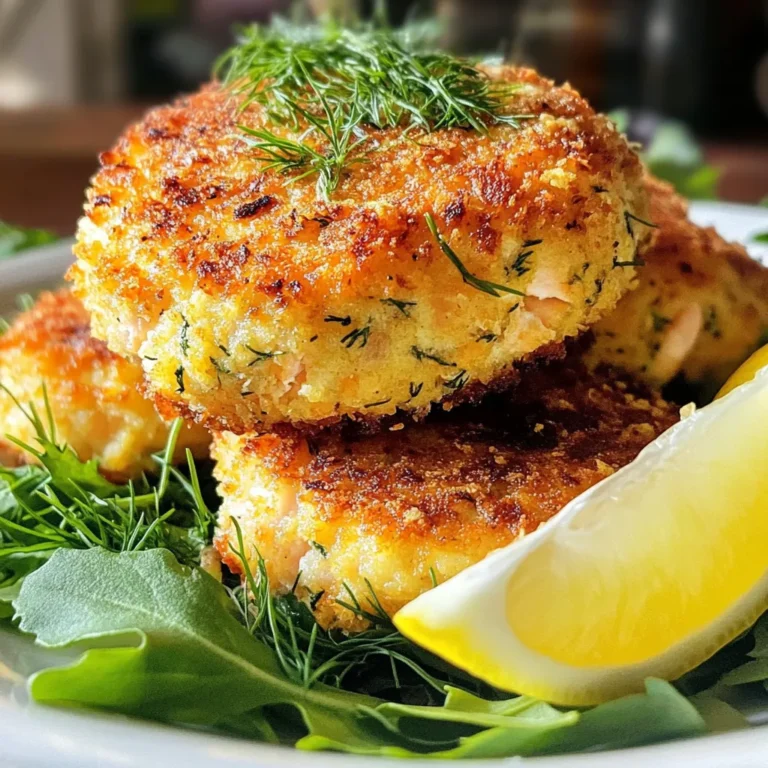- 1 can (14.75 oz) wild-caught salmon, drained and flaked - 1/2 cup whole wheat breadcrumbs - 1/4 cup green onion, finely chopped - 2 tablespoons fresh dill, chopped (or 1 tablespoon dried dill) - 1 tablespoon freshly squeezed lemon juice - Zest of 1 lemon - 1 large egg, beaten - Salt and black pepper, to taste - 2 tablespoons olive oil (for frying) These main ingredients create a base that is fresh and full of flavor. The salmon provides protein, while the lemon and dill add a bright and aromatic touch. Whole wheat breadcrumbs give the patties a nice texture. You can customize your salmon patties with these fun add-ins: - 1/4 cup diced bell pepper for sweetness - 1/4 cup corn for a sweet crunch - 1 teaspoon garlic powder for extra flavor - A pinch of cayenne pepper for heat These options allow you to create a dish that suits your taste. Feel free to mix and match! Each serving (about 2 patties) contains: - Calories: 250 - Protein: 20g - Carbohydrates: 15g - Fat: 12g - Fiber: 2g This recipe is a great choice for a balanced meal. It offers healthy fats from the salmon and olive oil. You also get fiber from the whole wheat breadcrumbs, making it filling and nutritious. {{ingredient_image_2}} Start with a large bowl. Add the flaked salmon, whole wheat breadcrumbs, and finely chopped green onion. Next, include the fresh dill, lemon juice, and lemon zest. Mix gently until all the ingredients blend well. This step is key for flavor. Avoid overmixing; you want the patties to stay tender. After mixing, pour in the beaten egg. Season with salt and black pepper to taste. Stir carefully until just combined. Now, divide the mixture into equal portions. Use your hands to shape each portion into a patty. Aim for patties about 2-3 inches wide and 1/2 inch thick. You should get around 6-8 patties, depending on the size you prefer. Keep them uniform for even cooking. Heat the olive oil in a skillet over medium heat. Wait until the oil shimmers. Carefully place the patties in the hot oil. Don’t overcrowd the pan; cook in batches if needed. Fry for about 4-5 minutes on each side. Look for a golden brown, crispy exterior. When done, transfer the patties to a plate lined with paper towels. This helps absorb extra oil, keeping them light and tasty. To keep your salmon patties tender, avoid overmixing the ingredients. When you blend the salmon with the other items, mix just until they come together. This helps to maintain a soft texture. Also, using breadcrumbs helps bind the patties without making them tough. You can choose whole wheat breadcrumbs for added flavor and health benefits. For the best frying results, heat your olive oil until it shimmers. This shows that the oil is ready. Avoid overcrowding the skillet, as this can cause the patties to steam instead of fry. Cook the patties in batches if needed. Fry each side for about 4-5 minutes until golden brown. This method gives a nice crispy crust while keeping the inside moist. Serve your lemon dill salmon patties on a bed of mixed greens. This adds color and freshness to the plate. You can also add lemon wedges for a zesty touch. A sprinkle of fresh dill on top enhances the dish's look and flavor. Pair it with a side of yogurt sauce or tartar sauce for added creaminess. Pro Tips Chill the Mixture: Refrigerating the salmon mixture for about 30 minutes before forming patties helps them hold their shape better while cooking. Use Fresh Herbs: Fresh dill adds a vibrant flavor, but feel free to experiment with other herbs like parsley or chives for a different twist. Test the Heat: Before cooking all the patties, fry a small test patty first to ensure the oil is at the right temperature and adjust if needed. Storage Tips: Uncooked patties can be frozen for up to a month. Simply layer between parchment paper and store in an airtight container. {{image_4}} You can swap the salmon for tuna or crab. Both options work well in this recipe. If you use tuna, choose solid white albacore for a nice texture. For crab, fresh or canned crab meat is perfect. Just remember to adjust seasoning slightly since crab has a sweeter taste. To boost flavor, try adding garlic or onion powder. A sprinkle of cayenne pepper adds a nice kick. Fresh herbs like parsley or chives can also enhance the taste. For a creamy texture, mix in a bit of Greek yogurt or mayonnaise. This brings richness and moisture to the patties. For a gluten-free version, replace the whole wheat breadcrumbs with gluten-free crumbs. You can also use crushed rice cakes or oats. Make sure all other ingredients are gluten-free too. This way, everyone can enjoy these tasty salmon patties! You can store your Lemon Dill Salmon Patties in the fridge. Place them in an airtight container. They stay fresh for up to three days. Make sure they cool down before sealing them. This helps keep them firm and tasty. To freeze the patties, first, let them cool completely. Then, wrap each patty in plastic wrap. Place them in a freezer bag or container. They can last for about two months in the freezer. When ready to eat, just thaw them overnight in the fridge. To reheat, you can use a skillet or an oven. For a skillet, heat it over medium heat. Add a bit of oil and place the patties in the pan. Cook for about 3-4 minutes per side. For the oven, preheat it to 350°F. Bake for around 10-15 minutes. This keeps them warm and crispy. Enjoy your delicious patties again! Yes, you can use canned salmon. It makes this dish quick and easy. I prefer wild-caught salmon for the best flavor. Just drain and flake it well before mixing. You will know the patties are cooked when they turn golden brown. Each side should take about 4-5 minutes. You can also check the inside. It should be warm and flaky. These patties pair well with fresh salad or steamed veggies. You can add a dollop of sour cream or yogurt for extra creaminess. A side of quinoa or brown rice also works great. Enjoy them with lemon wedges for a zesty kick! In this post, we explored how to make tasty Lemon Dill Salmon Patties. We covered key ingredients, step-by-step cooking, and helpful tips for perfect patties. You learned about variations, storage, and answered common questions. Now, with this knowledge, you can enjoy delicious, healthy salmon patties anytime. Remember to customize them to match your taste. Happy cooking!
