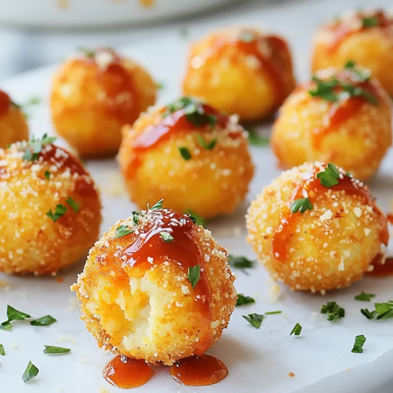 Let’s dive into the tasty ingredients you'll need for Cauliflower Buffalo Pizza Bites. This recipe is simple and fun. Each ingredient plays a key role in making this snack delicious. - Fresh cauliflower florets - Shredded mozzarella cheese - Grated parmesan cheese - Almond flour (or breadcrumbs) - Eggs - Frank's RedHot sauce (or preferred hot sauce) - Garlic powder - Onion powder - Italian seasoning - Salt and pepper - Fresh parsley for garnish (optional) Each item brings its own flavor and texture to the bites. The cauliflower serves as a great base. It adds a nice crunch and absorbs all the tasty spices. Mozzarella and parmesan give a cheesy richness. Almond flour keeps it gluten-free and adds a bit of nuttiness. The eggs help bind everything together, while the hot sauce adds a spicy kick. Garlic and onion powder bring depth, and Italian seasoning adds aromatic herbs. Finally, a sprinkle of parsley gives a fresh touch. With these ingredients, you can create a fun snack that is perfect for game day or any gathering. {{ingredient_image_2}} - Preheat the oven to 425°F (220°C). - Prepare a baking sheet with parchment paper. - Steam cauliflower florets for 5-7 minutes until tender. - Drain and let cool. - Remove excess moisture from cauliflower. - Combine all ingredients in a mixing bowl. - Form small portions (about 1.5 inches) and place on the baking sheet. - Bake for 25-30 minutes until golden and crispy. - Add hot sauce and return to the oven for an additional 5 minutes. - Garnish with parsley and serve with dipping sauces. To make your Cauliflower Buffalo Pizza Bites crispy, moisture removal is key. After steaming the cauliflower, let it cool. Then, use a clean kitchen towel to squeeze out any leftover water. This step helps the bites become crunchy and not soggy. If you use frozen cauliflower, bake them a bit longer. Frozen cauliflower holds more water, so adjust the baking time to get that perfect crisp. Don't be afraid to play with spices! You can add more garlic powder or even some smoked paprika for a different taste. Consider mixing in other spices you enjoy, like cumin or cayenne. You can also experiment with cheese. Try using a blend of cheddar and mozzarella for a richer flavor and different texture. This can make the bites even more enjoyable. These pizza bites shine when paired with dips. Ranch or blue cheese dressing makes a great match. The coolness of the dip contrasts nicely with the spicy bites. For side dishes, consider serving with a fresh salad or veggie sticks. This can balance the meal and add more crunch. Enjoy your game day snack! Pro Tips Choose the Right Cauliflower: Use a fresh head of cauliflower for the best flavor and texture. Look for firm florets without blemishes. Remove Excess Moisture: Pressing the cauliflower to remove moisture is crucial for achieving a crispy texture. Don’t skip this step! Customize the Heat: Adjust the amount of hot sauce according to your spice preference. You can also mix different sauces for a unique flavor! Perfectly Bake for Crunch: For an extra crunchy crust, bake the bites a little longer or broil them for the last minute to achieve a golden finish. {{image_4}} You can make these pizza bites even more fun. Try adding different veggies to the mix. Chopped spinach, broccoli, or bell peppers work great. They add color and nutrition. If you want a vegan version, swap out the cheese. Use plant-based cheese instead of mozzarella and parmesan. This keeps the flavor while making it dairy-free. If you love heat, this is for you! You can boost the spice by adding more hot sauce. Just mix in an extra tablespoon to the mixture. For an even bigger kick, toss in chili flakes or diced jalapeños. This will make your pizza bites super spicy and tasty! You can easily make these bites gluten-free. Instead of breadcrumbs, use more almond flour. This keeps the texture right. Be sure to check all your ingredients for gluten. Some sauces or seasonings may have hidden gluten. Always read labels to stay safe! Store the Cauliflower Buffalo Pizza Bites in an airtight container. Glass or plastic containers work well. Keep them in the fridge for up to 3 days. If you want to enjoy the bites later, make sure they cool completely before sealing. To freeze these pizza bites, first let them cool fully. Place them in a single layer on a baking sheet. Once frozen, transfer them to a freezer-safe bag or container. They can stay fresh in the freezer for up to 2 months. This method helps keep them from sticking together. To reheat, take the frozen bites and place them on a baking sheet. Bake at 400°F (200°C) for about 20-25 minutes, until they are hot throughout. When cooking directly from the freezer, no need to thaw. Just add a few extra minutes to the baking time. Keep an eye on them. The bites should turn golden brown and crispy. Cooking time may vary, so check for doneness as needed. Yes, you can use frozen cauliflower. Just make sure to thaw it first. Drain any excess water well. This helps keep the texture right. You may need to adjust baking time. Frozen cauliflower might need a few extra minutes in the oven. You can use crushed crackers or cornmeal as a substitute. If you want a gluten-free option, use more almond flour. These options will help keep the pizza bites together. Experiment to find what you like best. To add more heat, increase the hot sauce amount. You can also mix in chili flakes or diced jalapeños. This adds a nice kick to the flavor. Adjust based on your spice preference. Yes, you can make them without cheese. Just replace the cheese with more cauliflower or a dairy-free alternative. The bites may be less creamy but still tasty. Adjust the other ingredients to maintain the mixture’s consistency. The best way to reheat them is in the oven. Preheat to 350°F (175°C) and bake for about 10 minutes. This keeps them crispy. You can also use an air fryer for about 5 minutes. These Cauliflower Buffalo Pizza Bites are easy to make and fun to eat. We covered the ingredients, cooking steps, and different ways to customize the recipe. Remember to remove moisture for crispiness and feel free to experiment with spices and dips. You can even make vegetarian or spicy versions. These bites freeze well and reheat easily, ensuring tasty snacks whenever you want. I hope you enjoy making and sharing these bites as much as I do!